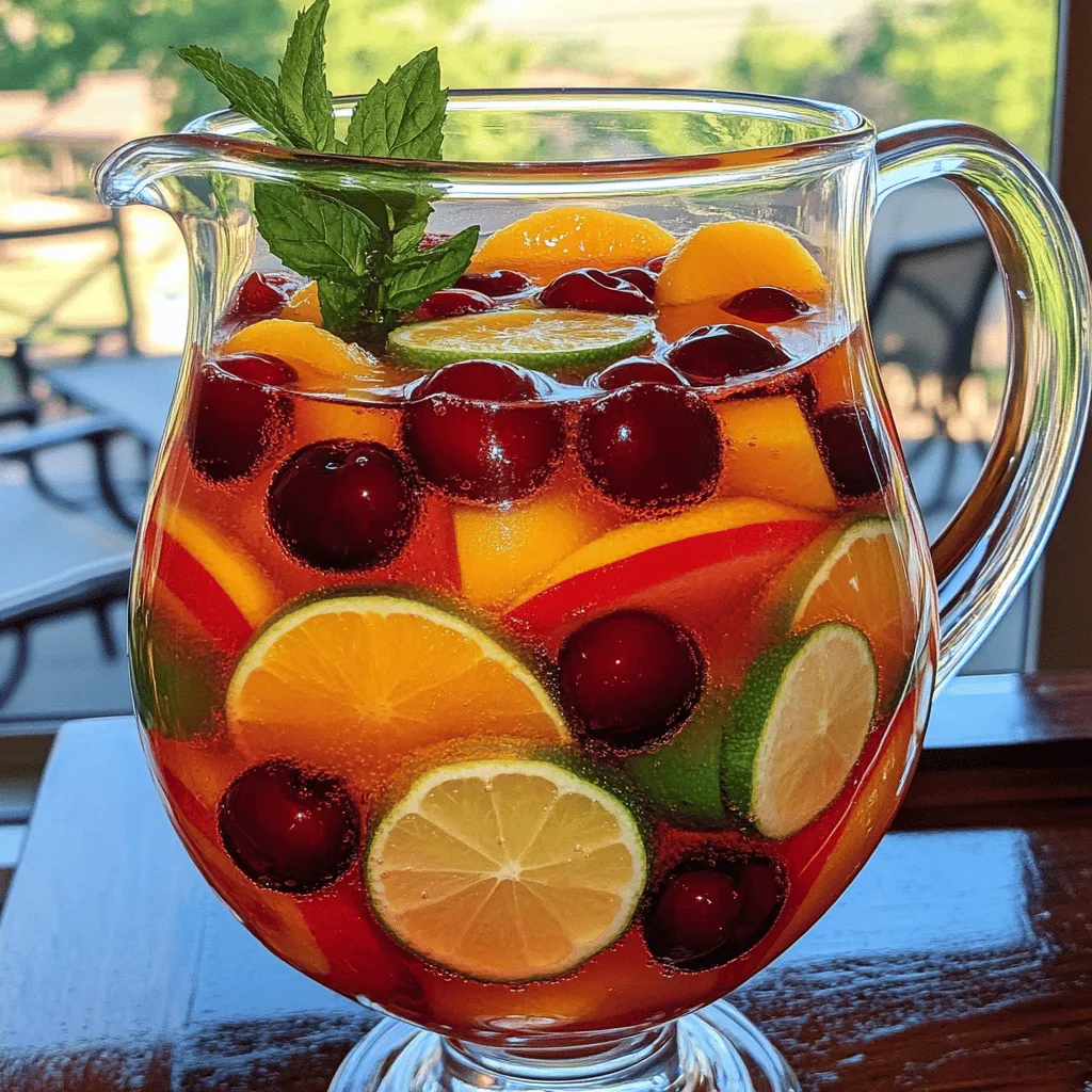 To make Sunset Cherry Peach Sangria, gather these key items: - 2 cups cherry juice (100% juice, no added sugar) - 1 cup peach nectar - 1 cup sparkling water - 1 cup fresh cherries, pitted and halved - 1 ripe peach, sliced - 1 orange, sliced - 1 lime, sliced - A handful of fresh mint leaves - 1 tablespoon agave syrup or honey (optional, for sweetness) Each ingredient plays a role in creating a balanced flavor. Cherry juice adds a rich taste and deep color. Peach nectar brings sweetness and a hint of floral notes. Fresh fruits like cherries, peaches, oranges, and limes give the drink a fresh burst of flavor. You can adjust the sweetness with agave syrup or honey, depending on your taste. To prepare your sangria, use these tools: - Pitcher - Measuring cups - Stirring spoon A pitcher is key for mixing all the ingredients. Measuring cups help you get the right amounts. A stirring spoon is perfect for blending flavors together. With these tools, you will make the process smooth and easy. For the full recipe, check out [Full Recipe]. To start, take a large pitcher. Combine 2 cups of cherry juice and 1 cup of peach nectar. Stir well to mix these two tasty drinks. Next, add in the fresh fruits. Use 1 cup of pitted cherries, a sliced peach, an orange, and a lime. Each fruit adds its own flavor to the sangria. The colorful mix looks great and tastes even better. Now, let’s make it sweeter if you like. You can mix in 1 tablespoon of agave syrup or honey. Stir until the sweetener dissolves. This step is optional, but it makes the drink even yummier. Next, pour in 1 cup of sparkling water. This gives the sangria a nice fizz. Gently stir again to combine everything. Now it’s time to let the flavors meld. Place the pitcher in the fridge for at least 30 minutes. This chilling time helps the fruits release their juices. When ready to serve, pour the sangria over ice. Add a sprig of mint or a slice of peach for a pretty touch. Enjoy this refreshing drink with friends or family. The full recipe can be found above for easy reference. To make your Sunset Cherry Peach Sangria shine, focus on the sweetness. You can adjust it easily. If you like it sweeter, add agave syrup or honey. Start with one tablespoon, then taste it. You can always add more. Balancing flavors is key. The cherry juice and peach nectar work well together. The fresh fruits add freshness. The orange and lime bring a nice zing. Always taste your mix. If it needs more depth, add more fruit or a splash of juice. Choose the right glassware to elevate your drink. I love using large wine glasses or fun mason jars. They show off the colors and fruits beautifully. This adds to the experience. Garnish is where you can get creative. A sprig of fresh mint looks great. You can also add a slice of peach or a few cherries on top. It makes your sangria pop and invites people to take a sip. {{image_2}} You can mix and match fruits to make your Sunset Cherry Peach Sangria even more exciting. Here are some tasty ideas: - Berries: Add strawberries or blueberries for a burst of color and flavor. - Citrus: Lemons or grapefruits can give your drink a zesty kick. - Melons: Watermelon or cantaloupe slices add a refreshing touch. - Tropical Fruits: Pineapple chunks bring a sweet, sunny vibe. If you want to switch up the juices, try these options: - Pineapple Juice: It pairs well with cherries and peaches. - Apple Juice: This juice gives a crisp, sweet flavor. - Lemonade: For a tangy twist, mix in some lemonade. To give your sangria an adult twist, consider adding wine or spirits. Here are some ideas: - Red Wine: A dry red wine works well with cherry juice. - White Wine: Use a fruity white for a lighter drink. - Sparkling Wine: Champagne or prosecco adds bubbles and fun. For those who prefer not to drink alcohol, you can make a great alcohol-free version. Here are some choices: - Soda: Use lemon-lime soda for a fizzy alternative. - Non-Alcoholic Wine: There are many good options on the market. - Flavored Sparkling Water: Look for cherry or peach flavors for a nice touch. The key is to find combinations that you love. Enjoy experimenting with your own variations! Store your Sunset Cherry Peach Sangria in the fridge. Use a large glass pitcher or a sealed jar. Keep it covered to prevent the drink from absorbing other smells. This helps keep the flavors fresh and bright. If you have leftovers, pour them into a clean container. A mason jar works well for this. Make sure to leave some space at the top. This allows the fizz to stay longer. How long does it last? Your sangria will stay fresh for about 3 days in the fridge. The best taste is within the first 24 hours after you make it. Signs of spoilage include off smells or a change in color. If you see any floating bits that look odd, it’s best to toss it out. Enjoy your sangria while it’s fresh for the best flavor! How do I make the sangria less sweet? To reduce the sweetness, skip the agave syrup or honey. You can also add more sparkling water. This will give it a light and fizzy taste. If you want more flavor, try adding extra fruit slices. Fresh citrus like lime or lemon works great. Can I prepare the sangria in advance? Yes, you can make this sangria ahead of time! Mix the cherry juice, peach nectar, and fruits. Store it in the fridge for a few hours or even overnight. Just add the sparkling water right before serving. This keeps the fizz fresh and delightful. What other herbs can be used for garnish? Mint is my favorite for garnish, but you can try basil or rosemary too. They add a unique twist to the drink. Just make sure to use fresh herbs for the best flavor. A sprig of basil can bring a lovely scent and taste to your sangria. This blog post guided you through making a delicious sangria. We covered essential ingredients like cherry juice and fresh fruits, along with tools you need. The step-by-step instructions made preparation simple. Plus, tips helped you perfect your drink. Variations offered creative ideas, and storage advice will keep your sangria fresh. Enjoy experimenting to find your perfect mix. Sangria is fun and versatile, so let your creativity flow!