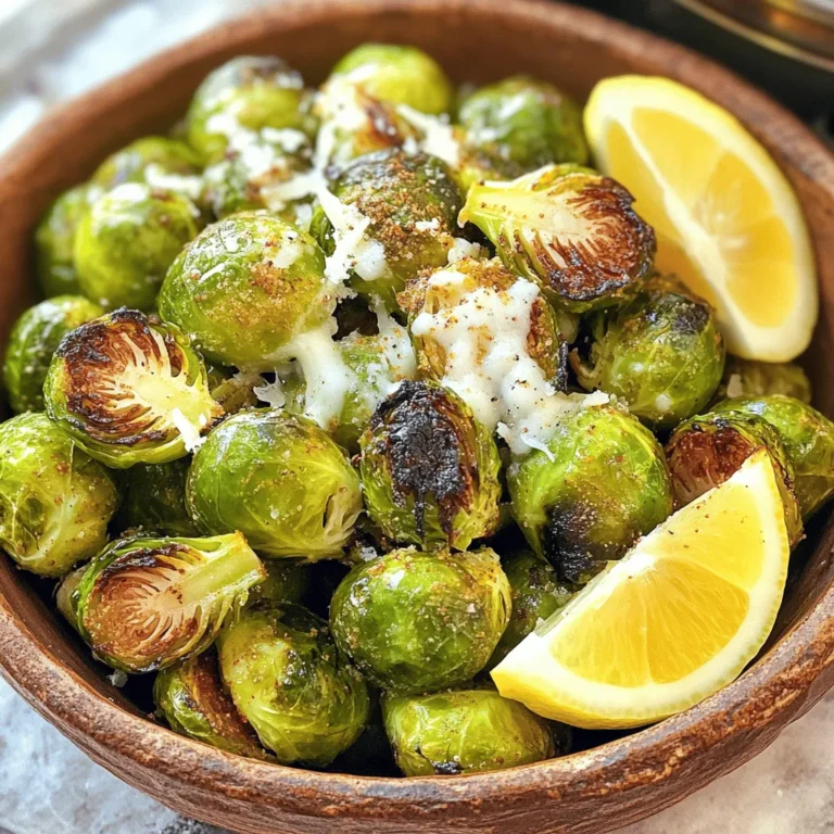 - 1 lb Brussels sprouts, trimmed and halved - 2 tablespoons olive oil - 1 teaspoon garlic powder - 1 teaspoon onion powder - 1/2 teaspoon smoked paprika - Salt and pepper to taste - 1/4 cup grated Parmesan cheese (optional) - Fresh lemon wedges for serving Garlic and onion powder are key to this dish. They add a rich, savory taste. Garlic powder gives a warm, aromatic flavor that lifts the sprouts. Onion powder adds depth and sweetness, balancing the dish. Smoked paprika brings a unique twist. It adds a slight smokiness that enhances the Brussels sprouts. This spice pairs well with the natural nuttiness of the sprouts. Together, these seasonings create a tasty base that makes every bite memorable. For a detailed guide on how to prepare this dish, see the Full Recipe. First, you need to preheat your air fryer to 380°F (190°C) for about 5 minutes. This step is key for getting those Brussels sprouts crispy. While it heats, prepare the Brussels sprouts. To trim them, cut off the stem ends. Then, slice each sprout in half. This helps them cook evenly. If you see any yellow leaves, remove those, too. Fresh sprouts give the best taste. Now comes the fun part! In a big bowl, mix the halved Brussels sprouts with 2 tablespoons of olive oil, 1 teaspoon of garlic powder, 1 teaspoon of onion powder, and 1/2 teaspoon of smoked paprika. Add salt and pepper to taste. Toss until they are well-coated. Place the sprouts in the air fryer basket in one layer. Avoid overcrowding; this helps them crisp up. Air fry for 15 to 20 minutes. Be sure to shake the basket halfway through to ensure even cooking. Look for a golden brown color and a crispy texture. If you want to add a cheesy flavor, sprinkle 1/4 cup of grated Parmesan cheese over the sprouts during the last 2 minutes of cooking. This allows the cheese to melt nicely without burning. Once you take the Brussels sprouts out, squeeze a bit of fresh lemon juice over them. This small step adds a bright flavor that makes the dish pop. Enjoy your crispy air fryer Brussels sprouts! For the full recipe, refer to the earlier sections. To get crispy Brussels sprouts, set your air fryer to 380°F (190°C). This temperature is key for the best texture. Cook them for 15 to 20 minutes. Remember to shake the basket halfway through cooking. This helps them crisp up evenly. Don’t overcrowd the air fryer basket. If you add too many sprouts at once, they will steam instead of fry. Cook in batches if needed for the best results. A common mistake is overcooking or undercooking the Brussels sprouts. Overcooked sprouts become mushy. Aim for golden brown and crispy. If they are too soft, try cooking them a bit longer. Finding the right seasoning balance is also important. Too much salt can overpower the dish. Use just enough garlic powder, onion powder, and smoked paprika for optimal flavor. Taste as you go! For presentation, serve the crispy Brussels sprouts in a rustic bowl. Add lemon wedges on the side for a pop of color. This makes the dish look fresh and inviting. You can pair Brussels sprouts with many options. They go well with roasted chicken or grilled fish. They also complement grain bowls or hearty salads. Try adding them to your next meal for a tasty boost! For the full recipe, check out the Crispy Air Fryer Brussels Sprouts section. {{image_2}} You can change the flavor of your Brussels sprouts with different spices and herbs. Try adding cayenne pepper for some heat. You can use Italian seasoning for a fresh twist. For cheese lovers, you can swap Parmesan with feta or goat cheese. Both add a creamy texture and rich taste. You can sprinkle cheese on just before the cooking ends to get a nice melt. If you're looking for vegetarian or vegan options, you can skip the cheese. Use nutritional yeast instead. It adds a cheesy flavor without dairy. You can also try plant-based sauces. A touch of balsamic glaze or tahini can enhance the taste. Both options bring a unique twist to the dish. Seasonal ingredients can make your Brussels sprouts even better. In fall, add diced apples or nuts for crunch. In winter, toss in pomegranate seeds for a pop of color and sweetness. You can modify the recipe for holidays too. For Thanksgiving, mix in some cranberries or a hint of cinnamon. This adds warmth and festivity to the dish. Explore the [Full Recipe] for more ideas and tips! To keep your leftover crispy Brussels sprouts fresh, use an airtight container. Glass or plastic containers work great. Make sure to cool the sprouts to room temperature before sealing them. This helps prevent moisture build-up, which can lead to sogginess. In the fridge, your Brussels sprouts will last about 3 to 5 days. If you want to enjoy them later, you can freeze them. Place them in a freezer bag, and they will stay good for up to 3 months. For the best results when reheating, use the air fryer again. Set it to 350°F (175°C) and heat for about 5 to 7 minutes. This method helps them stay crispy. If you don't have an air fryer, you can use an oven. Preheat the oven to 375°F (190°C) and spread the sprouts on a baking sheet. Heat for about 10 minutes. Avoid using a microwave, as it can make them soggy. Crispy Brussels sprouts are best when they are hot and crunchy! To make Brussels sprouts less bitter, start by choosing fresh ones. Look for sprouts that are bright green and firm. Avoid any that are yellow or soft. Trim the tough ends and remove any outer leaves. Cooking them with olive oil and spices will also help reduce bitterness. Pairing them with a little lemon juice adds a fresh taste. Yes, you can prepare Crispy Air Fryer Brussels sprouts in advance. Cook them and then let them cool completely. Store them in an airtight container in the fridge. They can last for up to three days. When you want to eat them, just reheat in the air fryer for a few minutes. This will help them regain their crispiness. Brussels sprouts pair well with many dipping sauces. Here are some popular options: - Ranch dressing - Balsamic glaze - Garlic aioli - Spicy sriracha - Honey mustard These sauces enhance the flavor and add a fun twist to your meal. Crispy Air Fryer Brussels sprouts go great with many dishes. Here are some meal ideas: - Grilled chicken or steak - Quinoa or rice bowls - Pasta with creamy sauce - Tacos with beans and veggies - A fresh salad with nuts and cheese These pairings create a balanced meal and are sure to please everyone at the table. For the full recipe, check out the Crispy Air Fryer Brussels Sprouts section! Crispy air fryer Brussels sprouts are simple and fun to make. We covered ingredients, the right steps, and tips for success. Remember to adjust seasonings for your taste and try new flavors. You can also store and reheat leftovers with ease. Enjoy your tasty dish with friends or family. Each bite will leave you wanting more! Happy cooking!