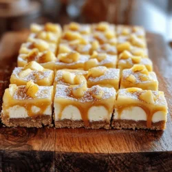 To make these caramel apple cheesecake bars, gather these simple ingredients: - 1 ½ cups graham cracker crumbs - ½ cup unsalted butter, melted - 1/3 cup granulated sugar - 2 (8 oz) packages cream cheese, softened - 1 cup powdered sugar - 2 large eggs - 1 teaspoon vanilla extract - 2 large apples, peeled and diced (preferably Granny Smith) - 1 teaspoon ground cinnamon - ½ cup caramel sauce (store-bought or homemade) - Extra caramel for drizzling - Optional: chopped walnuts for topping You will need a few tools to make these bars: - 9x9 inch baking pan - Mixing bowls - Hand mixer or whisk - Measuring cups and spoons - Parchment paper or cooking spray Want to customize your bars? Here are some fun ideas: - Chopped walnuts for a crunchy topping - A sprinkle of sea salt for added flavor - Swirls of chocolate ganache for extra sweetness To start, preheat your oven to 350°F (175°C). Prepare a 9x9 inch baking pan by greasing it with cooking spray or lining it with parchment paper. This makes it easy to lift the bars out later. In a medium bowl, mix the graham cracker crumbs, melted butter, and granulated sugar. Stir until it looks like wet sand. Then, press this mixture firmly into the bottom of your pan. Bake the crust for 10 minutes. This step gives it a nice, firm base. While the crust cools, grab a large bowl. Beat the softened cream cheese with a hand mixer until it's creamy. Slowly add the powdered sugar and keep mixing until the filling is smooth. Add the eggs one at a time, mixing well after each. Next, pour in the vanilla extract. Now, fold in the diced apples and ground cinnamon. Make sure everything is mixed evenly. This will give your cheesecake a lovely flavor and texture. Once your filling is ready, pour it over the pre-baked crust. Spread it evenly across the top. Now, take your caramel sauce and drizzle half of it over the filling. Use a knife to gently swirl it in for a marbled look. Bake the bars in your preheated oven for 30-35 minutes. The center should be set but still slightly jiggly. After baking, let the bars cool at room temperature for about an hour. Then chill them in the fridge for at least 2 hours before cutting. When ready to serve, drizzle extra caramel on top and add walnuts for crunch. For the full recipe, refer to the section above. To get a creamy texture, start with room temperature cream cheese. Cold cream cheese can clump up, making your filling uneven. Beat the cream cheese until it's smooth before adding any sugars. Mix in the eggs one at a time. This helps keep the mixture light and fluffy. Avoid overmixing once you add the apples. You want chunks of apple, not puree. One common mistake is not cooling the crust enough before adding the filling. If it’s too hot, it can cook the cheesecake. Another mistake is opening the oven too soon while baking. This can cause the bars to crack. Let them cool slowly in the pan. Patience is key for perfect cheesecake bars. Presentation makes a big difference. After chilling, cut the bars with a sharp knife for clean edges. Drizzle extra caramel sauce right before serving for an appealing look. A light dusting of powdered sugar adds a nice touch. Arrange the bars on a pretty platter or individual plates. You can also add walnuts on top for crunch. These small details impress everyone! For the full recipe, check out the entire guide. {{image_2}} You can change the flavors in your caramel apple cheesecake bars to match the season. In spring, try adding lemon zest for a fresh taste. In summer, mix in berries like strawberries or blueberries for a fruity twist. For fall, you can add pumpkin spice to the filling for that cozy autumn flavor. Winter is great for rich chocolate flavors. You can swirl in melted chocolate or sprinkle cocoa powder on top. While graham cracker crumbs are classic, you can try other crusts. For a nutty flavor, use crushed almonds or pecans. If you want a gluten-free option, try almond flour or gluten-free cookies. You can even use oatmeal for a chewy texture. Just make sure the crust is firm enough to hold the cheesecake. Making these bars fit your diet is easy. For a lighter version, swap cream cheese with Greek yogurt. You can also use low-fat cream cheese for fewer calories. If you're vegan, try using silken tofu or cashew cream. For a sugar-free option, use a sugar substitute like stevia or erythritol. These changes keep the taste while meeting your dietary needs. You can find the full recipe to get started on this delicious treat! After baking, let your caramel apple cheesecake bars cool at room temperature. Once they are cool, cover them tightly with plastic wrap or foil. This keeps them fresh and prevents them from drying out. Store them in the fridge. The cold helps set the flavors even more. You can freeze these bars for later enjoyment. First, cut them into squares. Then, wrap each piece in plastic wrap. Place the wrapped bars in an airtight container or freezer bag. This way, they stay fresh. They will last well in the freezer for about three months. In the fridge, these cheesecake bars can stay fresh for about five days. If they are wrapped well, you can keep them longer in the freezer. Always check for any signs of spoilage before enjoying. For the best taste, eat them within the recommended time frame. For the full recipe, check out the earlier section. Yes, you can make these bars ahead of time. They store well in the fridge. I recommend making them a day in advance. This allows the flavors to blend beautifully. Just cover them tightly with plastic wrap. You can also freeze the bars for up to three months. Simply thaw them in the fridge before serving. Granny Smith apples work best for these bars. They add a nice tartness that balances the sweet caramel. Other good choices are Honeycrisp or Fuji apples. Avoid soft apples like Red Delicious, as they may turn mushy when baked. Keep the apples diced small for even distribution in each bite. Making a homemade caramel sauce is simple. You'll need sugar, butter, and cream. Start by melting sugar in a pot over medium heat. Stir until it turns a golden brown. Add butter and mix well until melted. Slowly pour in the cream while stirring. Remove from heat and let it cool. This sauce adds a rich flavor to your cheesecake bars. If you need a substitute for cream cheese, try Greek yogurt. It has a similar texture and adds tanginess. Cottage cheese blended until smooth is another option. You can also use mascarpone cheese for a sweeter taste. Adjust the sugar in your recipe to keep the right balance. In this post, I shared how to make delicious cheesecake bars. We covered the key ingredients, tools needed, and optional add-ons. I walked you through each step, from prepping the crust to baking. You learned tips for a creamy texture and common mistakes to avoid. I also offered flavor variations and storage tips to keep them fresh. In conclusion, you have everything you need to make these tasty treats. Enjoy your baking and impress your friends and family with your skills!