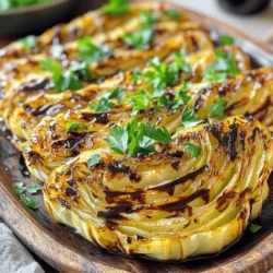 - Cabbage steaks and balsamic vinegar: The star of this dish is the cabbage. I like to use a large head of green cabbage. Slice it into thick steaks, about an inch each. Balsamic vinegar adds a rich tangy flavor that pairs well with the cabbage. - Olive oil and garlic: I use olive oil to help the cabbage roast nicely. It also gives a nice depth of flavor. Fresh minced garlic gives it a strong and bold taste. You need about four cloves for this recipe. - Additional spices and seasoning: I add smoked paprika and dried oregano. They bring warmth and earthiness to the dish. A sprinkle of salt and pepper enhances all the flavors. - Fresh parsley and other herbs: I love to top my cabbage steaks with fresh chopped parsley. It adds a pop of color and freshness. You can also try other herbs, like thyme or basil. - Parmesan cheese or chili flakes for added flavor: If you want to add a little zest, sprinkle some chili flakes. For a rich finish, grated Parmesan cheese works wonderfully too. This simple mix of ingredients creates a flavorful roasted dish that is both satisfying and visually appealing. For the complete recipe, check out the [Full Recipe]. First, preheat your oven to 400°F (200°C). This high heat helps create a nice caramelization. Next, line a baking sheet with parchment paper. This makes cleaning easy later. Now, grab a large head of green cabbage. Remove the outer leaves, as they can be tough. Slice the cabbage into 1-inch thick steaks. You should get about 4 to 6 steaks, depending on the cabbage size. In a small bowl, whisk together the following ingredients: - 4 tablespoons balsamic vinegar - 3 tablespoons olive oil - 4 cloves garlic, minced - 1 teaspoon dried oregano - 1 teaspoon smoked paprika - Salt and pepper to taste This mixture adds a punch of flavor. Make sure it’s well mixed. Take your cabbage steaks and place them on the prepared baking sheet. Use a brush to coat both sides generously with the balsamic-garlic mixture. This will ensure every bite is tasty. Roast the cabbage steaks in the preheated oven for 25 to 30 minutes. Flip them halfway through cooking. They should become tender and caramelized at the edges. Once done, take them out and let them cool for a few minutes. Garnish with fresh chopped parsley before serving. This adds a nice pop of color to your dish. For the full recipe, refer to the earlier section. - Achieving perfect caramelization To get that rich, sweet flavor, you want the edges of your cabbage steaks to caramelize. Brush them well with the balsamic-garlic mixture. The sugar in the balsamic helps form a nice crust. Roast them at 400°F for about 25 to 30 minutes. Flip them halfway through for even browning. - Ensuring even cooking Slice your cabbage steaks about 1-inch thick. If they are too thin, they might burn. If they are too thick, they may not cook through. Use a sharp knife for clean cuts. This helps them cook evenly and become tender. - Best accompaniments for cabbage steaks Cabbage steaks go well with many dishes. Serve them alongside grilled chicken or fish for a hearty meal. They also pair nicely with grains like quinoa or rice. For a complete vegetarian dish, add roasted chickpeas. - Ideal plating and presentation styles To make your dish pop, use a large platter. Place the cabbage steaks in a circle. Drizzle leftover balsamic-garlic mixture on top. Finish with a sprinkle of fresh parsley for color. This makes your plate look bright and fresh. For the detailed method on how to make this dish, check out the Full Recipe. {{image_2}} You can easily adjust the flavor of garlic balsamic cabbage steaks. Try adding extra spices to bring out new tastes. For a smoky kick, add more smoked paprika. If you like heat, sprinkle on some chili flakes. You can also play with herbs. Fresh thyme or rosemary can give a nice twist. Adding other vegetables can enhance your dish too. Think about slicing some carrots or bell peppers. These vegetables roast well and add color. You could even mix in some sliced onions for sweetness. Each variation brings a unique taste to your meal. If you want to swap out oils or vinegars, you have options. Instead of olive oil, try avocado oil for a lighter taste. You can also use apple cider vinegar for a fruity zing. Both of these options work well in this recipe. For garnishes, consider vegan options. Nutritional yeast can add a cheesy flavor without dairy. You can also use sunflower seeds for a nice crunch. This way, you keep the dish plant-based and tasty. Check the [Full Recipe] for all the details to make these variations shine. To keep your Garlic Balsamic Cabbage Steaks fresh, store leftovers properly. First, let the cabbage steaks cool down to room temperature. Then, place them in an airtight container. This helps keep moisture in and prevents them from drying out. I recommend using glass containers or BPA-free plastic ones. These types help with food safety and keep flavors intact. When it's time to enjoy your leftovers, reheating is key. The best methods include using an oven or an air fryer. Both methods keep the cabbage steaks crispy and flavorful. Preheat your oven to 350°F (175°C) and place the steaks on a baking sheet. Heat for about 10-15 minutes. If you use an air fryer, set it to 350°F (175°C) for about 5-7 minutes. This method keeps the texture just right. Avoid the microwave if you can, as it may make the steaks soggy. Can I use other types of cabbage? Yes, you can use other types of cabbage. Napa cabbage or red cabbage works well too. Each type has a different taste and color. Feel free to experiment! Just keep the thickness of the steaks about one inch. How do I know when the cabbage steaks are done? Cabbage steaks are done when they feel tender and have a nice caramel color. You can check them with a fork. If it goes in easily, they are ready. I usually roast them for about 25 to 30 minutes, flipping halfway. Caloric content and nutritional benefits Cabbage is low in calories but high in nutrients. One cup of cooked cabbage has about 33 calories. It is rich in vitamins C and K, which help your immune system. This dish is also high in fiber, good for digestion. Health considerations for using cabbage Cabbage is great for most diets. It is low in carbs, making it good for weight loss. However, some people may have gas or bloating after eating it. Always listen to your body. If you're unsure, try a small amount first. Can this dish be made in advance? Yes, you can make garlic balsamic cabbage steaks in advance. Cook them, let them cool, and store in the fridge. They can last about three to five days. This makes for an easy meal option during busy weeks. Serving ideas for meal prep These cabbage steaks are very versatile. Pair them with grains like quinoa or rice for a filling meal. You can also serve them as a side with grilled chicken or fish. For a fun twist, add some feta cheese or nuts for crunch. Check the Full Recipe for more tips! In this post, we explored how to make delicious cabbage steaks using simple ingredients. We discussed roasting techniques, flavor variations, and even storage tips. Cabbage is healthy, versatile, and perfect for meals. Try different spices and garnishes to suit your taste. With these steps, you can make cabbage steaks a favorite at your table. Enjoy experimenting and sharing with others!