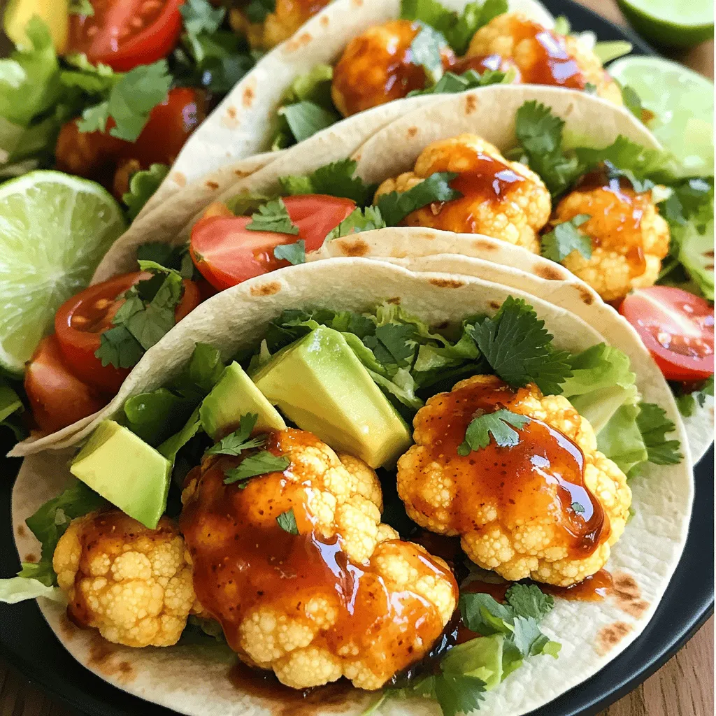 - Medium head of cauliflower - Olive oil - Spices (smoked paprika, garlic powder, salt, black pepper) - Honey and chipotle sauce - Whole wheat tortillas - Fresh toppings (shredded lettuce, diced tomatoes, cilantro, avocado) The key to great flavor lies in the right mix of ingredients. For these Honey Chipotle Cauliflower Wing Wraps, the medium head of cauliflower acts as the star. It soaks up all the good flavors and gives each bite a hearty base. Olive oil helps the spices stick. It also adds a nice richness. The spices—smoked paprika, garlic powder, salt, and black pepper—bring warmth and depth. Smoked paprika adds a subtle smokiness that pairs perfectly with the heat from the chipotle sauce. Honey brings sweetness to balance the spice. Chipotle sauce adds a kick that makes your taste buds dance. Together, they create a glaze that coats the roasted cauliflower in a sticky, tasty layer. Whole wheat tortillas serve as the wrap. They are healthy and filling. You can load them with fresh toppings like shredded lettuce, diced tomatoes, cilantro, and creamy avocado. Each of these toppings adds a fresh crunch and a burst of flavor. For the full recipe, check out the details above. 1. Preheating the oven and preparing the baking sheet Start by preheating your oven to 425°F (220°C). This step is key to getting your cauliflower crispy. Line a baking sheet with parchment paper. This helps with easy cleanup and prevents sticking. 2. Tossing the cauliflower with seasonings In a large bowl, take your cauliflower florets. Add 1 tablespoon of olive oil, 1 teaspoon of smoked paprika, ½ teaspoon of garlic powder, ½ teaspoon of salt, and ½ teaspoon of black pepper. Toss everything well until all the florets are coated. This mix gives a great flavor to the wings. 3. Roasting the cauliflower until crispy Spread the seasoned cauliflower florets on the lined baking sheet in a single layer. Bake them for about 25 minutes. Halfway through, turn them over to ensure even roasting. The goal is for them to turn golden brown and crispy. 1. Mixing honey and chipotle sauce While your cauliflower roasts, grab a small bowl. Mix together 1 tablespoon of honey and 1 tablespoon of chipotle sauce. Adjust the amount of chipotle to your taste for spiciness. 2. Drizzling over cauliflower and returning to the oven Once the cauliflower is done, drizzle the honey-chipotle mix over the florets. Toss gently to coat them evenly. Place them back in the oven for 5 more minutes. This step helps the glaze set and enhances the flavor. 3. Warming tortillas and assembling wraps To warm the tortillas, use a dry skillet or the microwave for a few seconds. This makes them easier to fold. Now, lay a handful of shredded lettuce in the center of each tortilla. Top with the roasted cauliflower, diced tomatoes, fresh cilantro, and avocado slices. 4. Folding and serving Fold in the sides of the tortilla and roll it up tightly from the bottom. Slice the wraps in half, and serve them with lime wedges for an extra zing. Enjoy this tasty meal with friends or family! For more details, check the Full Recipe! - Ensuring even roasting and crispiness: Start by cutting the cauliflower into similar-sized florets. This helps them cook evenly. Toss them well with olive oil and spices. Spread them out on the baking sheet. Give them space so they roast, not steam. Flip them halfway to get nice color and crispness. - Adjusting honey and chipotle sauce to taste: Start with equal parts honey and chipotle sauce. Taste the mixture and adjust as needed. Want more sweetness? Add more honey. Need more heat? Add more chipotle sauce. This balance gives the wings a great flavor. - Pairing with side dishes or dips: These wraps go well with crunchy side dishes like carrot sticks or cucumber slices. You can also serve them with creamy dips like ranch or guacamole. They add great contrast to the spicy wings. - Best practices for wrapping and serving: Warm the tortillas for easy wrapping. Place the filling in the center. Fold the sides in first, then roll from the bottom up. This keeps the filling snug. Serve with lime wedges for a zesty kick. For the full recipe, check out the main article. {{image_2}} You can change up the main flavors in your Honey Chipotle Cauliflower Wing Wraps. Adding other veggies boosts both taste and nutrition. Try bell peppers for sweetness or carrots for crunch. They add texture and color, making the wraps even more appealing. If you want to switch sauces, consider a tangy barbecue sauce. This pairs well with the roasted cauliflower. You might also try a creamy ranch or a zesty cilantro lime dressing. Each sauce brings a different vibe to your wraps. Experimenting with flavors keeps your meals fresh and exciting. For those who follow a vegan diet, making these wraps is easy. Just replace honey with agave syrup or maple syrup. Both provide that sweet touch without any animal products. If you need gluten-free options, choose gluten-free tortillas. Many stores offer great choices made from rice or corn. These wraps still taste great and keep the meal enjoyable for everyone. You can easily adapt the recipe to fit various dietary needs while keeping it delicious. To keep your Honey Chipotle Cauliflower Wing Wraps fresh, wrap them tightly in foil or plastic. Place them in an airtight container. Store in the fridge for up to three days. The wraps stay tasty this way. When it comes to reheating, the oven is your best friend. Preheat it to 350°F (175°C). Place your wraps on a baking sheet and heat for about 10-15 minutes. This keeps the tortilla crispy and the filling warm. You can also use a skillet over medium heat. This method adds a nice crunch to the wrap. You can freeze these wraps, but it's best to freeze the components separately. Wrap the cauliflower wings in plastic wrap, then place them in a freezer bag. Store tortillas and fresh toppings separately. This helps keep everything fresh. For thawing, move the frozen wings to the fridge overnight. When ready, reheat in the oven or skillet. For the tortillas, warm them in a pan or microwave just before serving. This way, you enjoy the best texture and taste from your wraps. For full details, check the Full Recipe. How spicy are Honey Chipotle Cauliflower Wing Wraps? These wraps have a mild to medium spice level. The chipotle sauce adds heat, but honey balances it. You can adjust the spice by adding more or less chipotle sauce. If you prefer a milder taste, use less sauce. Can I make these wraps ahead of time? Yes, you can prep the cauliflower and sauce in advance. Store them in the fridge in separate containers. When ready, warm the cauliflower and assemble the wraps. This way, you save time and enjoy fresh, tasty wraps. What are the best sides to serve with the wraps? Some great sides include fresh salad, roasted veggies, or chips and salsa. These sides complement the flavors well. You can also add a zesty dip, like guacamole or yogurt sauce, for extra flavor. Overview of calories, protein, and nutrients per serving Each serving of Honey Chipotle Cauliflower Wing Wraps has about 300 calories. You get around 10 grams of protein and plenty of vitamins. The whole wheat tortillas add fiber, making the meal more filling. Health benefits of cauliflower and fresh toppings Cauliflower is low in calories and high in nutrients. It provides vitamin C, K, and folate. The fresh toppings enhance the wraps with vitamins and minerals. Ingredients like avocado add healthy fats, making these wraps a nutritious choice. In this post, we explored how to make tasty Honey Chipotle Cauliflower Wing Wraps. You learned about the key ingredients, oven-roasting steps, and tips for a perfect wrap. I shared storage tips and some quick FAQs. These wraps are a fun, tasty way to enjoy healthy food. Experiment with different vegetables and sauces to make them your own. Enjoy your cooking and happy eating!