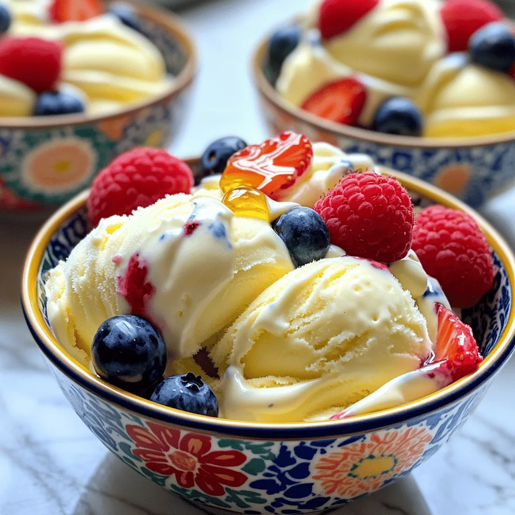 To make Greek yogurt ice cream, you need a few simple ingredients. Each one plays a key role in creating this creamy treat. - Greek yogurt: Use 2 cups of plain Greek yogurt. This gives the ice cream its rich texture and tangy taste. - Coconut milk: Add 1 cup of coconut milk. It enhances creaminess and adds a hint of tropical flavor. - Sweeteners (honey/agave syrup): Use 1/2 cup of honey or agave syrup. Adjust based on how sweet you like your ice cream. - Flavorings (vanilla extract, lemon juice): Include 1 teaspoon of vanilla extract and 1/4 cup of fresh lemon juice. These add depth to the flavor profile. - Add-ins (mixed berries): Add 1 cup of mixed berries, like strawberries, blueberries, and raspberries. They provide bursts of flavor and color. - Sea salt: A pinch of sea salt balances the sweetness and enhances all the flavors. This ingredient list forms the base of your creamy Greek yogurt ice cream. For the full recipe, follow the steps outlined in the previous sections. Each ingredient shines in this easy-to-make dessert. Enjoy crafting a delicious frozen delight that’s both healthy and satisfying! First, let's mix the base ingredients. In a large bowl, add: - 2 cups plain Greek yogurt - 1 cup coconut milk - 1/2 cup honey or agave syrup - 1 teaspoon vanilla extract - 1/4 cup fresh lemon juice - A pinch of sea salt Whisk these together until smooth. Make sure there are no lumps left. You can taste the mix to see if it's sweet enough. If you want more sweetness, add a bit more honey. Now, it’s time to churn in an ice cream maker. Pour your smooth mixture into the ice cream maker. Churn according to the machine's instructions, usually about 20 to 25 minutes. You want it to thicken and look like soft-serve ice cream. Next, we’ll freeze the ice cream. When it’s ready, gently fold in 1 cup of mixed berries. Then, transfer the mixture to an airtight container. Use a spatula to smooth the top. Freeze it for at least 2 hours. This will help it firm up for scooping later. For the best taste, serve the ice cream at the right temperature. Let it sit out for about 5 to 10 minutes before scooping. This makes it easier to scoop and gives it a creamy texture. When serving, use colorful bowls or cones. Top each scoop with a few fresh berries and a drizzle of honey. This adds a nice touch and makes it look great! Enjoy your creamy Greek yogurt ice cream! For the full recipe, check out the details above! To make your Greek yogurt ice cream smooth, start with good yogurt. Use full-fat Greek yogurt for the best creaminess. Mixing in coconut milk adds richness. This combo makes the texture soft and creamy. Avoid over-mixing the base. If you whip it too much, air will make it icy. Keep an eye on the ice cream maker. Churn it just until it thickens to a soft-serve texture. Watch out for frozen lumps. If your yogurt has lumps, they will stay in the ice cream. Always whisk it until it's smooth before churning. You can play with flavors in your Greek yogurt ice cream. Add cocoa powder for a chocolate twist. A dash of cinnamon gives it a warm flavor. For a tropical vibe, mix in some mango or pineapple. Adjust the sweetness to your taste. If you prefer it sweeter, add more honey or agave syrup. Always taste the mix before churning. You can change the sweetness after adding the mix-ins. For a fun touch, top your ice cream with chocolate chips or nuts. You can also sprinkle some sea salt on top for balance. These small changes can make a big difference in flavor. For the full recipe, check out the detailed steps and tips. {{image_2}} You can change up your Greek yogurt ice cream with fun mix-ins. Fresh fruit works great. Try bananas, peaches, or mango slices. They add lovely flavor and texture. If you want a crunch, add nuts. Chopped almonds or walnuts are tasty. You can also use chocolate. Dark chocolate chips or cocoa nibs give a rich taste. Just fold these in during the last few minutes of churning. If you need dairy-free options, use almond or soy yogurt instead of Greek yogurt. Coconut cream can replace the coconut milk for a richer taste. If you want low-sugar alternatives, use stevia or monk fruit. These sweeteners keep your ice cream sweet without extra sugar. For a fruity taste, blend in more berries instead of sweeteners. You can adjust the recipe to fit your diet needs and keep it delicious. Enjoy these variations to make your Greek yogurt ice cream unique. Check the Full Recipe for exact steps and tips! To keep your Greek yogurt ice cream fresh, use an airtight container. Glass or plastic containers work well. Be sure to fill the container completely to limit air exposure. If you have leftovers, you can re-freeze them. Just scoop out the amount you want and put the rest back in the freezer. This helps keep the texture smooth. Greek yogurt ice cream stays fresh in the freezer for about two weeks. After that, it may lose some creaminess and flavor. To enjoy it at its best, try to eat it within that time frame. For the full recipe, check out the earlier section! What are the health benefits of Greek yogurt in ice cream? Greek yogurt is packed with protein. It helps you feel full longer. It is also rich in probiotics, which aid digestion. This can make your stomach happy! Plus, Greek yogurt has less sugar than regular ice cream. You get a creamy treat without the extra guilt. Can I make Greek yogurt ice cream without an ice cream maker? Yes, you can! If you lack an ice cream maker, simply pour the mixture into a freezer-safe bowl. Stir it every 30 minutes for about 2-3 hours. This helps break up ice crystals. It creates a smoother texture. You will still enjoy a tasty treat without a machine. How does Greek yogurt ice cream compare to traditional ice cream? Greek yogurt ice cream is often healthier. It has less fat and fewer calories. Traditional ice cream is creamier but has more sugar. Greek yogurt ice cream gives you a tangy flavor. It can also have fresh fruit mixed in, adding vibrant taste and texture. What to do if the ice cream is too icy? If your ice cream turns out icy, it could mean too much air or water. Try adding more Greek yogurt to the mixture next time. This adds creaminess. Letting it churn longer in the machine can help, too. If it’s still icy, you could blend it again before freezing. How to fix a mixture that is too sweet or tart? If your mixture is too sweet, add a bit of lemon juice. This will balance the flavor. If it is too tart, try mixing in more honey or agave. Taste as you go. Adjusting the sweetness before freezing gives you control over the final flavor. This blog post covered the ingredients and steps to make Greek yogurt ice cream. You learned about selecting ingredients like Greek yogurt, coconut milk, and possible add-ins. I shared tips for achieving the right texture and suggested variations for everyone. Storing your ice cream is easy with the right techniques. In conclusion, making this delicious ice cream at home is simple and fun. Enjoy experimenting with flavors and share your creations with family and friends.