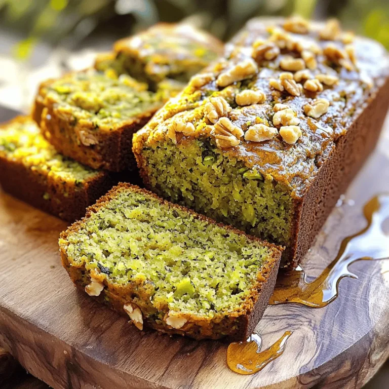 To make a tasty Zucchini Banana Bread, you need some simple ingredients. Here’s what you will need: - 1 cup mashed ripe bananas (about 2 to 3 bananas) - 1 cup grated zucchini (excess water squeezed out) - 1/3 cup melted coconut oil - 1/2 cup brown sugar - 1/4 cup granulated sugar - 1 large egg - 1 teaspoon vanilla extract - 1 1/2 cups all-purpose flour - 1 teaspoon baking soda - 1/2 teaspoon baking powder - 1/2 teaspoon cinnamon - 1/4 teaspoon nutmeg - 1/4 teaspoon salt - 1/2 cup chopped walnuts or pecans (optional) These ingredients mix well to create a moist and flavorful loaf. The bananas add sweetness while the zucchini keeps the bread soft. You can make this bread even better with some fun add-ins. Here are some ideas: - Chocolate chips for a sweet touch - Dried fruits like cranberries or raisins - Shredded coconut for a tropical twist - More spices like ginger or cardamom These add-ins can bring new flavors to your bread. Try different combinations to find your favorite! If you don’t have an ingredient, don’t worry! Here are some easy swaps: - Use applesauce instead of oil for a lower-fat option. - Swap granulated sugar with honey or maple syrup. - Replace all-purpose flour with whole wheat flour for added fiber. These substitutions can help fit your diet or what you have on hand. Experiment to see what works best for you! For the full recipe, check out the Zesty Zucchini Banana Bread 🥒 section. Start by preheating your oven to 350°F (175°C). This helps the bread bake evenly. Next, take a 9x5-inch loaf pan. Grease it or line it with parchment paper. This makes it easy to remove the bread later. In a large bowl, mix the melted coconut oil, brown sugar, and granulated sugar until well blended. It should look smooth. Now, add the mashed bananas, grated zucchini, egg, and vanilla extract. Mix these until they are smooth and combined. In a separate bowl, whisk together the flour, baking soda, baking powder, cinnamon, nutmeg, and salt. This helps to evenly distribute the dry ingredients. Gradually add this mixture to the wet ingredients. Stir gently until just combined. Be careful not to overmix, as this can make the bread tough. If you want, fold in chopped walnuts or pecans for extra crunch. Pour the batter into your prepared loaf pan. Smooth the top with a spatula to make it even. Place the pan in the oven and bake for 55 to 65 minutes. To check if it’s done, insert a toothpick into the center. If it comes out clean, your bread is ready. Once baked, remove the pan from the oven. Let the bread cool in the pan for about 10 minutes. After that, transfer it to a wire rack to cool completely. This step is important to keep your bread from getting soggy. To tell if your zucchini banana bread is done, use the toothpick test. If the toothpick comes out with moist crumbs, it's fine. If it has wet batter, bake a bit longer. You can also gently press the top of the bread. If it springs back, it's ready. Keep an eye on the time, but also trust your senses. The aroma of the bread will fill your kitchen. It will smell sweet and warm, which is a good sign. Enjoy the process, and remember, the goal is a flavorful, moist loaf. For the complete recipe, check out the Full Recipe. To get the best moist zucchini banana bread, I have some key tips. First, use ripe bananas. The darker the peel, the sweeter the flavor. Second, squeeze out excess water from the grated zucchini. Too much water can make the bread soggy. Mix the wet and dry ingredients gently. Overmixing can lead to a dense loaf. Lastly, try adding chopped nuts for crunch. They add texture and taste. To keep your zucchini banana bread fresh, store it in an airtight container. This helps retain moisture and flavor. You can also wrap it tightly in plastic wrap. If you have leftovers, it can stay at room temperature for about three days. For longer storage, freeze slices. Place parchment paper between each slice to make thawing easy. Just wrap the whole thing in foil or a freezer bag. Avoid these common mistakes for perfect zucchini banana bread. Do not skip the squeezing of the zucchini; it’s essential. Using too little banana can also affect the taste. Be careful not to overbake; check doneness with a toothpick. If it comes out clean, it's done. Lastly, let the bread cool completely before slicing. This helps it hold its shape better. For full details on the recipe, check the Full Recipe. {{image_2}} You can make your zucchini banana bread even better by adding chocolate chips. Just fold in about 1 cup of semi-sweet chocolate chips into the batter before pouring it into the loaf pan. The rich chocolate flavor pairs perfectly with the sweetness of bananas and the moistness of zucchini. You’ll get bites of gooey chocolate in every slice, which kids and adults love. If you need a gluten-free version, swap the all-purpose flour with a gluten-free flour blend. Be sure to check that your blend contains xanthan gum, which helps with texture. This change keeps the bread moist and fluffy. You might also try almond flour for a nutty flavor. Just remember to adjust the baking time, as gluten-free bread can cook faster. To make this recipe vegan, replace the egg with a flax egg. Mix 1 tablespoon of ground flaxseed with 2.5 tablespoons of water. Let it sit for a few minutes until it thickens. You can also use plant-based yogurt instead of coconut oil. This keeps the bread moist and adds a nice flavor. Enjoy the same great taste while sticking to your vegan diet! For the full recipe, check out the details above. Store your zucchini banana bread in an airtight container. This keeps it fresh and moist. You can place it at room temperature for up to three days. If you want to keep it longer, consider refrigeration. Just remember, cold air can dry it out, so wrap it well in plastic wrap. Freezing is a great option if you have leftovers. Let the bread cool completely first. Then, slice it or keep it whole. Wrap it tightly in plastic wrap and then in aluminum foil. This helps prevent freezer burn. You can freeze it for up to three months. When ready to enjoy, thaw it in the fridge overnight. If your bread gets stale, don’t worry! You can bring it back to life. Wrap it in a damp paper towel and microwave it for about 10-15 seconds. This adds moisture back into the bread. Alternatively, you can lightly toast slices in a pan. This gives them a nice warm crunch without drying them out. For more delicious ideas, check out the Full Recipe. Yes, you can use frozen zucchini. Just make sure to thaw it first. Squeeze out any extra water before adding it to the mix. This step helps keep the bread from getting soggy. You can check for doneness by inserting a toothpick into the center. If it comes out clean, the bread is ready. If it has wet batter on it, bake for a few more minutes. Keep an eye on the bread as it bakes. Store your zucchini banana bread in an airtight container. You can keep it at room temperature for a few days. If you need to store it longer, wrap it in plastic wrap and put it in the fridge. This will help keep it moist. Zucchini banana bread blends unique flavors into a tasty treat. We covered key ingredients, step-by-step instructions, and helpful tips. Explore variations like chocolate chip or vegan options to make it yours. Proper storage keeps it fresh, while knowing doneness ensures a perfect bake. Remember to avoid common mistakes for the best results. Enjoy your baking journey and savor your delicious creation!