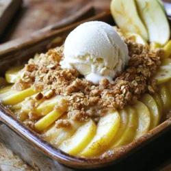To make a tasty Easy Apple Crumble, gather these ingredients: - 4 medium-sized apples, peeled and sliced (such as Granny Smith or Honeycrisp) - 1 teaspoon cinnamon - 1 tablespoon lemon juice - ½ cup brown sugar - 1 cup rolled oats - ½ cup all-purpose flour - ½ cup unsalted butter, melted - ¼ cup chopped walnuts or pecans (optional) - Pinch of salt When choosing apples, I like Granny Smith for their tartness. Honeycrisp adds a nice sweetness. You can also mix these apples for more flavor. The balance enhances the crumble and makes it more enjoyable. You can add your twist to this recipe. Consider these options: - Nuts: Add walnuts or pecans for a crunch. - Spices: A dash of nutmeg can add warmth. - Sweeteners: Try maple syrup for a different flavor. - Fruit: Mix in berries for a fruity surprise. Making these changes can help you find your favorite taste. Feel free to experiment with what you love! For the full recipe, check the details above. First, gather your ingredients. You need four medium apples, cinnamon, lemon juice, brown sugar, oats, flour, melted butter, chopped nuts, and salt. 1. Preheat your oven to 350°F (175°C). This helps the crumble bake evenly. 2. Peel and slice the apples. I like using Granny Smith or Honeycrisp for their tartness. 3. In a large bowl, mix the sliced apples, lemon juice, and cinnamon. Stir until the apples are well-coated. 4. Pour this mixture into a greased 9-inch baking dish. Spread the apples out evenly. Next, let’s make the crumble topping. 1. In another bowl, combine oats, flour, brown sugar, melted butter, chopped nuts (if you want), and a pinch of salt. 2. Mix until it looks crumbly. 3. Sprinkling this topping over the apples is next. Make sure it covers them well. 4. Bake in the preheated oven for 30-35 minutes. You want the apples to be soft and the top to be golden brown. For the best texture, keep these tips in mind: - Don’t cut the apples too small; they should hold their shape. - Mix the topping just until crumbly; over-mixing makes it dense. - If you prefer a crispier topping, bake it a bit longer. Just watch it closely! Follow these steps, and you will have a delicious apple crumble ready to enjoy. For the complete recipe, check the Full Recipe section. To make a great apple crumble, choose apples that are crisp and tart. I love using Granny Smith or Honeycrisp apples. They add the right balance of sweet and sour. Avoid mealy apples, like Red Delicious. Their texture will not hold up in the baking process. Always inspect the apples for bruises or soft spots. Fresh apples will give you the best flavor. One common mistake is not peeling the apples. The skin can be tough and chewy when baked. Another mistake is using too much sugar. You want the apples' natural sweetness to shine. Make sure to mix the crumble topping well. If it's too dry, it won't form that nice, crunchy top. Lastly, do not skip the cooling time. It helps set the crumble and makes it easier to serve. For the best experience, serve your apple crumble warm. A scoop of vanilla ice cream on top is a must! You can also add a dollop of whipped cream for extra creaminess. Sprinkle some cinnamon on top for a nice touch. If you want, add fresh apple slices as a garnish. This adds color and a bit of crunch. Enjoy your delicious dessert with family or friends! You can find the full recipe for more details. {{image_2}} You can easily make this apple crumble gluten-free. Just swap out the all-purpose flour. Use a gluten-free flour blend instead. Many brands offer good options that work well in baking. This change keeps the texture light and crumbly. The taste remains delicious and true to the classic recipe. To make a vegan apple crumble, replace the butter with coconut oil or vegan butter. Both options give a rich flavor. Also, use maple syrup or agave nectar instead of brown sugar. This keeps the sweetness without any animal products. Your dessert will still taste great and be plant-based! Get creative with your crumble! You can add spices like nutmeg or ginger for extra warmth. Dried fruits like cranberries or raisins can add a nice chewiness. For a nutty twist, try different nuts like almonds or hazelnuts. You can even mix in chocolate chips for a fun surprise. Use these ideas to make the recipe your own. Explore the flavors you love! For the full recipe, check the details above. After you enjoy your apple crumble, let it cool first. Use an airtight container for storage. This helps keep it fresh. You can store it in the fridge for up to three days. Cover it tightly with plastic wrap if you don't have a container. If you want to keep it longer, freezing is a great option. Cut the crumble into serving sizes. Wrap each piece in plastic wrap. Then, place the wrapped pieces in a freezer bag. This way, you can enjoy homemade dessert later! It can last up to three months in the freezer. To reheat, you can use the oven or microwave. For the oven, preheat it to 350°F (175°C). Place the crumble in a baking dish. Warm it for 15-20 minutes until it’s hot. If using a microwave, heat for 30 seconds at a time until warm. Enjoy your delicious apple crumble just like fresh! For the full recipe, check out the other sections! Yes, you can use other fruits. Berries, peaches, and pears work well. Just slice them and mix with the lemon juice and cinnamon. Each fruit will give its own flavor. Try different fruits to find your favorite mix! You can skip oats by using more flour. Mix 1 cup of flour with brown sugar and melted butter. Add chopped nuts for crunch if you like. This creates a tasty topping that is still crumbly and delicious. To reheat apple crumble, set your oven to 350°F (175°C). Place the crumble in an oven-safe dish. Heat for about 10 to 15 minutes. This keeps the topping crisp and warms the filling. You can also microwave it for a quick option, but it may not be as crunchy. Enjoy your warm apple crumble! Check out the Full Recipe for more details. In this article, we explored how to make a delicious apple crumble. We covered the ingredients, step-by-step preparation, and baking tips. You learned how to choose the best apples and avoid common mistakes. We also shared variations like gluten-free and vegan options. Lastly, I included storage tips and answered common questions. Apple crumble is easy, fun, and tasty. Enjoy making your own unique version!