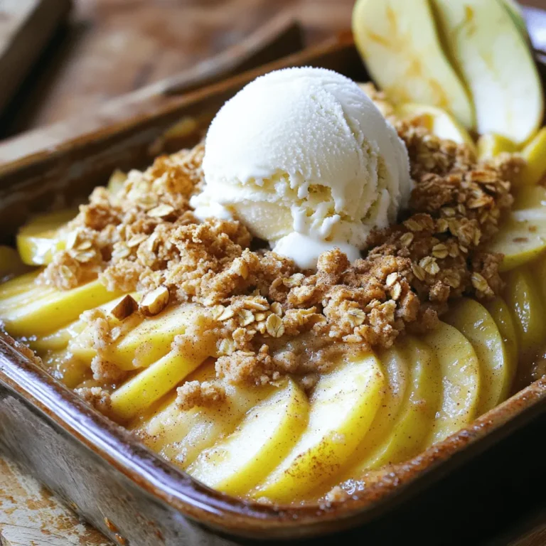 To make a tasty Easy Apple Crumble, gather these ingredients: - 4 medium-sized apples, peeled and sliced (such as Granny Smith or Honeycrisp) - 1 teaspoon cinnamon - 1 tablespoon lemon juice - ½ cup brown sugar - 1 cup rolled oats - ½ cup all-purpose flour - ½ cup unsalted butter, melted - ¼ cup chopped walnuts or pecans (optional) - Pinch of salt When choosing apples, I like Granny Smith for their tartness. Honeycrisp adds a nice sweetness. You can also mix these apples for more flavor. The balance enhances the crumble and makes it more enjoyable. You can add your twist to this recipe. Consider these options: - Nuts: Add walnuts or pecans for a crunch. - Spices: A dash of nutmeg can add warmth. - Sweeteners: Try maple syrup for a different flavor. - Fruit: Mix in berries for a fruity surprise. Making these changes can help you find your favorite taste. Feel free to experiment with what you love! For the full recipe, check the details above. First, gather your ingredients. You need four medium apples, cinnamon, lemon juice, brown sugar, oats, flour, melted butter, chopped nuts, and salt. 1. Preheat your oven to 350°F (175°C). This helps the crumble bake evenly. 2. Peel and slice the apples. I like using Granny Smith or Honeycrisp for their tartness. 3. In a large bowl, mix the sliced apples, lemon juice, and cinnamon. Stir until the apples are well-coated. 4. Pour this mixture into a greased 9-inch baking dish. Spread the apples out evenly. Next, let’s make the crumble topping. 1. In another bowl, combine oats, flour, brown sugar, melted butter, chopped nuts (if you want), and a pinch of salt. 2. Mix until it looks crumbly. 3. Sprinkling this topping over the apples is next. Make sure it covers them well. 4. Bake in the preheated oven for 30-35 minutes. You want the apples to be soft and the top to be golden brown. For the best texture, keep these tips in mind: - Don’t cut the apples too small; they should hold their shape. - Mix the topping just until crumbly; over-mixing makes it dense. - If you prefer a crispier topping, bake it a bit longer. Just watch it closely! Follow these steps, and you will have a delicious apple crumble ready to enjoy. For the complete recipe, check the Full Recipe section. To make a great apple crumble, choose apples that are crisp and tart. I love using Granny Smith or Honeycrisp apples. They add the right balance of sweet and sour. Avoid mealy apples, like Red Delicious. Their texture will not hold up in the baking process. Always inspect the apples for bruises or soft spots. Fresh apples will give you the best flavor. One common mistake is not peeling the apples. The skin can be tough and chewy when baked. Another mistake is using too much sugar. You want the apples' natural sweetness to shine. Make sure to mix the crumble topping well. If it's too dry, it won't form that nice, crunchy top. Lastly, do not skip the cooling time. It helps set the crumble and makes it easier to serve. For the best experience, serve your apple crumble warm. A scoop of vanilla ice cream on top is a must! You can also add a dollop of whipped cream for extra creaminess. Sprinkle some cinnamon on top for a nice touch. If you want, add fresh apple slices as a garnish. This adds color and a bit of crunch. Enjoy your delicious dessert with family or friends! You can find the full recipe for more details. {{image_2}} You can easily make this apple crumble gluten-free. Just swap out the all-purpose flour. Use a gluten-free flour blend instead. Many brands offer good options that work well in baking. This change keeps the texture light and crumbly. The taste remains delicious and true to the classic recipe. To make a vegan apple crumble, replace the butter with coconut oil or vegan butter. Both options give a rich flavor. Also, use maple syrup or agave nectar instead of brown sugar. This keeps the sweetness without any animal products. Your dessert will still taste great and be plant-based! Get creative with your crumble! You can add spices like nutmeg or ginger for extra warmth. Dried fruits like cranberries or raisins can add a nice chewiness. For a nutty twist, try different nuts like almonds or hazelnuts. You can even mix in chocolate chips for a fun surprise. Use these ideas to make the recipe your own. Explore the flavors you love! For the full recipe, check the details above. After you enjoy your apple crumble, let it cool first. Use an airtight container for storage. This helps keep it fresh. You can store it in the fridge for up to three days. Cover it tightly with plastic wrap if you don't have a container. If you want to keep it longer, freezing is a great option. Cut the crumble into serving sizes. Wrap each piece in plastic wrap. Then, place the wrapped pieces in a freezer bag. This way, you can enjoy homemade dessert later! It can last up to three months in the freezer. To reheat, you can use the oven or microwave. For the oven, preheat it to 350°F (175°C). Place the crumble in a baking dish. Warm it for 15-20 minutes until it’s hot. If using a microwave, heat for 30 seconds at a time until warm. Enjoy your delicious apple crumble just like fresh! For the full recipe, check out the other sections! Yes, you can use other fruits. Berries, peaches, and pears work well. Just slice them and mix with the lemon juice and cinnamon. Each fruit will give its own flavor. Try different fruits to find your favorite mix! You can skip oats by using more flour. Mix 1 cup of flour with brown sugar and melted butter. Add chopped nuts for crunch if you like. This creates a tasty topping that is still crumbly and delicious. To reheat apple crumble, set your oven to 350°F (175°C). Place the crumble in an oven-safe dish. Heat for about 10 to 15 minutes. This keeps the topping crisp and warms the filling. You can also microwave it for a quick option, but it may not be as crunchy. Enjoy your warm apple crumble! Check out the Full Recipe for more details. In this article, we explored how to make a delicious apple crumble. We covered the ingredients, step-by-step preparation, and baking tips. You learned how to choose the best apples and avoid common mistakes. We also shared variations like gluten-free and vegan options. Lastly, I included storage tips and answered common questions. Apple crumble is easy, fun, and tasty. Enjoy making your own unique version!