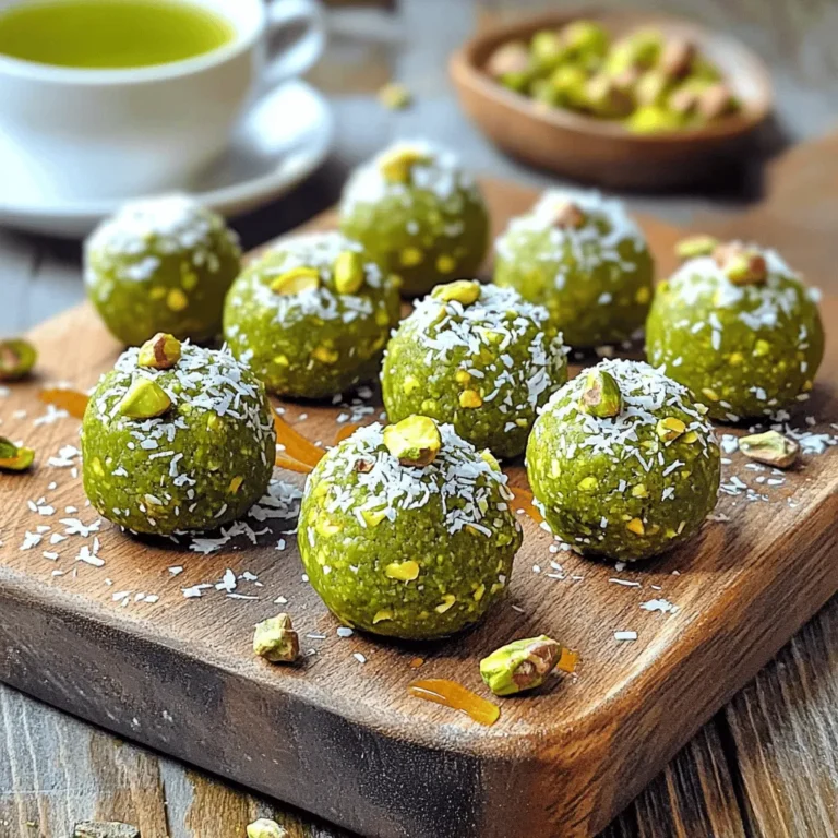 Creating Matcha Pistachio Energy Bites is simple and fun. Here’s what you need: - 1 cup rolled oats - 1/2 cup pistachios, shelled and roughly chopped - 1/4 cup honey or maple syrup - 2 tablespoons matcha powder - 1/4 cup almond butter (or any nut butter of choice) - 1/4 cup chia seeds - 1/2 teaspoon vanilla extract - Pinch of sea salt - 1/4 cup unsweetened shredded coconut (optional) Gathering fresh, quality ingredients makes a big difference. You want to use good matcha powder for its rich taste and health benefits. Pistachios add a nice crunch and protein. I love using almond butter, but any nut butter works well too. The sweetness from honey or maple syrup balances the earthy matcha flavor. If you like texture, add shredded coconut. It gives these bites a nice chew. Feel free to adjust the ingredients based on your taste or what you have at home. Check out the Full Recipe to see how these ingredients come together in a few simple steps. To start, gather your dry ingredients. In a large mixing bowl, combine: - 1 cup rolled oats - 1/2 cup pistachios, shelled and roughly chopped - 1/4 cup chia seeds - 2 tablespoons matcha powder - Pinch of sea salt Mix them well. This ensures every bite gets the good stuff. Next, we make the wet mixture. In a separate bowl, mix together: - 1/4 cup almond butter (or any nut butter of choice) - 1/4 cup honey or maple syrup - 1/2 teaspoon vanilla extract Stir until it’s smooth and well blended. Now, combine the wet and dry ingredients. Pour the wet mixture into the dry mix. Stir until everything is fully incorporated. If you want extra texture, fold in: - 1/4 cup unsweetened shredded coconut (optional) It's time to shape our bites. Use your hands to form small balls, about 1 inch in diameter. If the mixture feels too crumbly, add a bit more almond butter or honey. This will help it stick better. To keep them uniform, roll each ball gently in your hands. This helps them hold their shape. Chill the energy bites for about 30 minutes. This helps them firm up nicely. Once chilled, store them in a container. They can sit in the fridge for up to a week. For longer storage, freeze them. You can easily grab one for a quick snack later. Enjoy your Matcha Pistachio Energy Bites as a tasty and healthy treat! For the full recipe, check the previous section. - Nut butter options: You can swap almond butter for peanut butter or cashew butter. Each choice brings a unique taste but keeps the bites creamy. - Sweetener alternatives: Use agave syrup or brown rice syrup if you want a different flavor. Each sweetener will change the taste slightly. - Suggestions for additional mix-ins: Feel free to add dried fruits like cranberries or apricots for sweetness. You can also mix in seeds like pumpkin or sunflower for crunch. - How to adjust matcha flavor intensity: If you want a stronger matcha taste, add an extra tablespoon of matcha powder. Start small and taste as you go to find your perfect level. - Recommended sizes for energy bites: Aim for bites that are about 1 inch wide. This size makes them easy to eat and share. - Adjusting cooking times for larger sizes: If you make larger bites, chill them longer to set properly. If they are 2 inches, add an extra 15 minutes in the fridge. These tips will help you create the perfect Matcha Pistachio Energy Bites. For the full recipe, check out the earlier section. Enjoy! {{image_2}} You can easily modify this recipe to fit different diets. For a vegan version, switch honey with maple syrup. This keeps the bites sweet while making them plant-based. If you need gluten-free options, use oats labeled as gluten-free. This simple change ensures you enjoy the energy bites without worry. Let your creativity shine by adding different nuts. Try almonds or cashews for a new twist. You can also infuse your bites with spices. A pinch of cinnamon or ginger adds warmth and depth. These small changes can transform the taste and make your energy bites unique. For a fun twist, create a chocolate matcha version. Just add cocoa powder to the mix. This adds a rich flavor that pairs well with matcha. You can also incorporate dried fruits for extra sweetness. Dried cranberries or apricots bring a chewy texture and a burst of flavor. For the Full Recipe, follow the detailed steps to make these energy bites. Enjoy your cooking! Matcha Pistachio Energy Bites last about one week in the fridge. To keep them fresh, store them in an airtight container. This helps prevent them from drying out or absorbing other smells from the fridge. Always make sure the lid is tight after you take some bites. To freeze these energy bites, simply place them in a single layer on a baking sheet. Freeze them for about an hour until firm. Once frozen, transfer them to a freezer-safe bag or container. To enjoy later, just take out a few bites and let them thaw at room temperature. This keeps their texture nice. Use small, airtight containers for the best storage. Glass or sturdy plastic containers work well. For easy access, label your containers with the date you made them. This helps you track how long they have been stored. With proper care, you can enjoy these tasty bites whenever you want! Matcha Pistachio Energy Bites last about a week in the fridge. To keep them fresh, store them in an airtight container. If you want them to last longer, freeze them. They can stay frozen for up to three months. Yes, you can swap pistachios for any nut or seed you like. Almonds, walnuts, or sunflower seeds work well. Just make sure to chop them if they are large. This keeps the bites easy to eat. Matcha packs a lot of nutrients. It contains antioxidants that help fight free radicals. Matcha can boost your metabolism and give you energy without a crash. It also has L-theanine, which promotes calmness and focus. Yes, these energy bites are great for kids. They are healthy and tasty. Just check for nut allergies before serving. If your child has an allergy, use seeds instead of nuts. You can make these bites without matcha. Simply leave it out and use cocoa powder instead. This gives a rich chocolate flavor while keeping the bites delicious. For the full recipe, check the main article. You learned how to make Matcha Pistachio Energy Bites using simple ingredients. The step-by-step guide helps you mix, shape, and store them easily. With various tips for flavors and adjustments, you can create bites that fit your needs. These tasty snacks are great for kids and packed with health benefits. Try out different variations to find your favorite! Making energy bites is fun, and they are a healthy treat you will enjoy. Keep them stored well for the best taste and freshness. Enjoy your energy bites anytime!