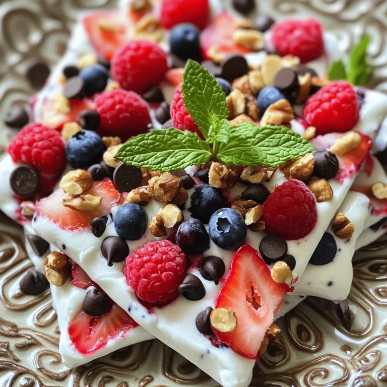 To make frozen yogurt bark, you need a few key ingredients: - 2 cups Greek yogurt (plain or flavored) - 1 tablespoon honey or maple syrup (optional) - 1/2 cup mixed berries (strawberries, blueberries, raspberries) - 1/4 cup chopped nuts (almonds, walnuts, or pistachios) - 2 tablespoons dark chocolate chips (optional) These ingredients create a creamy and tasty treat. The Greek yogurt gives it a rich base. You can use any flavor of yogurt you like. If you want your bark a bit sweeter, try adding honey or maple syrup. Just one tablespoon will do. This step is optional, so feel free to skip it if you prefer less sweetness. The berries and other toppings add their own natural sweetness too. You can get creative with your toppings! Here are some fun ideas: - Fresh fruits like banana slices or kiwi - Nuts such as pecans or hazelnuts - Granola for a crunchy texture - Coconut flakes for extra flavor Mix and match these options to find your favorite combination. Each topping adds a new twist to your frozen yogurt bark. To start, gather your ingredients. You will need Greek yogurt, mixed berries, nuts, and more. Line a baking sheet with parchment paper. This helps with easy removal later. In a bowl, mix Greek yogurt with honey or maple syrup. Stir until smooth and creamy. Then, spread the yogurt mixture on the lined baking sheet. Aim for about 1/4 inch thick. This thickness helps it freeze well. Next, sprinkle your mixed berries over the yogurt. Press them in gently so they stick. Then, add your chopped nuts and dark chocolate chips. Spread them evenly for a nice crunch. Use a spatula to spread the yogurt. Start from the center and push out to the edges. This method helps to keep the layer even. If you want a smooth top, use the back of the spatula. Make sure there are no holes or gaps. These could lead to uneven freezing. Once you have everything spread out, place the baking sheet in the freezer. Freeze it for at least 4 hours. This time allows the yogurt to become solid. If you want to check if it’s ready, poke it gently. If it feels firm, it’s done. After freezing, take it out and peel off the parchment paper. Now you can break the bark into pieces. Serve right away or store in an airtight container in the freezer. You can find the full recipe above for more details. To get that ideal texture in your frozen yogurt bark, use full-fat Greek yogurt. This yogurt is rich and creamy, giving a nice bite. If you choose a low-fat version, it may freeze too hard. Mix in honey or maple syrup for a touch of sweetness. This makes the bark softer and easier to break apart. Spread the yogurt about 1/4 inch thick on the baking sheet. A thicker layer may take longer to freeze, so keep it even. You can make frozen yogurt bark your own! Try using different fruits like mango or kiwi. Each fruit adds a special taste and color. For nuts, use what you love—almonds, walnuts, or pistachios work great. Want more fun? Add dark chocolate chips or coconut flakes. Be creative! You can even mix in spices like cinnamon or vanilla for extra flavor. Just ensure you balance the flavors with the yogurt base. When it’s time to serve, break the bark into pieces of any size. Arrange them on a nice plate for a fun look. Add fresh mint leaves on top for a pop of green. A drizzle of honey over the bark makes it even more appealing. You can also pair it with fresh fruit on the side. This gives a nice touch and adds to the fun. Enjoy your frozen yogurt bark as a cool snack or a light dessert! For a full recipe, check the Full Recipe. {{image_2}} You can use various yogurts for your bark. Greek yogurt is thick and creamy. It offers a rich taste. You can also try flavored yogurts like vanilla or strawberry. These add a fun twist. For a lighter option, use regular yogurt. Each choice gives a unique flavor to your treat. Seasonal fruits make great toppings. In summer, choose fresh berries like strawberries and blueberries. In fall, add sliced apples or pumpkin spice. Winter calls for citrus fruits like oranges or pomegranates. Each season brings new tastes. Don’t forget to add nuts for crunch. They add a nice texture and flavor contrast. You can easily make this treat vegan. Use coconut yogurt or almond yogurt instead of dairy. These options are creamy and delicious. For sweetening, use maple syrup or agave nectar. They blend well with plant-based yogurts. This way, everyone can enjoy Frozen Yogurt Bark without dairy. To keep your frozen yogurt bark fresh, place it in an airtight container. I prefer using a glass or plastic container with a tight lid. This helps keep moisture out and flavor in. If you made a big batch, you can also wrap the bark pieces in plastic wrap before placing them in the container. Make sure to layer parchment paper between the pieces to avoid sticking. If you have leftovers, you can re-freeze them easily. Just ensure the bark is in an airtight container. When you're ready to enjoy it again, take it out and let it sit for a few minutes. This softens it slightly, making it easier to break into pieces. If it was not fully thawed before, it may have a little ice. Just give it a gentle squeeze or tap to break it apart. Frozen yogurt bark can last up to two months in the freezer. After this time, it may lose some flavor and texture. To enjoy it at its best, eat it within the first month. The yogurt may become icy but should still taste good. When you pull it out, check for any off smells or changes in color. If it looks good, it’s still safe to eat. For the best experience, serve it fresh or within a few weeks of making it. Frozen yogurt bark is a fun, tasty treat. It is made from yogurt that you freeze. You can add fruits, nuts, and chocolate to it. When frozen, you can break it into pieces. Each bite is cool and creamy. It’s a great way to enjoy yogurt in a new form. You can make it with Greek yogurt for a thicker texture or use flavored yogurt for more taste. The best part? You can customize it however you want! Yes, you can use non-dairy yogurt! Many people enjoy dairy-free options. Almond, coconut, or soy yogurt works great. Just make sure it has a similar texture to Greek yogurt. This will help your bark hold its shape. You can still add your favorite fruits and nuts. Non-dairy yogurt makes this treat friendly for everyone. You can freeze frozen yogurt bark for up to two months. It stays tasty and fresh during this time. For best results, keep it in an airtight container. This helps prevent ice crystals. When you’re ready to eat it, just break off a piece. You can let it sit a bit to soften or enjoy it right away! You learned how to make tasty frozen yogurt bark. We covered essential ingredients, sweeteners, and toppings to enhance flavor. I shared easy step-by-step instructions, tips for texture, and storage methods. You can even customize your bark with unique flavors and options. Now, enjoy making this fun treat your way! With simple steps and fun variations, this dessert will please everyone. Keep experimenting, and you might discover your favorite version.