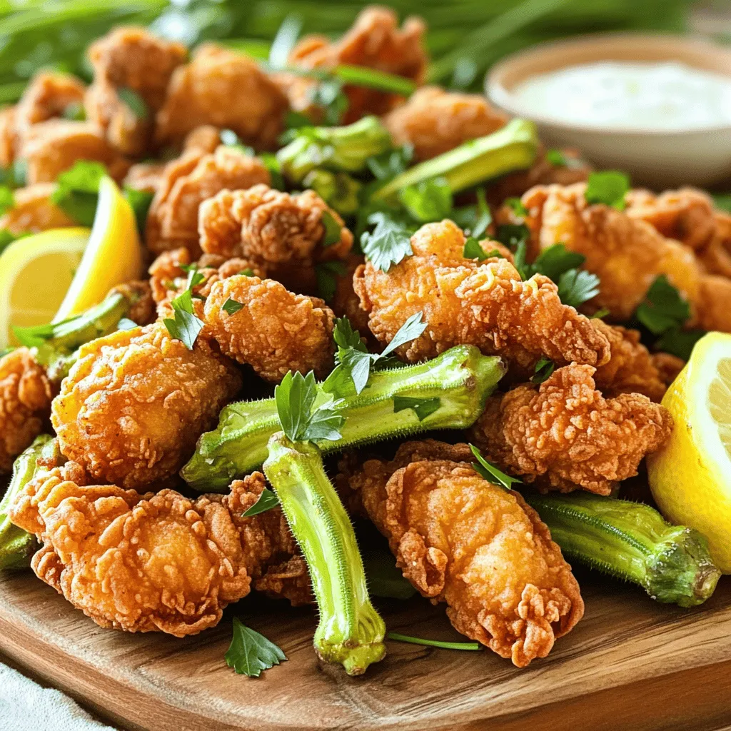 - 1 lb chicken breasts, cut into bite-sized pieces - 2 cups fresh okra, sliced into 1/2-inch pieces - 1 cup buttermilk (or milk with 1 tbsp vinegar added) - 1 ½ cups cornmeal - 1 cup all-purpose flour - 1 tsp garlic powder - 1 tsp onion powder - 1 tsp smoked paprika - ½ tsp cayenne pepper (adjust for heat) - Salt and pepper to taste - Oil for frying (vegetable or canola oil) - Fresh parsley, chopped for garnish Gathering the right ingredients is key. The chicken should be fresh and cut into bite-sized pieces. Okra adds a lovely crunch. Buttermilk makes the chicken tender. If you do not have buttermilk, mix milk with vinegar. Cornmeal and flour create a crispy coating. The seasonings bring flavor, so use garlic powder, onion powder, smoked paprika, and cayenne pepper. Adjust the cayenne for spice. For frying, pick a neutral oil like vegetable or canola. Fresh parsley at the end adds a nice touch. You can find the full recipe in the Crunchy Fried Okra & Chicken Delight section. - Start by combining chicken pieces with buttermilk in a medium bowl. - Season the mixture with salt and pepper. - Let the chicken marinate for at least 30 minutes. For best results, marinate up to 2 hours in the fridge. - In another bowl, mix cornmeal, flour, garlic powder, onion powder, smoked paprika, cayenne pepper, and a pinch of salt and pepper. - The right consistency should be dry but not too thick. You want it to stick to the chicken and okra well. - Remove the chicken from the buttermilk. Allow the excess to drip off. - Dredge each piece in the cornmeal mixture. Make sure they are fully coated. Set them aside on a plate. - Next, add sliced okra to the same cornmeal mixture. Toss until the okra is coated well. - Pour enough oil into a large skillet to cover the bottom by about 1 inch. - Heat the oil over medium-high heat until it reaches 350°F (175°C). - Fry the chicken pieces in batches. Do not overcrowd the pan. Cook for about 6-8 minutes until golden brown. - Remove the chicken and place it on a paper towel-lined plate to drain. - In the same hot oil, add the okra. Fry for about 3-4 minutes until crispy and golden. Use a slotted spoon to remove and drain on paper towels. - Arrange the fried chicken and okra on a serving platter. - Garnish with chopped parsley for a touch of color. - Serve with ranch or remoulade sauce for dipping. Enjoy your meal! To get that perfect crunch, you must control the oil temperature. I recommend heating the oil to 350°F (175°C). This temperature ensures the coating crisps up nicely. If the oil is too hot, the coating burns. If it's too low, your food absorbs too much oil and becomes soggy. Another key tip is to avoid overloading the frying pan. Fry in small batches. This way, the oil temperature stays even. If you add too much food at once, the temperature drops. Your chicken and okra won't fry well. You can adjust the seasoning to make it your own. I like to add more garlic powder for a bolder taste. You can also try different spices, like cumin or thyme, for a unique twist. Fresh herbs can also elevate your dish. Adding chopped parsley or cilantro right before serving gives a fresh kick. Don't be afraid to experiment with flavors you enjoy. For frying, I suggest using a cast-iron skillet. It heats evenly and helps achieve that crispy texture. A heavy-bottomed pan also works well. A thermometer is essential for oil temperature. It helps you maintain the right heat. If you don't have one, watch for small bubbles when you drop in a piece of chicken. If it sizzles, your oil is ready! {{image_2}} You can make fried okra and chicken healthier. One easy way is by baking. Baking gives you that crispiness without all the oil. It takes a bit longer, but it’s a lighter option. You can also use gluten-free flour. This makes the dish safe for those with gluten issues. Just swap out regular flour for gluten-free flour in your coating mix. Want to spice things up? You can add different spices to the coating. Try cayenne pepper for heat or smoked paprika for a deeper flavor. You can also mix in cheese or other veggies. Grated cheese melts nicely and adds richness. Chopped peppers or onions can add fun textures and tastes. Fried okra and chicken shines in Southern cooking. The South loves its crispy, flavorful dishes. In other cultures, you might find variations, too. For example, in some Caribbean recipes, they use coconut milk for marinating. This adds a sweet twist. Each region puts its spin on this classic dish, making it fun to explore! To store leftovers, let them cool to room temperature. Place the fried okra and chicken in an airtight container. Store the container in the fridge. Enjoy them within 3 days for the best taste. For long-term storage, freeze the fried okra and chicken. Use a freezer-safe bag or container. Make sure to remove as much air as possible. This keeps them fresh for up to 3 months. When ready to eat, thaw them in the fridge overnight. Reheat in the oven at 350°F for about 15-20 minutes. This helps maintain their crunch. Check your leftovers before eating. Look for any off smells or changes in color. If they seem soggy, they may not taste as good. To keep them crispy, store the chicken and okra separately. Reheat them in the oven, not the microwave. This will help them stay crunchy. For more cooking tips, check the Full Recipe. Yes, you can use frozen okra. Frozen okra is easy to find. It saves prep time. However, it may not be as crunchy. Fresh okra has a better texture. If you use frozen, thaw it first. Pat it dry to remove moisture for better frying. Dipping sauces make this meal even better. Here are some great options: - Ranch dressing: Creamy and tangy, it complements the crunch. - Remoulade: This spicy sauce adds a kick. - Honey mustard: Sweet and zesty, it balances the flavors. - Hot sauce: For those who love heat, add a splash. To check if chicken is done, look for these signs: - The chicken should be golden brown on the outside. - Use a meat thermometer; it should read 165°F (75°C). - The juices should run clear, not pink. - If you cut into it, the meat should be white, not red. Sides can enhance your meal and add variety. Here are some tasty ideas: - Coleslaw: Crunchy and refreshing, it balances the fried food. - Cornbread: Sweet and soft, it complements the dish well. - Mashed potatoes: Creamy and comforting, they pair nicely. - Green beans: A healthy option that adds color. You can find the full recipe for "Crunchy Fried Okra & Chicken Delight" [here](#). Enjoy frying this tasty dish! You now have a complete guide to making crunchy fried chicken and okra. From marinating chicken to perfecting the frying technique, each step aims for delicious results. Remember, cooking is about balance; adjust flavors to suit your taste. Experiment with healthier options or regional twists for variety. Store leftovers properly to keep them tasty. With these tips, you can enjoy a meal that impresses family and friends. Dive in and enjoy making this dish your own!