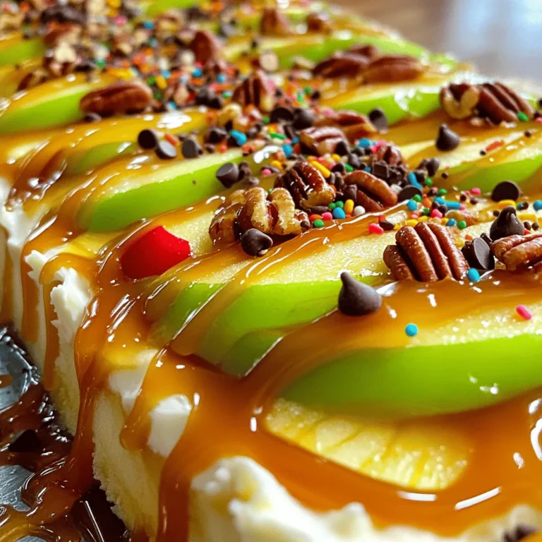 To make a great caramel apple dip, you need just a few key items. Here’s what you’ll need: - 2 large apples (such as Granny Smith or Honeycrisp), sliced - 1 cup caramel sauce (store-bought or homemade) - 1/2 cup cream cheese, softened - 1 tablespoon brown sugar - 1/2 teaspoon vanilla extract - 1/4 teaspoon sea salt - Chopped nuts (such as pecans or walnuts) for topping This mix of sweet and creamy gives the dip its rich flavor. The apples add a crisp bite that balances the sweetness. You can change things up with some fun add-ins. Here are a few ideas: - Mini chocolate chips for a sweet touch - Colorful sprinkles for a festive look - A sprinkle of cinnamon for a warm spice These extras can make your dip even more special. Try them out and see what you like best! The type of apple you choose matters. Some apples work better with caramel than others. Here are my top picks: - Granny Smith: Tart and crisp, they contrast nicely with sweet caramel. - Honeycrisp: Sweet and juicy, they add a wonderful flavor. - Fuji: These are very sweet and firm, great for dipping. Using the right apple enhances the dip's taste. Choose your favorites, and enjoy the mix of flavors! To make caramel apple dip, start with the cream cheese base. In a medium bowl, mix the softened cream cheese, brown sugar, vanilla extract, and sea salt. Whisk until it is smooth and creamy. This step is key for a tasty dip. Next, warm the caramel sauce slightly. Use the microwave for about 20-30 seconds. Then, stir it to make sure it is smooth and pourable. Now, layer the cream cheese mix on a serving platter. Spread it evenly across the bottom. Then, drizzle half of the warm caramel sauce over this cream cheese layer. You want a nice swirl effect here! Arrange the apple slices around the platter. Place them directly on top of the cream cheese and caramel mix. After that, drizzle the rest of the caramel sauce over the apples. Let it drip down into the cream cheese layer. Finally, sprinkle chopped nuts on top. You can also add mini chocolate chips or sprinkles for extra fun. Chill in the fridge for about 15 minutes to firm it up. Enjoy your caramel apple dip! To get the best creamy texture, ensure the cream cheese is at room temperature. Cold cream cheese will not mix well, and you’ll have lumps. If you forget to soften it, you can cut it into smaller pieces and microwave it for about 10 seconds. Whisking is also important. Use a hand mixer if you want it to be super smooth. Mixing well helps blend all the flavors together. If your caramel sauce is too thick, warm it a little more. This helps it pour easily and blend nicely with the cream cheese. For a beautiful presentation, use a shallow dish or a large platter. This makes it easy for guests to dip. Arrange the apple slices in a circle around the dip. You can also serve it in individual cups for a fun touch. This way, everyone gets their own portion. Don't forget to add colorful toppings like mini chocolate chips or sprinkles on top. They make the dip look more inviting and fun. For an added touch, place a few whole apples around the platter. This adds color and draws attention to your delicious treat. To make store-bought caramel sauce taste homemade, start by warming it gently. Heat the sauce in a microwave for about 20-30 seconds. This makes it smoother and easier to pour. Then, add a pinch of sea salt. This small touch enhances the flavor. You can also mix in a dash of vanilla extract for extra depth. These steps will elevate the store-bought sauce and impress your guests. Avoid using cold cream cheese. Cold cream cheese will clump and not blend well. Always soften it first. Another mistake is pouring cold caramel over the dip. Warm caramel spreads better and looks nicer. Also, be careful not to overmix your cream cheese mixture. This can make it too thin. Lastly, don’t skip the chilling step. Chilling helps the dip hold its shape and taste better. For serving sizes, plan on about 1/4 cup of dip per person. This amount will satisfy most guests. If you have kids, consider smaller portions. They may prefer less dip with more apple slices. When arranging the apples, create an inviting display. You can slice the apples into wedges or rounds for variety. The more colorful your platter, the better it looks. For larger gatherings, double the recipe. You can find the full recipe to help you prepare enough for everyone. {{image_2}} You can change the taste of your caramel apple dip in fun ways. Try adding spices like cinnamon or nutmeg for a warm flavor. You might also mix in some cocoa powder for a chocolate twist. If you want a fruity kick, add a splash of lemon juice or orange zest. Each of these flavors brings something new to the mix. Want to make a healthier dip? You can swap cream cheese for Greek yogurt. It adds a nice tang and is lower in fat. For the caramel, try using date syrup or honey. These options are sweet and natural. If you want to cut down on sugar, use unsweetened applesauce instead of caramel sauce. You still get that sweet taste with fewer calories. This dip works for many events. For a party, serve it in a big bowl with apple slices on the side. You can even add pretzels or graham crackers for dipping. If it's a picnic, pack it in small containers for easy sharing. For a cozy night in, make a mini version just for you. Add some whipped cream on top for a treat! After enjoying your caramel apple dip, store any leftovers in an airtight container. Make sure to keep it in the fridge. This helps keep the dip fresh and tasty. If you have chopped apples in the dip, remove them before storing. Apples can turn brown and mushy. Leftover caramel apple dip lasts about 3 to 5 days in the fridge. Keep an eye on it for any changes in smell or texture. If you notice anything odd, it’s best to toss it. Always check for freshness before enjoying again. Yes, you can freeze caramel apple dip, but it may change in texture. To freeze, transfer it to a freezer-safe container. Leave some space at the top for expansion. When ready to eat, thaw it in the fridge overnight. Stir well before serving. The taste remains great, but it may not be as creamy. For the best experience, enjoy it fresh. Check out the Full Recipe for more details on making this delicious treat. The best way to soften cream cheese is to let it sit at room temperature. This usually takes about 30 minutes. If you're in a hurry, you can cut it into small cubes. Place the cubes in a bowl and microwave for about 10-15 seconds. Check to see if it's soft enough. Repeat if needed, but don’t overheat. Yes, there are good substitutes for caramel sauce. You can use butterscotch sauce or chocolate sauce for a different taste. Honey or maple syrup works too, but they do change the flavor. If you want a healthier option, try a homemade date caramel made from blended dates and a little water. Absolutely! You can use pears, bananas, or strawberries. Each fruit brings its own taste. Pineapple or peaches can also be fun choices. Just remember that softer fruits might break apart more easily, so slice them thick. Experiment with your favorite fruits for new flavors! In this article, we explored how to make caramel apple dip. We discussed essential ingredients, optional add-ins, and the best apples to use. I shared step-by-step instructions and tips for a creamy finish. We also looked at variations and storage methods. Feel free to experiment with flavors and servings. Remember, making this dip is easy and fun. Enjoy your delicious creation at any gathering! Your friends and family will love it.
