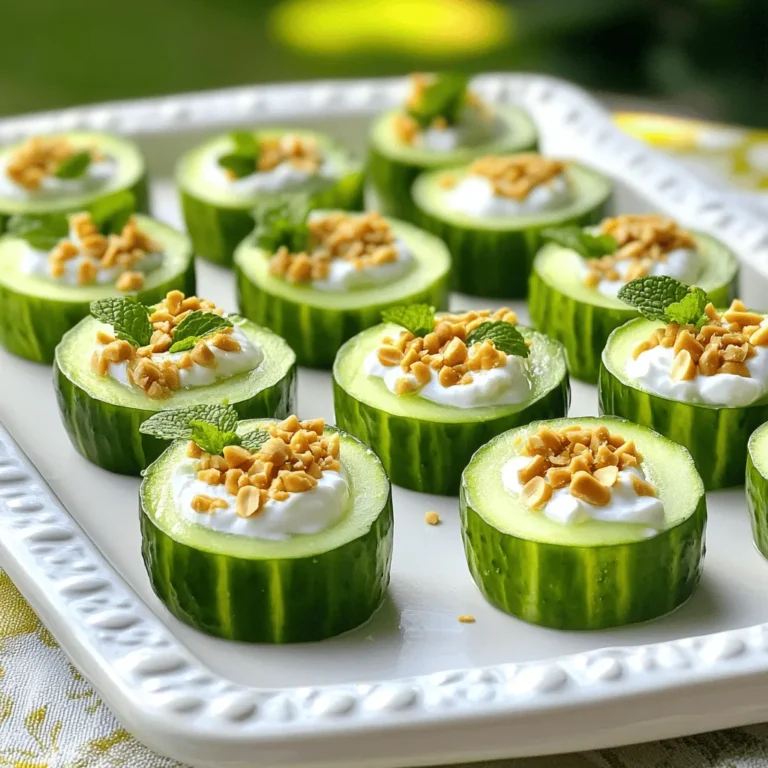 Mint Pickle Cucumber Cups combine fresh flavors in a simple snack. This easy recipe features crunchy cucumbers filled with a mint and yogurt blend. You can prepare this dish in about 35 minutes, making it perfect for gatherings or a quick treat. - 2 large cucumbers - 1 cup mint leaves, finely chopped - 1/2 cup plain yogurt - 2 tablespoons lemon juice - 1 tablespoon olive oil - 1 teaspoon cumin powder - 1 teaspoon chili powder - 1/2 teaspoon salt - Black pepper to taste - 1/4 cup roasted peanuts, crushed (for garnish) You can swap cucumbers with zucchini for a different taste. If you prefer, use Greek yogurt instead of plain yogurt for more creaminess. Fresh herbs like dill or cilantro can replace mint if you want a new flavor. You can also use apple cider vinegar instead of lemon juice for a tangy kick. Start with two large cucumbers. Slice them in half lengthwise. Use a small spoon to scoop out the seeds. This creates little boats or cups. Set these cucumber cups aside for later. In a mixing bowl, chop one cup of fresh mint leaves. Then, add half a cup of plain yogurt. Next, squeeze in two tablespoons of lemon juice. Drizzle in one tablespoon of olive oil. Sprinkle in one teaspoon of cumin powder and one teaspoon of chili powder. Add half a teaspoon of salt and black pepper to taste. Mix all these ingredients well. You want a creamy, green filling that smells fresh and inviting. Now, take a spoon and fill each cucumber cup with the mint yogurt mixture. Pack it gently to make it look nice. Once filled, sprinkle crushed roasted peanuts on top. This adds a great crunch and flavor contrast. For even better taste, chill the cucumber cups for at least 20 minutes. This allows the flavors to blend. When you’re ready to serve, place them on a platter. Enjoy this refreshing snack that’s easy to make and fun to eat! You can find the full details in the Full Recipe. Choose firm cucumbers with smooth skin. Look for bright green color, too. Avoid cucumbers that feel soft or have blemishes. If you can, pick organic cucumbers for the best taste. Fresh cucumbers are key to making your Mint Pickle Cucumber Cups shine. Want to add more flavor? Try mixing in some diced tomatoes or red onion. A sprinkle of feta cheese can also add a nice touch. You can swap the cumin for smoked paprika for a different twist. Each of these will give the cups a unique flavor. To save time, prepare the mint filling in advance. You can make it the night before and store it in the fridge. Just fill the cucumber cups when ready to serve. For quicker prep, use a melon baller to scoop out the seeds. This makes it easy and fun to create your cups. Check out the Full Recipe for more detailed steps! {{image_2}} If you want to switch up the filling, consider using cream cheese. You can mix in herbs like dill for a fresh taste. Another option is to use hummus. Hummus adds a rich, creamy texture without dairy. You can even try a spicy bean dip for a bold flavor. Each of these options brings a unique twist to your cucumber cups. To enhance flavor, think about adding garlic or onion powder to the mint filling. A pinch of smoked paprika can add warmth. For a tangy kick, add a splash of hot sauce. You can also mix in diced tomatoes or bell peppers for extra crunch. These small changes can make your snack even more exciting. Mint Pickle Cucumber Cups pair well with many dishes. Try serving them alongside grilled meats or fish for a fresh contrast. They also work great as a side with spicy curries. For a light lunch, serve them with a crisp salad. You can even add them to a platter with other appetizers. This makes your meal colorful and fun. For the full recipe, check out the Mint Pickle Cucumber Cups section above. To keep your Mint Pickle Cucumber Cups fresh, place them in an airtight container. If you have extra filling, store it separately. This way, your cucumbers stay crisp and do not get soggy. Cover the container with plastic wrap for added protection. When stored properly in the fridge, these cucumber cups last up to two days. After that, the cucumbers may lose their crunch. The filling should stay good for about three days. Always check for off smells or changes in texture before eating. You can prepare the filling a day in advance. This saves time and allows flavors to mix well. Just keep it in the fridge until you are ready to fill the cucumber cups. Slice the cucumbers just before serving to keep them firm. This method ensures your Mint Pickle Cucumber Cups stay refreshing and delightful. For the full recipe, refer to the section above. Yes, you can make Mint Pickle Cucumber Cups ahead of time. Prepare the cucumber cups and the mint filling separately. Store the filling in the fridge. When you’re ready to serve, fill the cucumber cups. This keeps them fresh and crunchy. The flavors blend nicely if you chill them for a while before serving. I recommend making them a few hours ahead for the best taste. These cucumber cups pair well with many dishes. You can serve them with grilled meats or fish. They also go great with flatbreads or rice dishes. For a light meal, add some salad or hummus. If you want something fun, serve them at a party with other snacks. They are a great palate cleanser. You can also serve them with a refreshing drink like lemonade or iced tea. Yes, cucumbers and mint offer many health benefits. Cucumbers are low in calories and high in water. They keep you hydrated and help with digestion. Mint adds flavor without extra calories. It can help soothe your stomach. Mint also has antioxidants, which fight free radicals. Together, they make a tasty snack that is good for you. Enjoy your Mint Pickle Cucumber Cups as a healthy treat! This blog post covered how to make fresh Mint Pickle Cucumber Cups. We went over the full recipe, ingredient substitutions, and step-by-step instructions. I shared tips for choosing the best cucumbers, quick prep ideas, and ways to enhance flavor. You can try different fillings and serving ideas to mix it up. Lastly, we discussed how to store leftovers and answered common questions. Enjoying these tasty cups can lead to healthy snacks for everyone. I hope you enjoy making them!