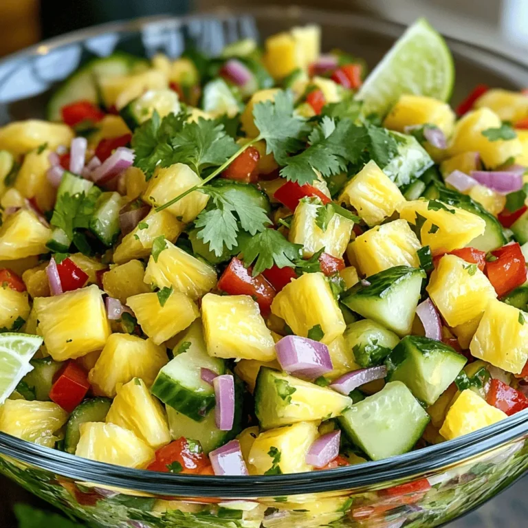 To make this delicious pineapple cucumber salad, gather these fresh ingredients: - 1 ripe pineapple, peeled, cored, and diced - 1 large cucumber, diced - 1 red bell pepper, diced - 1 small red onion, finely chopped - 1 jalapeño, deseeded and minced (optional for spice) - 1/4 cup fresh cilantro, chopped - Juice of 2 limes - 1 tablespoon honey (or maple syrup for a vegan option) - Salt and pepper to taste When measuring the ingredients, use a sharp knife for the pineapple and cucumber. Make sure to use a measuring cup for the honey or maple syrup to get it just right. For the lime juice, roll the limes on the counter to get more juice from them. The cilantro should be packed lightly in the cup for accurate measurement. You can switch some ingredients if you want. If you don't have a jalapeño, try using bell pepper for sweetness. Try using green onions instead of red onion for a milder taste. If you need a sweeter salad, you can add more honey or use agave syrup. For a tropical twist, mango or kiwi can replace some pineapple. Feel free to mix and match! Start by gathering your ingredients. You need one ripe pineapple, one large cucumber, one red bell pepper, and one small red onion. If you want a kick, grab one jalapeño too. Chop them all into small pieces. Dicing them helps mix the flavors well. Don't forget to finely chop 1/4 cup of fresh cilantro. This adds a bright taste. Squeeze the juice of two limes into a small bowl. Add one tablespoon of honey for sweetness. If you prefer a vegan option, use maple syrup instead. Use salt and pepper to season later. In a large mixing bowl, add the diced pineapple, cucumber, red bell pepper, red onion, and jalapeño if you chose to use it. This mix looks colorful and fresh. In your small bowl, whisk the lime juice and honey together. Once mixed, pour this over the salad. Gently toss everything together. This helps coat all your veggies with that sweet and zesty dressing. Now, it's time to add the chopped cilantro. Sprinkle it into the salad and mix again. This last step brightens the flavor. Season with salt and pepper to taste. For the best results, let your salad sit for about 10-15 minutes. This waiting time allows the flavors to blend well. When ready, serve it in a large glass bowl. This shows off the vibrant colors. Add extra cilantro leaves and lime wedges on top for a beautiful touch. For the full recipe, check out the details above. Enjoy your refreshing and healthy pineapple cucumber salad! To keep your salad fresh, use ripe pineapple and crisp cucumbers. Choose a pineapple with a sweet smell. The skin should be slightly soft but not mushy. For cucumbers, look for firm ones with smooth skin. Wash them well before cutting. Prepare your salad right before serving for the best taste. You can add more flavor with herbs or spices. Try adding fresh mint or basil for a twist. A pinch of chili powder gives it a kick. If you love garlic, add a small minced clove. You could also swap honey for agave syrup for a different sweetness. Feel free to adjust the lime juice to your taste. Serve your salad in a large glass bowl to show off the bright colors. You can layer the ingredients for a beautiful effect. Garnish with extra cilantro leaves and lime wedges on top. This makes the dish pop and looks inviting. Use a colorful plate to add more fun to your meal. {{image_2}} You can make your pineapple cucumber salad even heartier by adding protein. Grilled chicken adds a tasty touch. Shrimp is another great option. For a meat-free choice, try chickpeas or black beans. These options will give you more energy and keep you full longer. The dressing can change the flavor of your salad. The lime and honey mix is fresh and bright. But, you can also try a sesame oil dressing for a nutty taste. A simple olive oil and balsamic vinegar blend works well too. Feel free to mix and match to find your favorite. Seasonal fruits and veggies can spice things up. In summer, add fresh strawberries or mango for sweetness. In fall, consider diced apples or pears for crunch. Each season offers different tastes, so have fun experimenting! To keep your Pineapple Cucumber Salad fresh, place it in an airtight container. Make sure the lid seals well to keep out air. This way, your salad stays crisp and tasty. You can also use plastic wrap if you don’t have a container. Just cover the bowl tightly. When stored correctly, this salad lasts about 2 to 3 days in the fridge. After that, the cucumber can become mushy, and the flavors may fade. Always check for freshness before eating. If it smells off or looks strange, it's best to toss it. I do not recommend freezing this salad. The texture of cucumber and pineapple changes when frozen. It can become watery and lose its crunch. If you want to enjoy it later, make a smaller batch. This way, you can eat it fresh each time. For the best taste, enjoy your Pineapple Cucumber Salad right after making it. For the full recipe, check out the details above. To make Pineapple Cucumber Salad, follow these easy steps: - Start with 1 ripe pineapple. Peel, core, and dice it. - Next, take 1 large cucumber and dice it. - Dice 1 red bell pepper and finely chop 1 small red onion. - If you like spice, deseed and mince 1 jalapeño. - In a big bowl, mix the pineapple, cucumber, bell pepper, onion, and jalapeño. - In a small bowl, whisk juice from 2 limes with 1 tablespoon of honey. - Pour this mix over your salad and toss gently. - Add in 1/4 cup of chopped cilantro, and season with salt and pepper. - Toss again to mix everything well. - Let it sit for 10-15 minutes to blend the flavors. You can find the complete details in the Full Recipe. Yes, Pineapple Cucumber Salad is vegan if you use maple syrup instead of honey. The salad contains fresh fruits and veggies, making it light and healthy. You can enjoy it without worrying about animal products. This salad pairs well with many dishes. Try serving it with grilled chicken or fish for a balanced meal. It also goes great with tacos or as a side for BBQ. You can even enjoy it with some rice or quinoa for a filling option. In this article, I covered how to create a tasty Pineapple Cucumber Salad. We explored the key ingredients and important measurements, plus helpful substitutes. I shared step-by-step actions for preparing and mixing the salad, along with tips for freshness and flavor. You also learned variations and how to store leftovers. This recipe is fun and easy to make. Enjoy adding your twist to it!