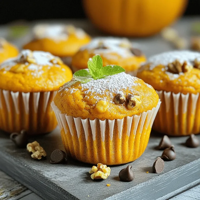 The main ingredients for ultimate pumpkin muffins are key to their rich flavor and moist texture. Here’s what you need: - 1 cup canned pumpkin puree - 1/2 cup vegetable oil - 3/4 cup brown sugar - 1/2 cup granulated sugar Canned pumpkin puree gives the muffins a deep, earthy taste. Vegetable oil keeps them moist and fluffy. The sugars add sweetness and help with browning. For extra flavor and crunch, consider these optional add-ins: - 1 cup chopped walnuts or pecans - 1/2 cup chocolate chips Adding nuts gives a nice texture contrast, while chocolate chips add a fun sweetness. You can mix and match based on your taste. If you need substitutes, here are some ideas: - Instead of vegetable oil, use melted coconut oil or applesauce. - For the sugars, you can try using honey or maple syrup. These alternatives can change the flavor profile a bit, so experiment to find what you enjoy most. Remember, using different ingredients can make your muffins unique! 1. Preheat your oven to 350°F (175°C). 2. Line a muffin tin with paper liners or grease it lightly. 3. In a large bowl, mix together the pumpkin puree, vegetable oil, eggs, brown sugar, granulated sugar, and vanilla extract. Whisk until smooth. 1. In another bowl, sift the flour, baking soda, baking powder, ground cinnamon, ground nutmeg, ground ginger, and salt. 2. Gradually mix the dry ingredients into the pumpkin mixture. Stir gently until just combined. It’s fine if some lumps remain. 3. If you want extra flavor, fold in the optional chopped nuts or chocolate chips. 1. Fill each muffin cup about 2/3 full with the batter. 2. Bake in the oven for 18-20 minutes. Check doneness by inserting a toothpick into the center. It should come out clean. 3. Once baked, let the muffins cool in the tin for about 5 minutes. Then, transfer them to a wire rack to cool completely. For the full recipe, refer to the earlier sections. Enjoy the process of making these tasty muffins! To make the best pumpkin muffins, avoid overmixing your batter. When you mix, stop as soon as you see no dry flour. Some lumps are just fine. Overmixing makes your muffins tough. To check if your muffins are done, use a toothpick. Insert it into the center of a muffin. If it comes out clean, they are ready. If it has wet batter, bake a few more minutes. You can add extra spices for a flavor boost. Consider using more cinnamon or nutmeg. A hint of cloves can also work well. Each spice adds warmth and depth. Mixing in seasonal ingredients can give your muffins a twist. Try adding dried cranberries or chopped apples. These will bring in new textures and tastes. Serve your muffins warm for the best experience. Dust them with powdered sugar or drizzle maple glaze on top. A sprig of mint or a sprinkle of cinnamon adds flair. For storing muffins, keep them in an airtight container. This helps maintain freshness. Enjoy them within a few days for the best taste. {{image_2}} For gluten-free muffins, you can use gluten-free flour. Look for a blend that works well in baking. This change keeps the texture light and fluffy. You can also add a bit of xanthan gum for better binding. If you want to go vegan, replace the eggs with flaxseed meal. Mix one tablespoon of flaxseed with three tablespoons of water. Let it sit for five minutes to thicken. You can also swap the vegetable oil for coconut oil or unsweetened applesauce. Both options keep the muffins moist. To change the flavor, add spices or extracts. Try pumpkin pie spice for a warm taste. You can also add vanilla or almond extract for a sweet twist. Fruits can boost flavor too. Mixing in cranberries adds a zingy taste. Diced apples bring a crisp texture. Both options pair well with pumpkin. You can choose between mini muffins and regular muffins. Mini muffins are perfect for snacks. They bake faster, so check them at 12-15 minutes. Regular muffins take about 18-20 minutes. Adjusting the size lets you serve different portions. Kids may love mini muffins, while adults enjoy the larger ones. Each size has its charm and makes sharing fun. Check the baking times carefully to avoid overbaking. To keep your ultimate pumpkin muffins fresh, store them in a cool place. Use an airtight container. This helps keep moisture in and prevents them from drying out. You can also wrap them in plastic wrap. If you want to keep them warm, place them in a bread box or a covered dish. For long-term storage, freezing is your best option. To freeze muffins, wait until they cool completely. Then, wrap each muffin in plastic wrap. Place the wrapped muffins in a freezer-safe bag. Make sure to squeeze out as much air as you can. This prevents freezer burn. When you want to eat them, thaw them in the fridge overnight. To reheat, pop them in the microwave for 15-30 seconds or warm them in the oven at 350°F (175°C) for about 10 minutes. You can store your pumpkin muffins at room temperature for about 3 days. If you keep them in the fridge, they last about a week. Always check for signs of spoilage, such as mold or an off smell. If they feel hard or dry, it’s time to toss them. Enjoy your muffins fresh for the best taste! For more details, check out the Full Recipe. How to make pumpkin muffins from scratch? To make pumpkin muffins from scratch, gather your ingredients. You need canned pumpkin puree, sugar, oil, eggs, flour, and spices. Mix the wet ingredients first, then add the dry ones. Be careful not to overmix. Bake the muffins for about 18-20 minutes. For the full recipe, see above. What if I don’t have canned pumpkin? If you don’t have canned pumpkin, you can use fresh pumpkin. Cook and puree the pumpkin until smooth. You can also use butternut squash puree as a substitute. This will give a nice flavor too. Can I reduce the sugar? Yes, you can reduce the sugar in this recipe. Cut the brown and granulated sugar by 1/4 cup each. You may want to add more spices for flavor. This keeps the muffins tasty and reduces sweetness. How do I make them healthier? To make the muffins healthier, use whole wheat flour instead of all-purpose flour. You can also swap some sugar for applesauce. Adding nuts boosts nutrition too. These changes keep the muffins moist and delicious. Why are my muffins too dense? If your muffins are too dense, you may have overmixed the batter. Stir just until combined. Also, check your baking powder and baking soda. If they are old or expired, they may not work well. What should I do if they overflow? If your muffins overflow, you probably filled the cups too much. Next time, fill them about 2/3 full. If they overflowed, let them cool a bit, then trim the tops. They will still taste great! In this guide, we explored key ingredients, preparation steps, and helpful tips for baking pumpkin muffins. You now know how to add flavor and make variations. Remember, using the right ingredients and techniques is key to great muffins. Don’t hesitate to try different flavors or sizes. Keep your muffins fresh by storing them properly. With practice, you will bake delicious muffins every time. Enjoy experimenting and sharing your tasty results!