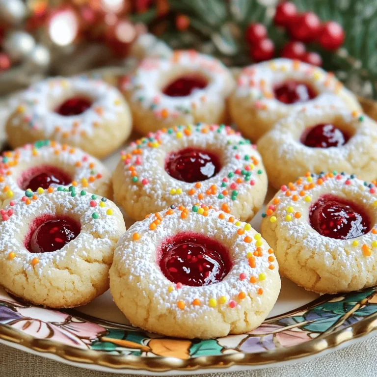 To make soft holiday thumbprint cookies, you need simple, tasty ingredients. Here’s what you’ll need: - 2 cups all-purpose flour - 1/2 teaspoon baking powder - 1/4 teaspoon salt - 1/2 cup unsalted butter, softened - 1/2 cup granulated sugar - 1/4 cup powdered sugar - 1 large egg yolk - 1 teaspoon vanilla extract - 1/2 cup colorful sprinkles (or chopped nuts) - 1/2 cup your favorite jam (raspberry, apricot, or strawberry) Each ingredient plays a role. Flour gives structure. Butter adds richness. Sugars bring sweetness. The egg yolk helps bind the dough. Vanilla adds a warm flavor that brightens each bite. You can swap some ingredients if needed. Here are a few ideas: - For a dairy-free version, use vegan butter or coconut oil. - If you have no granulated sugar, brown sugar works well for a deeper taste. - You can replace all-purpose flour with almond flour for a gluten-free option. - Different jams can also work. Try chocolate spread or lemon curd for a fun twist. Be creative! These swaps can change the flavor and texture. You’ll need a few basic tools to make these cookies: - Mixing bowls (one large, one medium) - Whisk or electric mixer - Baking sheet lined with parchment paper - Measuring cups and spoons - A small spoon or your thumb for making the indents - A wire rack for cooling Having the right tools makes baking easier. Gather everything before starting. This way, you can enjoy the process! First, preheat your oven to 350°F (175°C). This step is key to getting soft cookies. While the oven heats, line a baking sheet with parchment paper. This paper helps the cookies not stick and makes cleanup easy. Next, grab two bowls. In a medium bowl, whisk together the flour, baking powder, and salt. Set this bowl aside. In a large bowl, cream the softened butter with granulated sugar and powdered sugar. Mix until it looks light and fluffy. Then, add the egg yolk and vanilla extract. Stir until it is well combined. Gradually add the flour mixture. Mix just until combined to keep the cookies soft. Now it’s time to shape the cookies. Use your hands to form small balls of dough, about 1 inch wide. Roll each ball in colorful sprinkles or chopped nuts for a fun touch. Place the balls on your baking sheet, leaving about 2 inches between them. Use your thumb or a small spoon to press down in the center of each cookie. This creates a little well for jam. Spoon a small amount of your favorite jam into each well. Be careful not to overfill. Bake the cookies for 10-12 minutes or until the edges turn lightly golden. Once baked, let them cool on the sheet for about 5 minutes. After that, transfer them to a wire rack to cool completely. To get soft holiday thumbprint cookies, focus on the butter. Use room temperature butter. This helps it cream well with sugar. Cream until the mix is light and fluffy. This step adds air and makes cookies soft. Don’t overmix the dough once you add flour. Just mix until combined. For the filling, choose your favorite jam. Raspberry, apricot, and strawberry all work well. When you press your thumb into the cookie, make a deep enough well. This helps hold the jam. Use a small spoon to add the jam. Avoid overfilling to prevent spilling during baking. One mistake is baking too long. Check your cookies at 10 minutes. They should be lightly golden on the edges. Another error is not using enough flour. If the dough feels sticky, add a bit more flour. Lastly, don’t skip the chilling step if your dough is warm. Chilling helps the cookies hold their shape. For more details, see the Full Recipe. {{image_2}} You can use many types of jam for your thumbprint cookies. Raspberry, apricot, and strawberry are classic choices. Each flavor adds a unique twist to the cookie. For a fun change, try orange marmalade or blueberry jam. Mixing different jams can also create a burst of flavor. Just remember to use your favorites! Coating your cookies can change their look and taste. Colorful sprinkles are a fun way to add cheer. They make the cookies festive and bright. If you prefer a crunch, use chopped nuts like almonds or walnuts. You can even mix both! This gives your cookies a unique texture and flavor. You can easily make these cookies gluten-free. Swap all-purpose flour with a gluten-free blend. Be sure to check the label for a one-to-one substitute. This way, everyone can enjoy them. The texture may be a bit different, but the taste will still shine. You can find gluten-free jams to match, too. Enjoy a festive treat that fits your needs! For the complete recipe, check out the Full Recipe. To keep your soft holiday thumbprint cookies fresh, use an airtight container. Line the container with parchment paper to prevent sticking. Place the cookies in a single layer when possible. If you stack them, add parchment between the layers. This keeps their shape and taste intact. Stored properly, these cookies will last for about one week at room temperature. If you want to enjoy them longer, consider freezing them. The cookies may dry out after a week, so avoid leaving them out too long. To freeze the cookies, first, let them cool completely. Then, place them in a single layer on a baking sheet. Freeze them for about an hour to firm up. After that, transfer the cookies to a freezer-safe bag or container. Be sure to label the bag with the date. They can stay in the freezer for up to three months. When you want to enjoy a cookie, just thaw it at room temperature. For a treat, you can also warm them in the oven for a few minutes. To make your thumbprint cookies softer, use room temperature butter. This helps create a light texture. Make sure not to overmix the dough. Overmixing can make the cookies tough. Also, bake them for the right time. If you bake them too long, they will harden. Finally, let them cool on a wire rack. This step helps keep them soft. Yes, you can use different types of jam! Raspberry, apricot, and strawberry are great options. You can even try orange marmalade or blueberry jam. Each jam adds its own flavor and color. Think about what you like best. I love mixing flavors for fun surprises! The best sprinkles for decoration are colorful and festive! You can use nonpareils, jimmies, or sugar sprinkles. Choose sprinkles that match your holiday theme. For a classic look, use red and green. For a unique twist, try gold or silver. Sprinkles add fun and joy to the cookies. - Where can I find the Full Recipe? You can find the Full Recipe in the introductory section of this article. It has all the details you need to make these tasty cookies. In this blog post, we explored key ingredients for thumbprint cookies and how to make them. We discussed oven prep, mixing dough, and shaping cookies. I shared tips for texture and avoiding common mistakes. You learned about flavor variations and the best ways to store cookies. Now, you’re ready to create tasty thumbprint cookies that everyone will love. Enjoy baking and let your creativity shine!