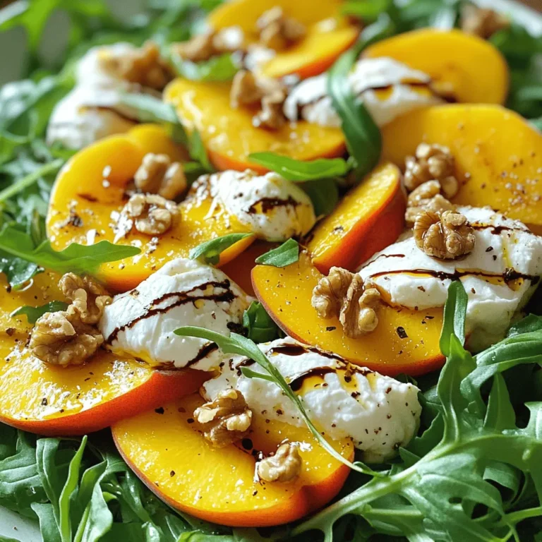 - Ripe peaches - Arugula or mixed greens - Fresh basil leaves - Burrata cheese - Toasted walnuts - Balsamic glaze - Olive oil - Salt and pepper The key to a great Peach Burrata Salad lies in fresh and quality ingredients. Start with ripe peaches. They should be soft and fragrant. Choose arugula or mixed greens as your base. Their peppery flavor pairs well with sweet peaches. Fresh basil leaves add a nice touch of aroma and color. For the creamy element, you need burrata cheese. It has a rich, milky flavor that enhances the dish. Next, add toasted walnuts for crunch. Their nutty taste adds depth to the salad. Don't forget the balsamic glaze. It brings sweetness and acidity, balancing the flavors. A drizzle of olive oil adds richness. Finally, season with salt and pepper to taste. For the complete recipe, check out the [Full Recipe]. 1. Wash and slice peaches: Start by rinsing the peaches under cool water. Make sure no dirt remains. Slice them into thin wedges. Set the slices aside on a plate to keep them fresh. 2. Prepare the greens: Take 4 cups of arugula or mixed greens. Rinse them gently under cold water. Spin them dry in a salad spinner or pat them with a clean towel. Place the greens in a large serving bowl. This will be the base of your salad. 1. Layering technique for optimal presentation: Begin layering the salad. Spread the greens evenly at the bottom. Next, arrange the peach slices over the greens. This adds a colorful look. 2. Adding burrata and walnuts: Tear the 200g of burrata into pieces. Scatter the burrata on top of the peach slices. It adds a creamy texture. Now, sprinkle 1/4 cup of toasted walnuts across the salad. This gives you a nice crunch. 1. Drizzling oils and seasonings: Grab your 2 tablespoons of olive oil and 1/4 cup of balsamic glaze. Drizzle them over the salad. This adds flavor and richness. 2. Tossing lightly without damaging burrata: Now, season with salt and pepper to taste. Gently toss the salad. Be careful not to break the burrata. You want to keep its lovely shape. Enjoy your beautiful Peach Burrata Salad with Balsamic Drizzle! For the full recipe, check out the details above. - Look for peaches that are slightly soft when you press them. - They should smell sweet and fragrant. - Choose yellow or orange peaches for the best flavor. - I recommend using freestone varieties, like Yellow Peach or Donut Peach. - To tear burrata without a mess, use your fingers gently. - Avoid using a knife, as it can cause the cheese to ooze out. - Serve burrata at room temperature for the best taste and texture. - Place it on top of the salad, so it stays intact until you eat it. - Drizzle honey on top for a sweet touch. - Add a pinch of red pepper flakes for a spicy kick. - Consider balsamic vinegar instead of glaze for a tangy flavor. - Fresh herbs like mint or thyme can add depth to your dish. For the full recipe, check out the Peach Burrata Bliss Salad. {{image_2}} You can add protein to your salad for extra flavor. Grilled chicken is a great choice. It adds a nice smoky taste. Shrimp is another option. It cooks quickly and pairs well with peaches. If you prefer plant-based options, try chickpeas or lentils. They add protein and fiber. Tofu is also a great option. It soaks up flavors and adds a nice texture. Feel free to get creative with your ingredients. Try using different nuts like pecans or almonds. They will give your salad a unique crunch. Swap out arugula for spinach or kale for a different flavor. You can also change the dressing. A honey mustard vinaigrette can add a sweet twist. A citrus dressing will give it a fresh kick. Just make sure the flavors blend well with the peaches. This salad is perfect for many occasions. It works well as a light lunch or a side at dinner. Pair it with grilled meats for a complete meal. It also goes great with a crusty baguette. For special events, serve it on a large platter. It makes a beautiful presentation. Add extra balsamic drizzle on top for a lovely touch. You can find the Full Recipe for this delightful salad to try at home! To store leftover salad, place it in an airtight container. This keeps moisture in and air out. You can also use a glass jar or a bowl with a lid. Make sure to cover the salad tightly. This helps keep the flavors fresh. Your peach burrata salad lasts about 2 to 3 days in the fridge. Look for signs of spoilage like brown, mushy peaches or a sour smell. If the greens become wilted or slimy, it's time to toss the salad. You can repurpose leftover ingredients in many ways. Consider making a peach burrata sandwich or topping off a pizza. To refresh the salad, add a splash of olive oil or a dash of balsamic glaze. This can bring back its vibrant taste. If you have leftover nuts, sprinkle them on top for added crunch. For the full recipe, check out the Peach Burrata Bliss Salad. Yes, you can prep some parts in advance. Slice the peaches and store them in a bowl with lemon juice. This keeps them fresh and bright. You can also wash the arugula and dry it well. Keep it in a sealed container in the fridge. Toast the walnuts ahead of time and store them in an airtight bag. Just wait to assemble the salad until right before serving. This way, the salad stays fresh and crunchy. If you can't find burrata, try these cheeses: - Fresh mozzarella: It has a similar creamy texture. - Goat cheese: This adds a tangy flavor. - Feta cheese: Crumbled feta gives a salty kick. These options won’t match burrata exactly, but they can give you a tasty salad. To make this salad vegan, use non-dairy cheese. Here are some great options: - Vegan mozzarella: This melts well and has a mild flavor. - Cashew cheese: It’s creamy and rich, perfect for salads. - Tofu: Use firm tofu, crumbled, as a protein boost. These substitutes maintain the salad's delightful taste while keeping it vegan. In this blog post, we explored creating a fresh, peach salad. We covered ingredients, from ripe peaches to creamy burrata and crunchy walnuts. I shared tips on selecting the best produce and offered variations to fit your tastes. Remember, using fresh ingredients makes a big difference. You can customize this salad for any occasion or dietary preference. Enjoy experimenting with flavors and textures. With the right care, your salad will shine on any table.