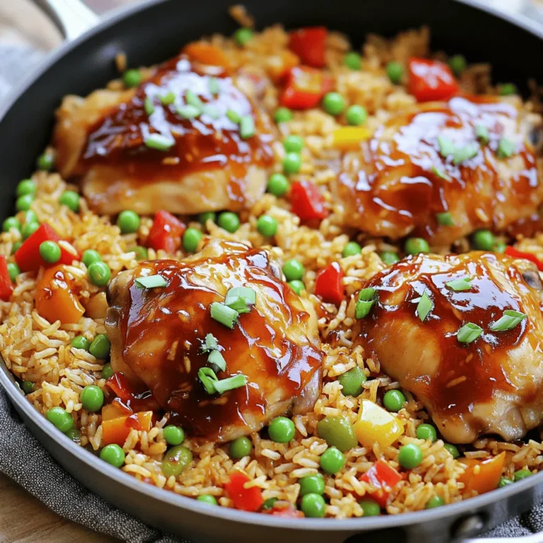 For One-Pan Honey BBQ Chicken Rice, gather these key ingredients: - 4 boneless, skinless chicken thighs - 1 cup long-grain rice - 2 cups low-sodium chicken broth - 1 cup BBQ sauce (your favorite) - 1 tablespoon honey - 1 tablespoon olive oil - 1 red bell pepper, diced - 1 cup frozen peas - 2 cloves garlic, minced - 1 teaspoon paprika - Salt and pepper to taste - Chopped green onions for garnish These items form the backbone of the dish. The chicken brings protein, while rice offers a hearty base. Adding veggies like bell pepper and peas boosts color and nutrition. You can enhance the dish with these optional ingredients: - Lemon juice for brightness - Chili flakes for a spicy kick - Fresh herbs like parsley or cilantro These extras can make the dish more exciting. A splash of lemon adds freshness, while herbs bring depth. If you can't find something, here are some swaps: - Chicken thighs can be replaced with breasts, but they may dry out. - Brown rice works if you adjust cooking time. - Any BBQ sauce will do, but try to choose one you love. Using substitutes can still yield tasty outcomes. Just remember to tweak cooking times for different rice or chicken cuts. Enjoy experimenting! For the complete recipe, check out the [Full Recipe]. Start by gathering all your ingredients. For this dish, you need chicken thighs, rice, chicken broth, BBQ sauce, honey, olive oil, red bell pepper, peas, garlic, paprika, salt, and pepper. 1. Heat the olive oil in a large skillet over medium-high heat. 2. Season the chicken thighs with salt, pepper, and paprika. This adds flavor. 3. Place the chicken in the pan and sear it for about 5 minutes on each side. Look for a golden-brown color. 4. Once done, remove the chicken and set it aside on a plate. Now, let’s build flavor in the same pan. 1. Add minced garlic and diced red bell pepper to the pan. Sauté for 2-3 minutes. You want them soft but not mushy. 2. Stir in the long-grain rice. Make sure it gets coated with the oil and flavors from the pan. Cook for 1-2 minutes. This helps the rice absorb flavors. 3. Pour in 2 cups of chicken broth and bring it to a gentle boil. While the mixture boils, let's prepare the honey BBQ sauce. 1. In a small bowl, mix your favorite BBQ sauce with honey. This will give a sweet and tangy flavor. 2. Return the seared chicken thighs to the pan. Spoon the honey BBQ mixture over them. 3. Reduce the heat to low, cover the pan, and let it simmer for 20 minutes. The rice will cook and absorb the broth. 4. About 5 minutes before it's done, add frozen peas on top. Do not stir. The steam will cook them perfectly. 5. Once finished, remove from heat. Let it sit, covered, for 5 minutes. Then fluff the rice with a fork and garnish with chopped green onions. Follow these steps for a delicious one-pan meal! You can find the Full Recipe for more details. When cooking chicken, start with high-quality meat. I prefer boneless, skinless thighs for their rich flavor. Always season the chicken with salt and pepper. This basic step enhances the taste. Sear the chicken until it's golden brown. This step gives the chicken a nice crust. It also locks in moisture. Remember to let the chicken rest after cooking. This helps keep it juicy. For perfect rice, rinse it before cooking. Rinsing removes excess starch and prevents clumping. Use long-grain rice for the best texture. I always measure the broth carefully. The right liquid-to-rice ratio is key. Bring the broth to a boil before adding the rice. Stir it gently and cover the pan. Avoid lifting the lid while it cooks. This lets steam escape, which can ruin the rice. To boost flavor, try using a mix of BBQ sauce and honey. This combo gives a sweet and tangy taste. Adding garlic and red bell pepper during cooking builds depth. Frozen peas add color and a pop of sweetness. Finish with chopped green onions for freshness. They add crunch and a bright flavor. For a smoky twist, consider adding a pinch of smoked paprika. Each of these tips makes your one-pan honey BBQ chicken rice even more delicious. For the full recipe, check out the previous section. {{image_2}} You can make a tasty vegetarian version of this dish. Instead of chicken, try using chickpeas or tofu. Both options add protein and texture. Cook the chickpeas or tofu in the same way as the chicken. Use the same spices to keep the flavor strong. You can also add more veggies, like zucchini or carrots, for extra nutrition. If you want a spicy kick, add some chili powder or diced jalapeños. For a tangy twist, mix in some apple cider vinegar or a splash of lime juice. You can also try using different BBQ sauces. Experiment with fruity sauces like mango or peach for a sweet touch. These small changes can make your meal more exciting. Seasons change, and so can your ingredients! In spring, add fresh asparagus or snap peas to your rice. In summer, use diced tomatoes or corn. For fall, consider pumpkin or butternut squash. In winter, root vegetables like sweet potatoes work well. Each season brings new flavors, so don't hesitate to switch things up. You can find the Full Recipe to try these variations and create your own special dish! To keep your One-Pan Honey BBQ Chicken Rice fresh, let it cool first. Place the leftovers in an airtight container. Make sure to separate the rice from the chicken if you prefer. Store it in the fridge for up to three days. This helps maintain the best flavor and texture. If you plan to eat it later, storing it properly is key. When you're ready to enjoy the leftovers, use the stovetop or microwave. For the stovetop, add a splash of water or broth to the pan. Heat on low, stirring gently until warmed through. This keeps the rice moist and fluffy. If using a microwave, cover the dish with a damp paper towel. Heat in short bursts, stirring in between, until hot. This method prevents the rice from drying out. You can freeze One-Pan Honey BBQ Chicken Rice for longer storage. Use a freezer-safe container or bag. It stays good for up to three months. When you’re ready to eat, thaw it overnight in the fridge. To reheat, follow the same stovetop or microwave methods above. This way, you’ll enjoy a quick, tasty meal without losing flavor. Yes, you can use brown rice. Brown rice has more fiber and nutrients. It takes longer to cook, so adjust the cooking time. You’ll need about 1.5 cups of chicken broth. Brown rice adds a nice texture and nutty flavor. Check the chicken's internal temperature with a meat thermometer. It should reach 165°F (75°C). The juices should run clear, not pink. Cut into the thickest part to check for doneness. If it looks white and firm, it’s ready. I recommend using your favorite BBQ sauce. Sweet, smoky, or tangy sauces work well. You can try a honey BBQ sauce for extra sweetness. A spicy version adds a kick, if you like heat. Experiment with different flavors for fun! For the complete steps to make this dish, refer to the Full Recipe. This post covered the key ingredients, simple steps, and smart tips for making chicken and rice. You learned about essential and optional ingredients, plus how to switch them out. I shared methods to cook chicken and rice together for tasty results. Lastly, you found storage advice and answers to common questions. Enjoy experimenting with flavors and making this dish your own!