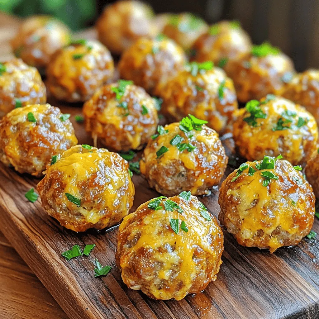 To make tasty Bisquick sausage balls, you need simple ingredients. Here’s what you’ll need: - 1 pound breakfast sausage (spicy or mild, as preferred) - 2 cups Bisquick mix - 1 cup shredded sharp cheddar cheese - 1/2 cup grated Parmesan cheese - 1/4 cup milk - 1 tablespoon Dijon mustard - 1 teaspoon garlic powder - 1 teaspoon onion powder - 1/2 teaspoon black pepper - 1/2 teaspoon red pepper flakes (optional, for extra kick) - Fresh parsley, chopped (for garnish) These ingredients work together to create a rich and satisfying snack. The sausage gives it a savory base, while the cheese adds creaminess and flavor. If you want to spice things up, try adding extras. Here are some ideas: - 1/2 cup chopped green onions for a fresh taste - 1/4 teaspoon cayenne pepper for heat - A dash of Worcestershire sauce for depth These optional ingredients can take your sausage balls to the next level. You can mix and match to find your favorite flavor combo. The cheese you choose matters. Sharp cheddar gives a bold taste. Here are some other great options: - Pepper jack for a spicy kick - Mozzarella for a milder, gooey texture - Gouda for a rich, smoky flavor Try different cheeses to find what you love. Mixing cheeses can also create a unique blend that enhances the dish further. For the full recipe, check out [Full Recipe]. Start by gathering all your ingredients. This makes cooking easier and more fun. Preheat your oven to 375°F (190°C). Line a baking sheet with parchment paper. This helps keep the sausage balls from sticking. In a large bowl, mix the breakfast sausage, Bisquick mix, and both cheeses. Use your hands or a spatula to combine everything well. In another bowl, whisk together the milk, Dijon mustard, garlic powder, onion powder, black pepper, and red pepper flakes if you want some heat. Pour this mixture over the sausage mix. Knead it gently until it forms a soft dough. Don’t overmix, as this can make the texture tough. Now, scoop out the dough with a tablespoon. Roll each portion into a 1-inch ball. Place the balls spaced apart on the baking sheet. This allows them to bake evenly. Bake for 20 to 25 minutes. You want them to turn golden brown. Check the internal temperature with a meat thermometer; it should reach 160°F (71°C). Once done, remove them from the oven and let them cool slightly. This helps the flavors settle. To get the best texture, don't overwork the dough. Mix until it's just combined. If you like a softer ball, add a bit more milk, but not too much! For a crispy outer layer, bake them a bit longer. You can also broil them for the last 2 minutes for extra crunch. Lastly, let them rest for a few minutes after baking. This lets the sausage balls firm up a little, making them easier to serve. For the full recipe, refer back to the ingredients section. Enjoy your tasty snack! When making Bisquick sausage balls, avoid overmixing the dough. This can lead to tough balls. Combine the ingredients just until they form a soft dough. Also, don’t skip the parchment paper. It helps prevent sticking and makes cleanup easy. Lastly, ensure your oven is preheated. This helps the sausage balls cook evenly. To boost flavor, choose quality sausage. Spicy sausage adds a nice kick, while mild sausage is great for kids. Use sharp cheddar cheese for a stronger taste. Adding fresh herbs like parsley can brighten up the dish. You can also experiment with spices. A pinch of cayenne or smoked paprika adds depth. Serve these sausage balls warm for the best taste. They pair well with a dip, like ranch or mustard. You can also serve them on a platter with toothpicks for easy snacking. They make a great appetizer for parties or game days. Be sure to check out the Full Recipe for more ways to enjoy them! {{image_2}} You can easily change the flavor of your sausage balls. For a spicy twist, use hot sausage. Add red pepper flakes for more heat. If you like sweet, mix in a bit of honey or maple syrup. These flavors create a fun contrast with the savory sausage. If you need a gluten-free option, use a gluten-free Bisquick mix. The taste remains yummy and satisfying. You can also check labels for sausage that is gluten-free. This way, everyone can enjoy these tasty snacks without worry. Get creative by adding veggies to your sausage balls. Finely chopped onions or bell peppers add a nice crunch. You can even mix in spinach for a health boost. Just remember to keep the veggie pieces small. This helps the balls cook evenly and stay tasty. For a cheesy extra, try adding different cheese varieties. Consider pepper jack for heat or mozzarella for a mild flavor. You can find the full recipe [here]. To store leftover sausage balls, let them cool down first. Place them in an airtight container. You can keep them in the fridge for up to three days. If you want to keep them longer, freezing is a great option. Just make sure to seal them well to avoid freezer burn. When reheating sausage balls, the oven works best. Preheat your oven to 350°F (175°C). Place the sausage balls on a baking sheet and heat for about 10-15 minutes. This method keeps them crispy. You can also use a microwave for quick reheating. Just heat them for 30 seconds to 1 minute, but they may lose some crispness. To freeze sausage balls, first, let them cool completely. Then, place them in a single layer on a baking sheet. Freeze them for about an hour. Once frozen, transfer them to a freezer bag or container. They can last up to three months in the freezer. When you’re ready to eat, you can bake them straight from the freezer. Just add a few extra minutes to the baking time. This way, you’ll have delicious snacks ready whenever you want! I recommend using breakfast sausage for the best flavor. You can choose spicy or mild based on your taste. Spicy sausage adds a nice kick, while mild sausage offers a more neutral flavor. You can even mix both types for a balanced taste. Yes, you can make these sausage balls ahead of time. You can prepare the dough and store it in the fridge for up to 24 hours. If you want to make them even earlier, you can freeze the uncooked balls. Just remember to thaw them before baking. This makes snacking easy when you need something quick. Check the color and texture. The sausage balls should be golden brown on the outside. You can also use a meat thermometer. The internal temperature should reach 160°F (71°C). This ensures they are safe to eat and fully cooked. Enjoy your tasty treats right out of the oven! In this post, we explored the easy recipe for Bisquick sausage balls. We covered key ingredients, step-by-step baking instructions, and tips for best results. You learned about tasty variations and how to store any leftovers properly. Keep these tips in mind to make your next batch a hit. Bisquick sausage balls are versatile and fun to customize. Enjoy these bites at your next gathering or snack time! Embrace your creativity and try new flavors. Happy cooking!
