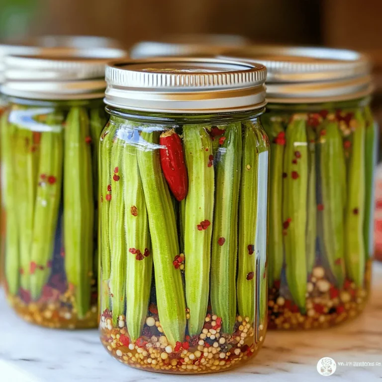 To make crunchy spiced pickled okra, gather these key ingredients: - 1 pound fresh okra, rinsed and trimmed - 2 cups water - 1 cup apple cider vinegar - 2 tablespoons sea salt - 2 tablespoons sugar - 4 cloves garlic, smashed These ingredients form the base of the brine. Fresh okra is vital for that perfect crunch. Choose bright green pods, as they hold their shape well during pickling. Next, you’ll need these essential spices: - 1 teaspoon black peppercorns - 1 teaspoon mustard seeds - 1 teaspoon coriander seeds - 1 red chili pepper (whole) These spices enhance the flavor of your pickled okra. Black peppercorns add warmth, while mustard seeds give a nice bite. The red chili pepper brings a hint of heat. For an extra layer of flavor, consider adding: - 1/2 teaspoon smoked paprika (optional for a smoky touch) Smoked paprika can transform the taste. It adds a subtle smokiness that pairs well with the okra's natural sweetness. Feel free to experiment with other spices too, like dill or thyme, to create your unique flavor profile. For the full instructions, check the Full Recipe section! To start, gather your ingredients. You need water, apple cider vinegar, sea salt, and sugar. In a saucepan, mix these four items. Heat the mixture over medium-high heat. Stir until the salt and sugar dissolve. Once dissolved, remove it from the heat. Allow the brine to cool slightly. This brine gives the okra a tasty flavor. While the brine cools, focus on your jars. You need to make sure they are clean. Place the jars in a large pot of water. Boil them for about 10 minutes. This step kills any germs. Sterilizing jars helps your pickles stay fresh longer. After boiling, let the jars cool before you use them. Next, prepare the spices. In each sterilized jar, place smashed garlic, black peppercorns, mustard seeds, coriander seeds, and a whole red chili pepper. If you like a smoky flavor, add smoked paprika. After adding spices, pack your trimmed okra into the jars. Stand the okra upright for the best look and taste. Now, it’s time to add the brine. Carefully pour the warm brine into each jar. Make sure the okra is fully submerged. Leave about 1/2 inch of space at the top. This space is important for sealing. Next, wipe the rims of the jars with a clean cloth. This step ensures a good seal. Seal the jars tightly with lids. Let them cool to room temperature. Once cool, place the jars in the refrigerator. For the best taste, allow the okra to pickle for at least 48 hours. Enjoy your crunchy spiced pickled okra! Check out the Full Recipe for more details. Pickling okra is fun and easy. Here are some best practices to ensure great results: - Choose Fresh Okra: Select firm and vibrant okra pods. Fresh okra gives the best flavor and crunch. - Use Sterilized Jars: Always sterilize your jars before packing them. This helps keep the okra safe and tasty. - Follow the Recipe: Stick to your chosen recipe. This ensures the right balance of flavors. Crunchiness is key for pickled okra. Here are my top tips: - Use Young Pods: Smaller, younger okra pods are crunchier. They have a firmer texture than larger ones. - Cool Brine: Pour the brine over the okra while it's warm but not boiling. This helps keep the crunch. - Don’t Overpack: Don't pack the jars too tightly. This allows for good brine circulation and keeps the okra crisp. Sometimes pickling doesn’t go as planned. Here’s how to fix common issues: - Soft Okra: If your okra turns soft, it may be overcooked in the brine. Use fresh, young pods next time. - Cloudy Brine: Cloudy brine can happen when jars are not fully sterilized. Ensure you sterilize jars properly. - Flavor Too Strong: If your pickles are too tangy, reduce the vinegar next time. Taste the brine before adding it to the jars. Try these tips to make your pickled okra a delight! For a full recipe and detailed steps, check out the Crunchy Spiced Pickled Okra. {{image_2}} Spicy pickled okra adds a kick to your meals. You can make it spicy by adding more red chili peppers or using jalapeños. Try using different spices like cayenne pepper or crushed red pepper flakes. These spices will bring heat and flavor to your pickles. If you prefer sweet and sour flavors, you can adjust the sugar in the brine. Adding more sugar will create a sweet profile. You can also mix in ingredients like honey or maple syrup for a twist. Use rice vinegar for a milder taste. This creates a balance between sweet and tangy that is delightful. Store your pickled okra in clean, sterilized jars. Keep them in the refrigerator after they cool. For spicy pickled okra, let them sit for at least 48 hours. This time helps the flavors blend well. Sweet and sour versions can be enjoyed sooner, but they taste better after a week. Always check your jars for any signs of spoilage before eating. To store pickled okra, keep it in the fridge. Use clean, airtight jars. Make sure the okra stays covered with the brine. This keeps it fresh and crunchy. Pickled okra lasts about three months in the fridge. For the best taste, eat it within one month. Keep it away from heat and sunlight. The cold helps maintain its flavor and texture. Check your pickled okra for any changes. If you see mold, it’s no good. A bad smell or a cloudy brine means spoilage. If the okra feels slimy, throw it away. Always trust your senses when checking for freshness. It takes about 48 hours to pickle okra. After you pack the jars and add the brine, let them sit in the fridge. The flavors develop best after two days. You can taste them after this time to see if they suit your liking. If you want stronger flavors, let them sit longer. I do not recommend frozen okra for pickling. Frozen okra loses its crispness during freezing. Fresh okra gives you the best crunch and flavor. Use fresh okra for a delightful and crunchy bite. You can find pickled okra at many grocery stores. Look in the pickle aisle or near the canned goods. Local farmers' markets might also sell homemade pickled okra. If you want a special flavor, check online for artisanal brands. Pickled okra offers several health benefits. It is low in calories and high in fiber. This helps with digestion and keeps you feeling full. Pickled okra also contains vitamins A and C, which support your immune system. The vinegar used in pickling may help control blood sugar levels, too. In this post, we explored how to make crunchy spiced pickled okra. We covered the key ingredients and the brining process. You learned tips for getting that perfect crunch. We discussed variations to suit your taste and how to store your okra properly. Pickled okra is not just tasty; it's also healthy. Experiment with flavors to make it your own. Enjoy the process and have fun while pickling!