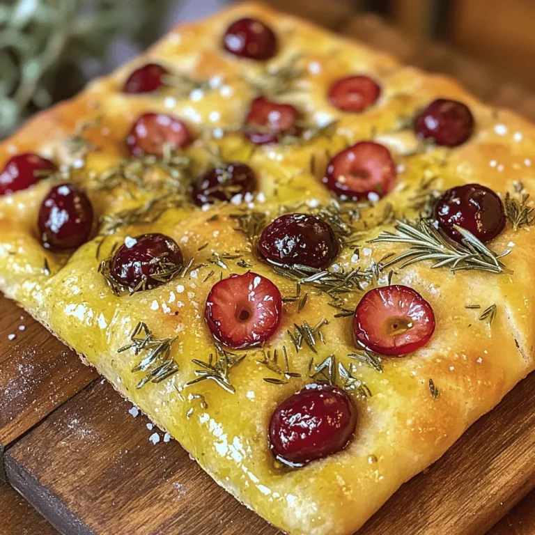 - 2 cups all-purpose flour - 1 cup warm water (about 110°F) - 1 packet (2 1/4 teaspoons) active dry yeast - 1 teaspoon sugar - 1 teaspoon salt - 2 tablespoons olive oil (plus more for drizzling) - 1 cup fresh cherries, pitted and halved - 2 tablespoons fresh rosemary, finely chopped - Coarse sea salt for topping - Mixing bowls - Baking sheet or rectangular baking dish - Damp cloth - Wire rack - Extra olive oil - Fresh rosemary sprigs To make Cherry Rosemary Focaccia Art, you need simple yet fresh ingredients. The main stars are flour, yeast, cherries, and rosemary. Each ingredient plays a role in flavor and texture. All-purpose flour gives the bread its body. Warm water helps activate the yeast. The active dry yeast is crucial for that fluffy rise. Sugar feeds the yeast, making it work even better. Salt adds depth and flavor. Olive oil is key for a rich taste and helps with texture. The cherries bring sweetness and a lovely pop of color. Rosemary adds an earthy aroma that pairs well with the cherries. Finally, a sprinkle of coarse sea salt on top enhances every bite. In addition, you’ll find tools like mixing bowls and a baking sheet helpful. A damp cloth keeps the dough warm while it rises. A wire rack allows the bread to cool and stay crisp. For a finishing touch, extra olive oil and fresh rosemary sprigs make the focaccia look and taste great. Each part of this recipe combines to create a delightful experience. You can find the full recipe to guide you through the process. To start, combine warm water, sugar, and yeast in a bowl. Stir gently. Let it sit for about 5-10 minutes. You want it to become frothy. This means the yeast is active and ready. Next, mix the flour and salt in a large bowl. Create a well in the center. Pour in your yeast mixture and add olive oil. Stir until everything comes together. Knead the dough on a floured surface for about 5-7 minutes. You should feel it become smooth and elastic. Now, place the dough in a lightly oiled bowl. Cover it with a damp cloth and let it rise. Find a warm spot and let it grow for about 1 hour. It should double in size. While waiting, prepare your pan with some olive oil. After the rise, punch the dough down gently. Turn it out onto the pan and stretch it to fit, about 1/2 inch thick. Use your fingers to make dimples all over the dough. Scatter the halved cherries and chopped rosemary on top. Drizzle a little olive oil and sprinkle coarse sea salt. Cover the dough with a cloth again and let it rise for another 20-30 minutes. Preheat your oven to 425°F (220°C). Once ready, bake the focaccia for 20-25 minutes. It should turn golden brown and smell amazing. When it’s done, take it out and let it cool slightly on a wire rack before slicing. For the full recipe, check out the details above! To make great focaccia, kneading is key. - Kneading Techniques: Use your palms to push the dough down and away. Fold it back. Repeat this for about 5-7 minutes. The dough should feel smooth and elastic. - Creating Dimples: After you shape the dough, press your fingers gently all over. This creates little pockets for the toppings. Don’t worry about making them perfect; they add character. Adding herbs or spices can boost the taste of your focaccia. - Herbs and Spices: Try adding garlic powder or crushed red pepper for a kick. You can also mix in some thyme or basil for an extra layer of flavor. - Olives or Fruits: Instead of cherries, try using olives like Kalamata or green olives. Sliced figs or peaches also work wonderfully in summer. How you serve your focaccia can make it shine. - Artistic Presentation: Place the focaccia on a wooden board. This gives a rustic look. You can also slice it into squares or strips for easy sharing. - Serving and Garnishing: Drizzle a bit of olive oil on top before serving for shine. Add rosemary sprigs or a sprinkle of coarse sea salt for a beautiful finish. Serve it warm for the best experience. For the full recipe, check out the Cherry Rosemary Focaccia Art. Enjoy making this tasty bread! {{image_2}} You can mix and match flavors to make your focaccia unique. Try different fruits, like figs or peaches, with rosemary. Each fruit brings its own sweet or tart note. Adding cheese can create a lovely creaminess. Goat cheese or mozzarella works well. Nuts, like walnuts or pistachios, add crunch and depth. This mix of flavors makes every bite exciting. If you need a gluten-free focaccia, use almond or rice flour. These flours can make a great base. Just make sure to add a binding agent like xanthan gum. For vegan options, replace olive oil with avocado oil. You can also use yeast alternatives like baking soda or apple cider vinegar. These swaps keep the recipe plant-based and still delicious. You can make focaccia for any season. In spring, add fresh peas and mint. Summer is perfect for tomatoes and basil. In fall, try apples and sage. Winter can feature hearty root veggies like sweet potatoes. Use fruits and herbs that are in season for the best taste. This approach helps you celebrate each season’s flavors. To keep focaccia fresh for a few days, store it in a bread box or a sealed bag. This keeps air out, which helps maintain its soft texture. Make sure the focaccia cools completely before storing. If you leave it out, it may go stale quickly. Freezing focaccia is a great option if you want to enjoy it later. Wrap it tightly in plastic wrap and then place it in a freezer-safe bag. This protects it from freezer burn. When you want to eat it, remove the focaccia from the freezer and let it thaw in the fridge overnight. To maintain texture and flavor, reheat focaccia in an oven or air fryer. Preheat your oven to 350°F (175°C). Place the focaccia directly on the oven rack for about 10 minutes. This method keeps the bread crispy. If you use an air fryer, set it at 300°F (150°C) for 5-7 minutes. Both methods keep the focaccia delicious and warm. You can tell focaccia is done by its color and texture. Look for a golden brown top. The edges should also be crisp. You can use a food thermometer. The internal temperature should reach about 200°F. If you tap it, it should sound hollow. Yes, you can make focaccia ahead of time. Prepare the dough and let it rise. After the first rise, you can cover it and store it in the fridge for up to 24 hours. When you’re ready, shape it and let it rise again. Then bake as usual. To boost the rise of your focaccia dough, ensure your yeast is fresh. Use warm water, not hot, when activating the yeast. Kneading the dough well adds air. You can also let it rise in a warm place. Cover it with a damp cloth to keep moisture in. Serve Cherry Rosemary Focaccia warm for the best taste. Drizzle extra olive oil on top for richness. Pair it with a light salad or cheese for balance. It also goes well with a glass of crisp white wine. You can use dried herbs, but the flavor will change. Dried herbs are stronger, so use less. About one-third of the amount is a good start. The freshness of the recipe comes from using fresh rosemary. If you can, stick with fresh for the best taste. You learned how to make Cherry Rosemary Focaccia step-by-step. We explored key ingredients, tools, and techniques. Perfecting your focaccia takes practice but brings big rewards. Don't hesitate to add your twist with flavors or presentation ideas. Store and reheat it well for lasting freshness. Enjoy your homemade focaccia warm, and share it with friends or family. With these tips, you can create a delicious treat anytime. Baking is fun, so keep trying new ideas!