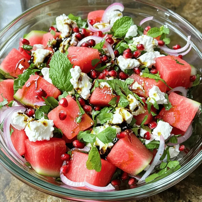 - Watermelon - Feta Cheese - Fresh Mint The main ingredients in this salad are simple but flavorful. Watermelon adds sweetness and juiciness. Feta cheese brings in a salty kick. Fresh mint gives a burst of freshness. - Red Onion - Olive Oil - Balsamic Glaze - Pomegranate Seeds You can choose to add red onion for a crunch and sharp flavor. Olive oil helps to tie the salad together. Balsamic glaze adds sweetness and depth. Pomegranate seeds offer a pop of color and crunch. - Salt - Pepper Salt and pepper are key to enhancing all the flavors. Use them to season your salad to taste. Just a pinch can make a big difference! For the full recipe, check out the complete directions and tips. - Cutting the Watermelon Start by cutting the watermelon. First, slice it in half. Then, cut each half into smaller pieces. Aim for bite-sized cubes. Place these cubes in a large mixing bowl. - Combining Ingredients Next, add the red onion and fresh mint to the bowl. The red onion adds a nice crunch. The mint gives a fresh taste. Now, sprinkle the crumbled feta cheese on top of the mix. All these flavors will blend well together. - Adding Olive Oil and Balsamic Glaze Drizzle the olive oil evenly over the salad. Then, add the balsamic glaze. This gives the salad a sweet and tangy taste. - Seasoning with Salt and Pepper Don’t forget to season the salad. Add salt and pepper to taste. Gently toss all the ingredients together. Be careful not to crush the feta cheese. You want it to stay fluffy. - Allowing Flavors to Meld Let the salad sit for about 10 to 15 minutes. This waiting time helps the flavors meld together. - Garnishing with Pomegranate Seeds If you like, sprinkle pomegranate seeds on top. They add a pop of color and crunch. This step is optional but highly recommended for extra flavor. For detailed steps and measurements, check out the Full Recipe. Ripeness Indicators Look for a watermelon with a smooth, shiny skin. Check for a uniform shape. A yellow spot shows ripeness, as it means it sat on the ground. Tap the melon; a hollow sound means it is ripe and juicy. Best Varieties for Salads I recommend using seedless watermelons for this salad. They are easy to cut and eat. The Sugar Baby and Crimson Sweet are popular choices. Both offer sweet, crisp flesh perfect for salads. Crumbling Techniques To crumble feta, use your fingers or a fork. This keeps the cheese light and fluffy. Avoid pressing it too hard, or it will turn into a paste. For a chunkier texture, cut it into small pieces instead. Alternative Cheese Options If you want a change from feta, try goat cheese or ricotta. Both add a creamy texture and nice flavor. Vegan cheese options can also work well, especially those made from nuts. Making Ahead of Time You can make this salad up to 4 hours before serving. Just keep it covered in the fridge. Be sure to add the dressing just before serving. This keeps the salad fresh and tasty. Storing Leftovers Store any leftovers in an airtight container. It will last for about 2 days in the fridge. If the watermelon starts to get mushy, it’s time to toss it. Enjoy the fresh flavors while they last! {{image_2}} Adding cucumber to your salad gives it a crisp touch. This cool veggie pairs nicely with sweet watermelon. Just slice it thin and mix it in. You will love the added crunch! Incorporating avocado adds a creamy layer to the dish. The rich taste of avocado blends well with feta. Simply cut the avocado into cubes and fold it gently into the salad. This twist makes the salad even more satisfying. For a citrus dressing option, try mixing fresh lime juice with olive oil. This bright dressing boosts the flavors of the salad. Just whisk them together and drizzle over your mix. If you prefer a creamy dressing variation, combine Greek yogurt with a bit of honey. This adds a sweet tang that complements the feta. Pour it over the salad for a richer taste. Using seasonal fruits can elevate your salad. In summer, add fresh berries for a burst of flavor. In fall, consider diced apples or pears. Each fruit brings a new taste to your mix. Adjusting for holidays can make this salad festive. For example, add pomegranate seeds for a vibrant touch during winter. This not only looks great but adds a nice crunch too. Feel free to explore these variations and make the salad your own. For the full recipe, check out Watermelon Feta Bliss Salad. Store leftover watermelon feta salad in a sealed container. Keep it in the fridge. It stays fresh for up to three days. After that, the watermelon may get mushy. You can freeze watermelon, but it changes the texture. The salad doesn’t freeze well because of the feta and mint. If you freeze it, cut the watermelon into small pieces. When you need it, thaw it in the fridge overnight. This helps keep some of the shape. You can use leftover ingredients in other dishes. Add extra watermelon to smoothies or fruit salads. Crumbled feta works great on pasta or in omelets. You can also toss mint into tea or yogurt. These ideas help you enjoy every bit of your salad. For the full recipe, check out the Watermelon Feta Bliss Salad. You can use several cheese alternatives in your salad. Here are some options: - Goat cheese: It has a tangy flavor and creamy texture. - Ricotta: This cheese is mild and works well for a softer touch. - Cotija: A crumbly cheese similar to feta, but saltier. For vegan options, try these: - Tofu: Crumbled firm tofu can replace feta well. - Vegan feta: Some brands offer plant-based feta that mimics the taste. - Nutritional yeast: This adds a cheesy flavor without dairy. Watermelon Feta Salad lasts about 2-3 days in the fridge. Here are some insights: - Store it in an airtight container to keep it fresh. - The watermelon may release juice over time. Signs of spoilage include: - A slimy texture on the watermelon. - Off smells or discoloration. - Unpleasant changes in taste. Yes, you can make this salad ahead of time. Here are some prep tips: - Cut the watermelon and mix it with feta and mint a few hours in advance. - Add the dressing just before serving to keep it fresh. To maintain the best flavor: - Store it in the fridge until you’re ready to serve. - Keep the salad covered to avoid drying out. For the full recipe, check out the Watermelon Feta Bliss Salad section. This blog post covered everything about making a Watermelon Feta Salad. We discussed the key ingredients, from watermelon to feta cheese, and added tips for optional items like olives or pomegranate seeds. You learned how to prepare and dress the salad effectively while ensuring flavor blends well. Keep experimenting with different variations and storage tips to make this dish yours. Enjoy fresh flavors and fun twists for any occasion. Even a simple salad can be exciting and memorable!