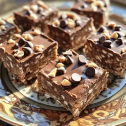 To make your no-bake chocolate oatmeal bars, you need a few simple ingredients. Here’s the full list: - 2 cups rolled oats - 1/2 cup creamy peanut butter (or almond butter) - 1/2 cup honey or maple syrup - 1/4 cup unsweetened cocoa powder - 1/2 teaspoon vanilla extract - 1/4 teaspoon salt - 1/2 cup dark chocolate chips (dairy-free if needed) - 1/4 cup chopped nuts (walnuts or almonds) - 1/4 cup shredded coconut (optional) Each ingredient plays a key role. Rolled oats form the base and add texture. Peanut butter gives richness and helps bind everything together. Honey or maple syrup adds sweetness and moisture. Cocoa powder gives the bars their chocolatey flavor. Vanilla extract enhances the taste, while salt balances the sweetness. Dark chocolate chips add delightful bursts of chocolate. Chopped nuts add crunch, and shredded coconut gives a fun twist. This recipe is flexible. You can swap ingredients based on your taste. You can find the full recipe in the article. To make these no-bake chocolate oatmeal bars, we start with a few simple steps. Each step is fun, and you can get your kids involved too! 1. Combining dry ingredients In a large bowl, take 2 cups of rolled oats. Add 1/4 cup of unsweetened cocoa powder and 1/4 teaspoon of salt. Mix them well with a spoon until they are evenly combined. 2. Mixing wet ingredients In a microwave-safe bowl, combine 1/2 cup of creamy peanut butter and 1/2 cup of honey or maple syrup. Heat this in the microwave for about 30 seconds. Stir it well until it becomes smooth and creamy. 3. Combining mixtures Pour the warm peanut butter mixture into the dry ingredients. Stir everything together until all the oats are coated. You want all the dry bits to disappear into the mix. 4. Pressing into the baking dish Line an 8x8 inch baking dish with parchment paper. This makes removal easy later. Transfer your mixture into the dish. Press it down firmly with a spatula or your hands. Make sure it is evenly spread out. 5. Setting the bars in the fridge Now, pop the dish into the fridge for at least 2 hours. This helps the bars set. Once they are firm, you can remove them from the dish and cut them into squares or bars. This quick and easy method gives you a tasty treat full of flavor and nutrients. You can find the full recipe above if you want to see all the details! To make your no-bake chocolate oatmeal bars great, follow these tips: - How to press the mixture evenly: Use a spatula or your hands. Start from the center and push outward. Make sure to press firmly for a flat layer. This helps the bars hold together when you cut them. - Best refrigeration practices: Chill the bars for at least two hours. This really helps them set. If you want firmer bars, try leaving them in the fridge longer. - Alternative ingredients for different flavors: You can swap peanut butter for almond butter. Try maple syrup instead of honey for a different taste. Add spices like cinnamon for a fun twist. When it's time to serve, make it special: - Presentation ideas for serving: Cut the bars into fun shapes or sizes. Serve them on a colorful plate. Drizzle melted dark chocolate on top for a fancy touch. You can also sprinkle some extra chocolate chips or nuts for flair. - Pairing with drinks or sides: These bars go well with milk, almond milk, or even coffee. Serve them with fresh fruit like berries for a refreshing bite. They make a great snack or dessert for any occasion. For the full recipe, check out the earlier section! {{image_2}} You can make these no-bake chocolate oatmeal bars even better. Try adding spices or extracts to change the taste. A dash of cinnamon gives warmth and depth. Almond extract adds a sweet nuttiness. You can also switch up your nut butter. If you prefer almond butter or cashew butter, go for it! Each nut butter adds its own unique flavor. For a fun texture, consider including seeds. Chia seeds or flaxseeds work well. They add a nice crunch and boost nutrition. You can also use different types of chocolate. Dark chocolate gives a rich taste, while milk chocolate offers a sweeter bite. For a twist, try white chocolate chips for a creamy contrast. These small changes can make your bars feel new and exciting! For the complete recipe, check out the Full Recipe section. To keep your no-bake chocolate oatmeal bars fresh, store them in an airtight container. This helps lock in moisture and flavor. You can use a glass or plastic container with a tight lid. If you stack the bars, add parchment paper between layers to prevent sticking. Keep them in the fridge for the best taste and texture. This way, they stay firm and delicious for days. You can freeze these bars for longer storage. Cut them into squares or bars before freezing. Wrap each piece in plastic wrap, then place them in a freezer bag. Make sure to remove as much air as possible to prevent freezer burn. When you want to enjoy them, just take out the bars and thaw them in the fridge for a few hours. They can last up to three months in the freezer without losing taste. Yes, you can use maple syrup or agave nectar instead of honey. Both options work well. They keep the bars sweet and tasty. Just measure the same amount as you would honey. These bars stay fresh for about a week at room temperature. Just store them in an airtight container. If it’s hot, keep them in the fridge to prevent melting. Absolutely! You can skip the nuts or use seeds instead. Sunflower seeds or pumpkin seeds make great substitutes. This way, you can enjoy the bars without nuts. Yes, these bars are vegan-friendly if you use maple syrup. Just make sure to use dairy-free chocolate chips. This way, you can treat yourself to a yummy snack without any animal products. For the full recipe, check the instructions above! This blog post covered the fun and easy ways to make delicious snack bars. We explored key ingredients like oats, peanut butter, and cocoa powder. I shared simple steps for mixing and preparing the bars, along with tips for great results. You learned about flavor and texture variations, plus how to store and freeze them for freshness. In the end, these bars are a tasty treat. They are simple to make and perfect for any time. Enjoy creating your own unique recipes!