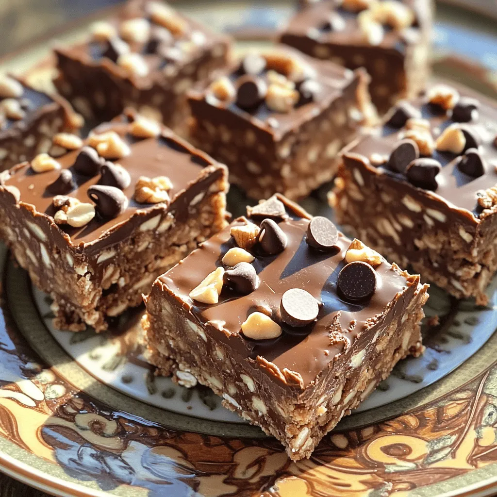 To make your no-bake chocolate oatmeal bars, you need a few simple ingredients. Here’s the full list: - 2 cups rolled oats - 1/2 cup creamy peanut butter (or almond butter) - 1/2 cup honey or maple syrup - 1/4 cup unsweetened cocoa powder - 1/2 teaspoon vanilla extract - 1/4 teaspoon salt - 1/2 cup dark chocolate chips (dairy-free if needed) - 1/4 cup chopped nuts (walnuts or almonds) - 1/4 cup shredded coconut (optional) Each ingredient plays a key role. Rolled oats form the base and add texture. Peanut butter gives richness and helps bind everything together. Honey or maple syrup adds sweetness and moisture. Cocoa powder gives the bars their chocolatey flavor. Vanilla extract enhances the taste, while salt balances the sweetness. Dark chocolate chips add delightful bursts of chocolate. Chopped nuts add crunch, and shredded coconut gives a fun twist. This recipe is flexible. You can swap ingredients based on your taste. You can find the full recipe in the article. To make these no-bake chocolate oatmeal bars, we start with a few simple steps. Each step is fun, and you can get your kids involved too! 1. Combining dry ingredients In a large bowl, take 2 cups of rolled oats. Add 1/4 cup of unsweetened cocoa powder and 1/4 teaspoon of salt. Mix them well with a spoon until they are evenly combined. 2. Mixing wet ingredients In a microwave-safe bowl, combine 1/2 cup of creamy peanut butter and 1/2 cup of honey or maple syrup. Heat this in the microwave for about 30 seconds. Stir it well until it becomes smooth and creamy. 3. Combining mixtures Pour the warm peanut butter mixture into the dry ingredients. Stir everything together until all the oats are coated. You want all the dry bits to disappear into the mix. 4. Pressing into the baking dish Line an 8x8 inch baking dish with parchment paper. This makes removal easy later. Transfer your mixture into the dish. Press it down firmly with a spatula or your hands. Make sure it is evenly spread out. 5. Setting the bars in the fridge Now, pop the dish into the fridge for at least 2 hours. This helps the bars set. Once they are firm, you can remove them from the dish and cut them into squares or bars. This quick and easy method gives you a tasty treat full of flavor and nutrients. You can find the full recipe above if you want to see all the details! To make your no-bake chocolate oatmeal bars great, follow these tips: - How to press the mixture evenly: Use a spatula or your hands. Start from the center and push outward. Make sure to press firmly for a flat layer. This helps the bars hold together when you cut them. - Best refrigeration practices: Chill the bars for at least two hours. This really helps them set. If you want firmer bars, try leaving them in the fridge longer. - Alternative ingredients for different flavors: You can swap peanut butter for almond butter. Try maple syrup instead of honey for a different taste. Add spices like cinnamon for a fun twist. When it's time to serve, make it special: - Presentation ideas for serving: Cut the bars into fun shapes or sizes. Serve them on a colorful plate. Drizzle melted dark chocolate on top for a fancy touch. You can also sprinkle some extra chocolate chips or nuts for flair. - Pairing with drinks or sides: These bars go well with milk, almond milk, or even coffee. Serve them with fresh fruit like berries for a refreshing bite. They make a great snack or dessert for any occasion. For the full recipe, check out the earlier section! {{image_2}} You can make these no-bake chocolate oatmeal bars even better. Try adding spices or extracts to change the taste. A dash of cinnamon gives warmth and depth. Almond extract adds a sweet nuttiness. You can also switch up your nut butter. If you prefer almond butter or cashew butter, go for it! Each nut butter adds its own unique flavor. For a fun texture, consider including seeds. Chia seeds or flaxseeds work well. They add a nice crunch and boost nutrition. You can also use different types of chocolate. Dark chocolate gives a rich taste, while milk chocolate offers a sweeter bite. For a twist, try white chocolate chips for a creamy contrast. These small changes can make your bars feel new and exciting! For the complete recipe, check out the Full Recipe section. To keep your no-bake chocolate oatmeal bars fresh, store them in an airtight container. This helps lock in moisture and flavor. You can use a glass or plastic container with a tight lid. If you stack the bars, add parchment paper between layers to prevent sticking. Keep them in the fridge for the best taste and texture. This way, they stay firm and delicious for days. You can freeze these bars for longer storage. Cut them into squares or bars before freezing. Wrap each piece in plastic wrap, then place them in a freezer bag. Make sure to remove as much air as possible to prevent freezer burn. When you want to enjoy them, just take out the bars and thaw them in the fridge for a few hours. They can last up to three months in the freezer without losing taste. Yes, you can use maple syrup or agave nectar instead of honey. Both options work well. They keep the bars sweet and tasty. Just measure the same amount as you would honey. These bars stay fresh for about a week at room temperature. Just store them in an airtight container. If it’s hot, keep them in the fridge to prevent melting. Absolutely! You can skip the nuts or use seeds instead. Sunflower seeds or pumpkin seeds make great substitutes. This way, you can enjoy the bars without nuts. Yes, these bars are vegan-friendly if you use maple syrup. Just make sure to use dairy-free chocolate chips. This way, you can treat yourself to a yummy snack without any animal products. For the full recipe, check the instructions above! This blog post covered the fun and easy ways to make delicious snack bars. We explored key ingredients like oats, peanut butter, and cocoa powder. I shared simple steps for mixing and preparing the bars, along with tips for great results. You learned about flavor and texture variations, plus how to store and freeze them for freshness. In the end, these bars are a tasty treat. They are simple to make and perfect for any time. Enjoy creating your own unique recipes!