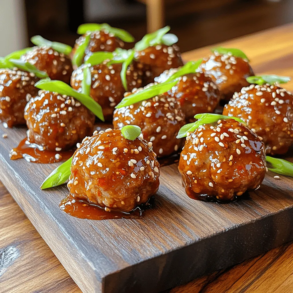 Here’s what you need for Korean BBQ meatballs: - 1 pound ground beef (or ground chicken) - 1/4 cup panko breadcrumbs - 1/4 cup green onions, finely chopped - 2 cloves garlic, minced - 1 tablespoon ginger, grated - 1/4 cup soy sauce - 2 tablespoons brown sugar - 1 tablespoon sesame oil - 1 tablespoon gochujang (Korean chili paste) - 1 egg, beaten - Sesame seeds and extra green onions for garnish You can swap ground beef for ground chicken or turkey. This keeps the meatballs leaner. You can also adjust the soy sauce and gochujang to fit your taste. If you want less spice, use less gochujang. For a sweeter taste, add more brown sugar. You can even try adding minced veggies like carrots for extra crunch. Fresh ingredients make a big difference. When choosing ground meat, look for bright color and firm texture. The fat content should be visible but not overwhelming. For green onions, pick ones with bright green tops and firm white bases. Avoid wilted or yellowed onions. Fresh garlic should feel firm, with no soft spots. Ginger should be smooth and firm too. Always check the expiration dates on sauces and condiments. To start, gather your ingredients. This makes cooking easier. Here’s what you need: - 1 pound ground beef (or ground chicken) - 1/4 cup panko breadcrumbs - 1/4 cup green onions, finely chopped - 2 cloves garlic, minced - 1 tablespoon ginger, grated - 1/4 cup soy sauce - 2 tablespoons brown sugar - 1 tablespoon sesame oil - 1 tablespoon gochujang (Korean chili paste) - 1 egg, beaten - Sesame seeds and extra green onions for garnish In a big bowl, mix the ground meat, breadcrumbs, and green onions. Add the garlic, ginger, soy sauce, brown sugar, sesame oil, gochujang, and the beaten egg. Use your hands or a fork to mix until it’s all combined. Don’t overmix; it should feel just right. Preheat your oven to 400°F (200°C). While the oven heats, shape the meat mixture into small balls, about 1 inch across. Place them on a lined baking sheet. Bake the meatballs for 15-20 minutes. They should look golden brown and be cooked through. If you want a sticky glaze, brush extra soy sauce mixed with honey over the meatballs in the last 5 minutes. When they are done, take them out and let them cool a bit. Garnish with sesame seeds and extra green onions before serving. This recipe takes about 15 minutes to prep and 20 minutes to bake. Start by prepping your ingredients. While you mix, have the oven heat up. This saves time. While the meatballs bake, clean your area. This keeps your kitchen neat. You can also prepare a side dish while the meatballs cook. It makes for a full meal. Enjoy your tasty Korean BBQ meatballs! For the full recipe, check the details above. To get the best texture, you need to mix the meat gently. Overmixing makes the meatballs tough. Use your hands or a fork, and combine until just mixed. The panko breadcrumbs help keep them light. They soak up moisture and add a nice crunch. Try to shape them into small balls, about one inch wide. This size cooks evenly and stays juicy. One common mistake is not measuring ingredients. Each one adds flavor and texture. Too much soy sauce can make them too salty. Also, don’t skip the egg; it helps bind everything together. Another mistake is baking them at the wrong temperature. Ensure your oven is preheated to 400°F (200°C) for the best results. To enhance the flavor, try adding more green onions or garlic. You can also mix in chopped cilantro for a fresh taste. If you want more heat, add extra gochujang. For a sweet twist, brush a mix of soy sauce and honey on the meatballs during baking. This glaze gives a nice shine and extra flavor. For the full recipe, check out the complete details. {{image_2}} You can switch proteins in these meatballs. Ground chicken or turkey works well. They stay juicy and flavor-packed. Pork is another great choice. It adds a nice richness. If you prefer leaner meat, try ground beef. Adjust the cooking time for different meats. Ground lamb can also bring a unique taste. You can make these meatballs vegetarian or vegan. Substitute ground meat with lentils or chickpeas. Use cooked quinoa for texture. Replace the egg with flaxseed meal. Mix one tablespoon of flaxseed with three tablespoons of water. Let it sit until it thickens. Instead of soy sauce, use tamari for a gluten-free option. Add new flavors to the meatballs for fun. Mix in chopped bell peppers for sweetness. Fresh herbs like cilantro or basil can brighten the dish. Try adding sesame seeds into the mixture for crunch. For an extra kick, increase the gochujang. You can even add a splash of lime juice for tang. Explore different flavor profiles to find your favorite. For the complete recipe, check the [Full Recipe]. To keep your Korean BBQ meatballs fresh, let them cool first. Place them in an airtight container. They will stay good in the fridge for up to three days. Make sure to separate layers with parchment paper to avoid sticking. If you have a lot of leftovers, consider portioning them out. This way, you can grab a quick meal later. When you're ready to enjoy the leftovers, reheating is simple. You can use the microwave or oven. For the microwave, place meatballs on a plate and cover them with a damp paper towel. Heat for about 1-2 minutes. If you prefer the oven, preheat it to 350°F (175°C). Bake for 10-15 minutes until heated through. The oven gives the meatballs a nice texture. If you want to save meatballs for later, freeze them! First, let them cool completely. Then, arrange them in a single layer on a baking sheet. Freeze for an hour until firm. After that, transfer them to a freezer bag. Be sure to remove as much air as possible. They will stay fresh for up to three months. When you're ready, just thaw in the fridge overnight before reheating. For the full recipe, check out the Korean BBQ Meatballs section. To make these meatballs spicy, add more gochujang. Start with an extra tablespoon. You can also mix in red pepper flakes. This gives a nice heat. Adjust the spice level to fit your taste. Remember, you can always add spice, but you can't take it away! You can serve these meatballs with rice or noodles. They pair well with steamed veggies too. Kimchi is a great side dish for added flavor. Try making a simple salad with sesame dressing. These options make your meal fun and colorful. Yes, you can make these meatballs a day ahead. Just prepare them and store in the fridge. You can also freeze them before baking. When ready to eat, just bake them straight from the freezer. This saves time and makes dinner easy! Korean BBQ meatballs mix flavors from Korean cooking. They use ingredients like soy sauce and gochujang. Meatballs are popular worldwide, but this twist is unique. It reflects Korea's rich food culture. These meatballs show how traditional recipes can evolve. For the full recipe, check the earlier section. This blog post covers everything you need for delicious Korean BBQ meatballs. We discussed key ingredients, detailed preparation, and cooking steps. I shared tips for the best texture and common mistakes to avoid. You also learned about variations, storage, and frequently asked questions. With these insights, you'll create tasty meatballs every time. Enjoy experimenting with flavors and sharing your results!