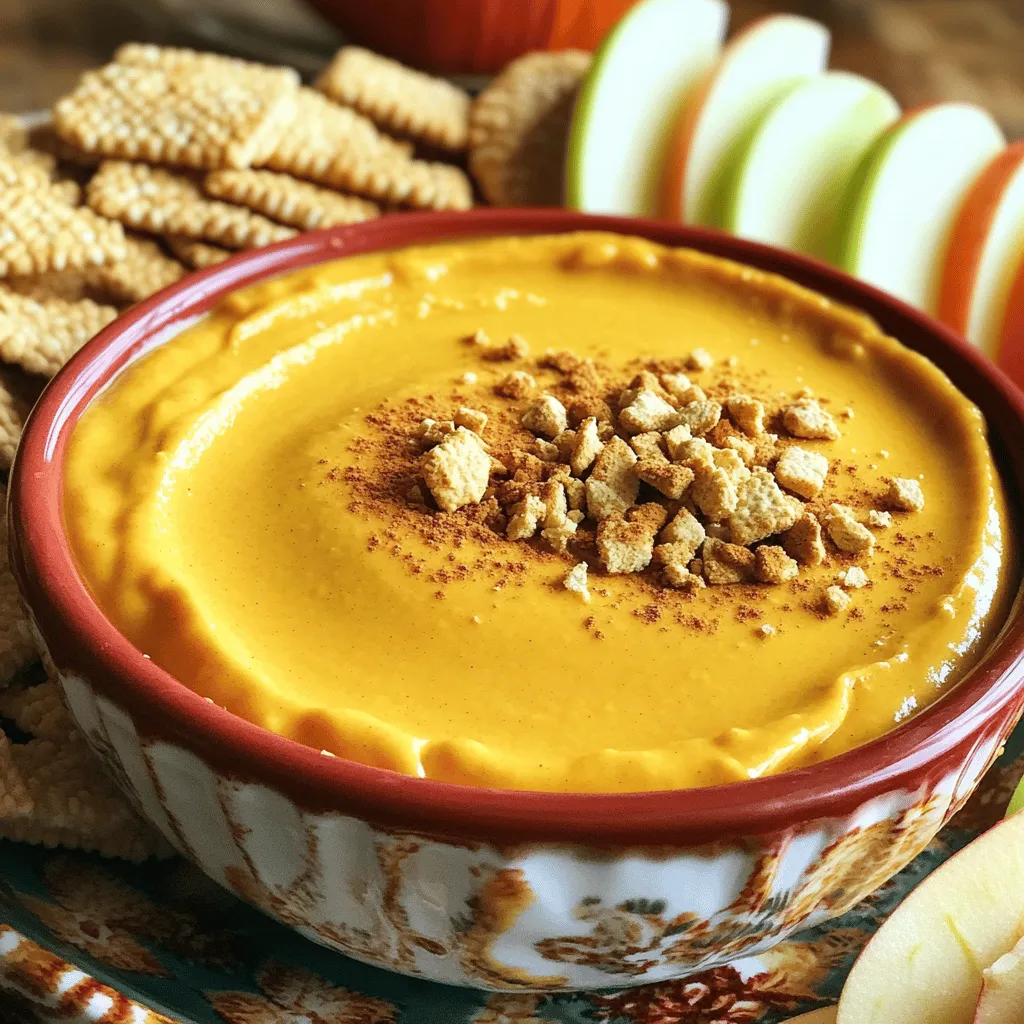 To make this no-bake pumpkin pie dip, you need a few simple ingredients: - 1 cup pumpkin puree - 1 cup cream cheese, softened - 1/2 cup powdered sugar - 1 teaspoon vanilla extract - 1 teaspoon pumpkin pie spice - 1/4 teaspoon salt - 1 cup cool whip or whipped cream - Graham crackers or sliced apples for dipping You can swap some of these ingredients if needed. For a lighter dip, use low-fat cream cheese. If you want sweetness, add more powdered sugar to taste. You can also use dairy-free cool whip for a vegan option. Just make sure it’s a good match for your flavors. Using fresh pumpkin instead of canned is a fun twist, but it adds cooking time. If you want a richer flavor, try adding a bit of maple syrup. This dip is so flexible, so don’t be afraid to get creative! For the full recipe, check the instructions that follow this section. Enjoy your dip! Mixing the Cream Cheese and Powdered Sugar Start by taking your cream cheese and powdered sugar. Use a medium mixing bowl for this step. Beat them together with an electric mixer. Mix until the mixture is smooth and creamy. This step is key for a rich dip. Incorporating Pumpkin and Spices Next, add the pumpkin puree to the bowl. Don’t forget the pumpkin pie spice, vanilla extract, and salt. Mix everything well until it blends smoothly. This mixture should smell amazing, and the color will be bright orange. Folding in Cool Whip Gently fold in the cool whip or whipped cream. Use a spatula to combine it without deflating the air. This keeps your dip light and fluffy. The cool whip adds a nice sweetness and creaminess. Transferring to Serving Bowl Now, take your dip and transfer it to a serving bowl. Use a spatula to smooth the top. This makes it look nice for your guests. A festive bowl adds a fun touch! Chilling Time It’s time to chill the dip. Place it in the refrigerator for about 30 minutes. This helps the flavors meld together. The wait is worth it, as it makes the dip even tastier. For the full recipe, check the instructions above. Enjoy your delicious no-bake pumpkin pie dip! Achieving the Right Consistency To get a smooth and creamy dip, mix the cream cheese and powdered sugar well. Use an electric mixer for best results. You want it to be light and fluffy. If it seems too thick, add a splash of milk. This tip helps keep the dip easy to scoop. Flavor Enhancements You can boost the flavor in many ways. Try adding a bit more pumpkin pie spice. A pinch of nutmeg or cinnamon can add warmth. For a sweet twist, drizzle in a bit of maple syrup. Taste as you go, and adjust the flavors to your liking. Best Dipping Options For dipping, I love using graham crackers. They give a nice crunch and sweetness. Sliced apples are another great choice, adding freshness. For something fun, try mini pretzels. The salty taste pairs well with the sweet dip. Creative Plating Ideas Presentation matters! Serve the dip in a fun bowl. You can sprinkle extra pumpkin pie spice on top for flair. Add a few crushed graham crackers as a garnish. Arrange your dipping options around the bowl for a festive look. These simple ideas make your dish pop! You can find the full recipe [here](#). {{image_2}} You can make this dip fit your needs with a few swaps. If you want a dairy-free or vegan option, use vegan cream cheese and coconut whipped cream instead of cool whip. This change keeps the dip creamy without dairy. You can also add fun flavors to the dip. Try mixing in some melted chocolate or caramel for a sweet twist. These add-ins make the dip even more exciting. Just make sure not to overpower the pumpkin flavor. This dip is perfect for any holiday. For Halloween, add candy corn on top for a festive look. For Thanksgiving, sprinkle some chopped pecans or walnuts on top to give it a crunchy texture. Kids love this dip too! You can serve it with colorful fruit like strawberries or bananas. You can also use fun-shaped cookies for dipping. This makes the dip fun and tasty for kids at any gathering. After enjoying your No-Bake Pumpkin Pie Dip, store any leftovers in an airtight container. I recommend using a glass or plastic container with a tight lid. This keeps the dip fresh and tasty. In the refrigerator, the dip lasts for about three to five days. Always check for any changes in smell or texture before enjoying it again. You can also freeze this dip if you need to keep it longer. To do this, scoop the dip into a freezer-safe container. Leave some space at the top, as it may expand when frozen. Make sure to seal it well. The dip can stay frozen for about one to two months. When you are ready to eat it, move the container to the fridge. Let it thaw overnight. If you need it faster, you can place the container in cold water. After thawing, stir the dip well before serving. If it seems thick, you can mix in a bit of cream or milk to restore its creamy texture. Can I use fresh pumpkin instead of canned? Yes, you can use fresh pumpkin. First, cook and puree the pumpkin. Make sure it is smooth. Fresh pumpkin has a slightly different taste but is still good. How long can I keep this dip in the fridge? You can store this dip in the fridge for about three to four days. Make sure to keep it in an airtight container. This helps keep it fresh and tasty. Can I make this dip ahead of time? Absolutely! Making this dip ahead of time is a great idea. It tastes even better after chilling for a few hours. Just cover it well and place it in the fridge. What can I serve with this dip? You can serve this dip with many things. Graham crackers, sliced apples, or mini pretzels work well. You can also try it with vanilla wafers for a fun twist. Calorie and nutritional estimates per serving Each serving has about 150 calories. It also includes around 5 grams of fat and 3 grams of protein. Keep in mind that toppings or dippers may change these numbers. Dietary restrictions and considerations This dip contains dairy, so it may not be suitable for those who are lactose intolerant. You can try using dairy-free cream cheese for a suitable alternative. In this blog post, we explored the key ingredients, easy steps, and helpful tips for making a delicious no-bake pumpkin pie dip. You learned about ingredient substitutions, ideal serving options, and ways to store leftovers. Remember, this dip is versatile and can fit any occasion, from casual snacks to festive gatherings. Feel free to experiment with flavors and variations. Enjoy creating a delightful treat that everyone will love!