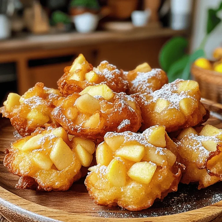 - 2 medium apples, peeled and diced - 1 cup all-purpose flour - 1/2 cup granulated sugar - 1 tablespoon baking powder - 1/2 teaspoon cinnamon - 1/4 teaspoon nutmeg - 1/4 teaspoon salt - 1 large egg - 1/2 cup milk - 1 teaspoon vanilla extract - 1 tablespoon lemon juice - Cooking spray - Powdered sugar for dusting - Additional spices like allspice or cloves - Air fryer - Mixing bowls - Whisk - Spoon or ice cream scoop To make air fryer apple fritters, you need fresh apples. I love using sweet varieties like Honeycrisp or Fuji. They add great taste and texture. Make sure to peel and dice them well. You also need all-purpose flour, sugar, baking powder, and spices like cinnamon and nutmeg. These ingredients bring out the apple flavor. The egg and milk bind the fritters. Vanilla extract adds a lovely aroma. Lemon juice keeps the apples from browning and adds a hint of tang. For cooking, a good spray of cooking oil helps them crisp up in the air fryer. If you want a sweeter treat, dust the fritters with powdered sugar after frying. You can also add spices like allspice or cloves for a fun twist. Gather these ingredients and tools, and you’re ready to make a delightful batch of air fryer apple fritters. For the full recipe, check the detailed instructions above. First, peel and dice two medium apples. Toss the diced apples with one tablespoon of lemon juice. This step helps keep the apples from browning. Set them aside while you prepare the other ingredients. In a separate bowl, combine one cup of all-purpose flour, half a cup of granulated sugar, one tablespoon of baking powder, half a teaspoon of cinnamon, a quarter teaspoon of nutmeg, and a quarter teaspoon of salt. Mix these dry ingredients well. This blend gives your fritters great flavor. Now, in another bowl, whisk together one large egg, half a cup of milk, and one teaspoon of vanilla extract. Once mixed, pour this wet mixture into your dry ingredients. Gently fold in the diced apples. Be careful not to overmix, as this can make the fritters tough. Before cooking, preheat your air fryer to 350°F (175°C) for about five minutes. This step ensures that the fritters cook evenly and get crispy. Lightly spray the air fryer basket with cooking spray. Using a spoon or small ice cream scoop, drop spoonfuls of the batter into the basket. Make sure to leave space between each fritter. Air fry them at 350°F (175°C) for 10 to 12 minutes. Flip them halfway through for even cooking. They should turn golden brown and look delicious. For the full recipe, refer to the detailed instructions above. To get the best texture in your fritters, avoid overmixing the batter. Overmixing can lead to tough fritters. Mix just until the dry ingredients combine. Next, use apples that are medium-sized. They cook evenly and give you a nice bite. Cooking time may vary based on your air fryer model. Some fryers cook faster than others. Adjust the time as needed. During the last few minutes, keep an eye on the fritters. This way, you can catch them before they burn. Serve your fritters warm for the best taste. A sprinkle of powdered sugar adds a sweet touch. You can also pair them with sauces like caramel or maple syrup. These add extra flavor and make your fritters even more enjoyable. For the full recipe, check out the earlier sections. {{image_2}} You can make these fritters gluten-free! Just swap the all-purpose flour for a gluten-free flour blend. This change keeps the fritters tasty and light. Always check the blend for the best results. Want to jazz up your fritters? You can add raisins or chopped nuts to the batter. Nuts give a nice crunch, while raisins add a sweet touch. For a twist, try using different spices like cardamom. It adds a warm flavor that pairs well with apples. You can change the fruit for a fun twist. Try using pears or peaches instead of apples. This gives you a new taste and keeps the recipe fresh. Each fruit brings its own unique flavor to the fritters. Enjoy experimenting with these seasonal choices! Store your air fryer apple fritters in an airtight container. They will stay fresh for up to 2 days at room temperature. This keeps them soft and tasty. If you want to keep them longer, refrigerate the fritters. They can last up to 1 week in the fridge. For even longer storage, freeze them. They will be good for up to 3 months in the freezer. Just make sure to use a freezer-safe container. To enjoy your fritters again, reheat them in the air fryer. This helps them stay crispy. You can also use the microwave for a quick warm-up, but they won't be as crunchy. For the best taste, I recommend using the air fryer. For the full recipe, check the earlier section on ingredients. Yes, you can use pears or peaches as alternatives. Both fruits add a nice twist. Just follow the same steps in the recipe for a different flavor. The fritters should be golden brown and cooked through. You can check by inserting a toothpick; it should come out clean. This ensures the inside is just as good as the outside. Yes, you can make these fritters ahead of time. Store them in an airtight container. For the best results, eat them within two days. If you need to keep them longer, follow the storage guidelines. To reheat leftover fritters, use the air fryer for the best texture. Set it to 350°F (175°C) for about 3-5 minutes. If you are in a hurry, you can microwave them for quicker reheating, but they won’t be as crispy. I recommend caramel, maple syrup, or a simple vanilla glaze as dipping sauces. Each adds a lovely taste that pairs well with the fritters. You can even mix and match to find your favorite! This blog post covered everything you need for tasty apple fritters. We discussed necessary and optional ingredients, tools, and step-by-step instructions. You learned tips for perfect texture and serving ideas. I included variations and storage suggestions so you can customize and keep your fritters fresh. Now, you can make these treats confidently. Enjoy the flavors and fun of cooking!