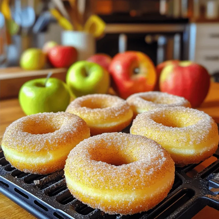 - 2 cups all-purpose flour: This forms the base of our donuts. It gives them structure. You can swap it with gluten-free flour for a gluten-free version. - 1 cup apple cider: This is the star ingredient. It adds flavor and moisture. You can use unsweetened apple juice if cider is not available. - 1/2 cup granulated sugar: This sweetens the donuts. You can reduce it for less sweetness or use a sugar substitute. - 1/4 cup brown sugar, packed: This adds depth and a hint of caramel flavor. Coconut sugar can be a good substitute. - 2 teaspoons baking powder: This helps the donuts rise. Ensure it’s fresh for best results. - 1 teaspoon baking soda: This works with the acidity of the cider. Don’t skip it! - 1 teaspoon ground cinnamon: This gives a warm, cozy flavor. You can add more for a stronger taste. - 1/2 teaspoon nutmeg: This adds a hint of spice. If you dislike nutmeg, you can leave it out. - 1/2 teaspoon salt: This enhances all the flavors. A pinch of sea salt can work well here. - 1 large egg: This binds the ingredients together. You may use a flax egg for a vegan option. - 1/4 cup unsalted butter, melted: This adds richness. Coconut oil can be a dairy-free substitute. - 1 teaspoon vanilla extract: This adds warmth and depth. You can use almond extract for a twist. - Cinnamon sugar (for coating): Mix 1/4 cup sugar with 1 tablespoon cinnamon. This gives a sweet, crunchy finish to the donuts. Using high-quality ingredients makes a big difference. Fresh spices and pure extracts bring out the best flavors. Stick to organic or local products when possible. It not only boosts taste but also supports sustainable sourcing. Enjoy these delicious treats! To start, we need to reduce the apple cider. Pour one cup of apple cider into a medium saucepan. Bring it to a boil over medium heat. Once it boils, lower the heat and let it simmer. You want to reduce it to about half a cup. This takes about 10 to 15 minutes. Let it cool for a bit after it’s done. Next, we mix the dry ingredients. In a large bowl, whisk together the flour, granulated sugar, brown sugar, baking powder, baking soda, ground cinnamon, nutmeg, and salt. Make sure everything is well combined. This helps to create a nice, even texture in your donuts. Now it's time to combine the wet and dry ingredients. In another bowl, whisk the egg, melted butter, vanilla extract, and the reduced apple cider. Mix until everything is combined. Pour this mixture into the dry ingredients. Stir gently until just mixed. Remember, some lumps are okay; do not overmix! Now, we will preheat the air fryer. Set it to 350°F (175°C) and let it preheat for about five minutes. This step is key to getting those donuts to cook evenly. While it preheats, grease your donut pan or use silicone molds. Spoon the batter into each cavity, filling them about three-quarters full. Be careful not to overfill; this helps the donuts rise properly. Place the filled donut pan in the air fryer basket. Cook the donuts for 6 to 8 minutes. To check for doneness, gently touch the tops. They should spring back when done and have a light golden color. You may need to cook in batches, depending on your air fryer's size. After cooking, carefully remove the donuts from the pan. Let them cool slightly before rolling them in cinnamon sugar. To coat them, mix 1/4 cup of sugar with one tablespoon of cinnamon in a bowl. Roll each donut in the mixture until fully coated. For cooling, place the donuts on a wire rack. This lets air circulate around them, keeping them from getting soggy. Let them cool completely before serving. Enjoy your delicious Air Fryer Apple Cider Donuts! If you want the full recipe, check out [Full Recipe]. When making air fryer apple cider donuts, there are a few mistakes to watch out for: - Overmixing the batter: Mixing too much makes donuts tough. Stir until just combined. - Incorrect frying temperature: If your air fryer is too hot or too cool, it affects cooking. Aim for 350°F (175°C). - Ingredient measuring errors: Always use measuring cups and spoons for accuracy. This ensures consistent results. To boost the flavor of your donuts, try these ideas: - Adding spices or extracts: Cinnamon and nutmeg are great. For an extra twist, add a dash of vanilla or almond extract. - Using different sugars for coating: Instead of plain sugar, mix brown sugar with cinnamon. It adds a richer taste. Make your donuts look as good as they taste with these tips: - Decorating suggestions for serving: Drizzle melted chocolate or caramel over the top. It adds a fun touch. - Creative serving suggestions: Serve donuts with fresh apple slices and a side of warm caramel sauce for dipping. This makes for a delightful treat. For the complete process and ingredients, check the Full Recipe. {{image_2}} You can spice up your air fryer apple cider donuts in fun ways. Here are two tasty ideas: - Pumpkin spice donuts: To make these, add 1 teaspoon of pumpkin pie spice to your dry mix. This will give your donuts a warm, cozy flavor perfect for fall. - Maple syrup drizzle alternative: Instead of rolling your donuts in cinnamon sugar, try drizzling them with maple syrup. This adds a sweet touch and pairs well with the apple flavor. Want to make your donuts fit your diet? Here are some options: - Gluten-free options: Use a gluten-free flour blend in place of all-purpose flour. This keeps the texture light and fluffy while being safe for those with gluten issues. - Vegan substitutions: Replace the egg with a flax egg (1 tablespoon flaxseed meal + 2.5 tablespoons water) and use plant-based butter. This makes your donuts vegan-friendly while keeping them delicious. Looking for more sweet treats? Try these ideas: - Other air fryer donut recipes to try: Experiment with chocolate, vanilla, or even matcha donuts. The air fryer can make many flavors tasty and light. - Pairing suggestions with beverages or toppings: Serve your donuts with warm apple cider or a cup of coffee. You can also top them with whipped cream or a scoop of vanilla ice cream for a fun dessert. For the complete recipe, check out the Full Recipe section above. Enjoy your cooking adventure! To keep your donuts fresh, store them in an airtight container. This helps prevent them from drying out. I recommend using a plastic or glass container with a tight seal. Line the bottom with parchment paper to absorb moisture. This will keep your donuts soft and tasty. You can freeze these donuts for later. First, let them cool completely. Then, wrap each donut in plastic wrap. Place them in a freezer-safe bag or container. This way, they won’t stick together. When you want to enjoy them, take out a donut. Let it thaw at room temperature for about 30 minutes. For a warm treat, you can reheat it in the air fryer for 2-3 minutes at 350°F (175°C). These air fryer apple cider donuts stay fresh for about 2 days at room temperature. If you store them in the fridge, they last up to a week. In the freezer, they can last for about 2-3 months. Make sure to check for any signs of freezer burn if you keep them for a long time. For the best taste, enjoy them fresh! To make air fryer apple cider donuts, start by reducing apple cider to concentrate its flavor. Mix the dry ingredients in one bowl. In another bowl, combine the wet ingredients, including the reduced cider. Then, combine both mixes. Preheat your air fryer and spoon the batter into a greased donut pan. Cook the donuts for 6-8 minutes until golden. Once done, roll them in cinnamon sugar for a sweet finish. You can find the full recipe for detailed steps. Yes, you can make these donuts in the oven. Baking them will give you a slightly different texture. Air frying cooks the donuts quickly and gives them a crisp outside. Baking takes longer and may not create the same level of crispness. Both methods allow for delicious results, but I prefer air frying for its speed. To reheat air fryer donuts, use your air fryer at a low setting. Heat them at about 300°F for 3-4 minutes. This method helps keep them fluffy and prevents them from drying out. Avoid using the microwave, as it can make the donuts tough and chewy. You now have all the tools to make delicious air fryer apple cider donuts. From choosing quality ingredients to perfecting the cooking process, every step matters. Remember to avoid common mistakes like overmixing or incorrect temperatures. Embrace flavor variations and dietary adaptations to enjoy these treats. Store them right for long-lasting freshness or freeze for later. With these tips, your donuts will impress anyone. You can create delightful moments with each bite, so get started!