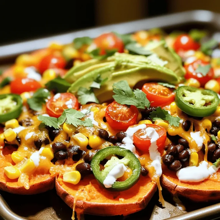 - 2 large sweet potatoes, sliced into thin rounds - 1 tablespoon olive oil - 1 teaspoon smoked paprika - 1 teaspoon garlic powder - 1 teaspoon cumin - Salt and pepper to taste - 1 cup black beans, rinsed and drained - 1 cup corn kernels (fresh, frozen, or canned) - 1 cup cherry tomatoes, halved - 1 cup shredded cheddar cheese (or vegan cheese) - 1 avocado, diced - 1 jalapeño, sliced (optional for heat) - Fresh cilantro, chopped (for garnish) - Sour cream or Greek yogurt (for drizzling or serving) Sweet potatoes are rich in vitamins A and C. They help boost your immunity. Olive oil provides healthy fats that support heart health. Smoked paprika adds flavor and has antioxidants. Garlic powder also boosts your immune system and adds taste. Cumin aids digestion and adds warmth to the dish. Black beans are high in fiber, which is great for digestion. Corn kernels provide energy and are full of vitamins. Cherry tomatoes are packed with vitamins C and K. Cheddar cheese offers protein and calcium for strong bones. Avocado contains healthy fats and is good for your skin. Jalapeños can boost metabolism and add a spicy kick. Fresh cilantro adds flavor and has vitamins A and K. Sour cream or Greek yogurt gives creaminess and can aid digestion. If you can't find sweet potatoes, you can use regular potatoes. Olive oil can be swapped with avocado oil for a different flavor. If you want a smoky taste, try using liquid smoke instead of smoked paprika. You can replace garlic powder with fresh minced garlic for more flavor. For a milder spice, skip the jalapeño or use bell peppers instead. If you want a dairy-free option, go for vegan cheese or skip cheese entirely. You can also use plain yogurt instead of sour cream for a tangy flavor. Start by preheating your oven to 425°F (220°C). This will help our nachos get crispy. Next, take two large sweet potatoes and slice them into thin rounds. In a big bowl, mix the potato slices with one tablespoon of olive oil. Add one teaspoon each of smoked paprika, garlic powder, and cumin. Don’t forget to season with salt and pepper! Toss everything well until the slices are coated. Spread the sweet potato slices in a single layer on a baking sheet lined with parchment paper. Make sure they are not touching. Bake these slices for 20 to 25 minutes. Flip them halfway through. You want them crispy on the edges and soft on the inside. After baking, remove them from the oven and get ready to layer. Now it’s time to build your nachos! Take the baked sweet potato slices and layer them on an oven-safe dish. Evenly sprinkle one cup of black beans and one cup of corn on top. Then, add one cup of halved cherry tomatoes and one cup of shredded cheddar cheese. For those who like it extra cheesy, feel free to add more cheese! Return the dish to the oven for another 5 to 7 minutes. You want the cheese to melt and bubble. Once done, top it with diced avocado, jalapeño slices if you like heat, and fresh cilantro. You can enjoy your savory and flavorful Loaded Sweet Potato Nachos with a drizzle of sour cream or Greek yogurt. For the Full Recipe, check the earlier section! To get crispy sweet potatoes, slice them thin. Aim for about 1/4 inch thick. This helps them cook evenly. Toss the slices with olive oil and spices. Make sure every piece gets coated. Spread them out on the baking sheet. Don’t crowd them; they need space to crisp up. Bake at 425°F (220°C) for 20-25 minutes. Flip them halfway through for even cooking. For the best cheese melt, use shredded cheese. Shredded cheese melts quicker than slices. Add the cheese after the sweet potatoes and toppings. Return them to the oven for 5-7 minutes. This allows the cheese to bubble and brown. If you want a stretchy melt, try a mix of cheeses. Cheddar and Monterey Jack work well together. To save time, prep your ingredients ahead. You can slice sweet potatoes a day before. Store them in water to keep them fresh. Use canned black beans and corn for quick assembly. You can also make the toppings ready ahead of time. This way, you can layer and bake in no time. For the complete process, check out the Full Recipe for Loaded Sweet Potato Nachos. {{image_2}} You can easily make Loaded Sweet Potato Nachos vegan. Swap out the cheddar cheese for vegan cheese. Many brands offer great plant-based options that melt well. You can also use cashew cream as a tasty substitute for sour cream. It adds creaminess without dairy. Feel free to mix up your toppings! Instead of black beans, try chickpeas or lentils. These add protein and taste great. You can also use different veggies. Bell peppers, zucchini, or even mushrooms can work well. If you like heat, add more jalapeños or try spicy salsa. Want to boost the flavor? Try adding some lime juice over the nachos before serving. It adds a zesty kick. You can also sprinkle chili flakes or hot sauce for an extra kick. Fresh herbs like basil or mint can make the dish pop, too. Explore these variations to make your nachos unique! For the complete recipe, check out the Full Recipe section. To keep your loaded sweet potato nachos fresh, store them in an airtight container. Let them cool first, then place them in the fridge. They can last for up to three days. If you want to keep them longer, consider freezing them. However, the texture might change. When you are ready to enjoy your leftovers, preheat your oven to 350°F (175°C). Place the nachos on a baking sheet and cover them with foil. Heat for about 10-15 minutes. This method helps keep the sweet potatoes crispy. You can also use a microwave, but the texture may not be as good. For meal prep, cook the sweet potatoes ahead of time. Store them separately from the toppings. This way, you can mix and match. When you are ready to eat, layer the toppings and bake. It makes for a quick and easy meal. You can find the Full Recipe to guide you through the cooking process. Yes, you can use regular potatoes. However, sweet potatoes add a nice sweetness. They also bring more nutrients and fiber. If you choose regular potatoes, try a starchy type like russets. They will get crispy, too, but the flavor will change. This recipe is naturally gluten-free. Just make sure all your toppings are gluten-free. Check the labels for any sauces or toppings you use. Most cheese and veggies are safe, but it's good to confirm. You can mix it up with many toppings! Here are some ideas: - Grilled chicken or beef - Black olives - Green onions - Pineapple - Salsa or pico de gallo - Different types of cheese, like mozzarella or pepper jack Feel free to add your favorites! The Full Recipe for Loaded Sweet Potato Nachos includes ingredients like sweet potatoes, black beans, and cheese. You can find the detailed steps in the main article. Enjoy making this tasty dish! This article covered how to make delicious Loaded Sweet Potato Nachos. We explored the key ingredients and their benefits. I shared easy steps for preparation and baking. You learned useful tips for crispy sweet potatoes and cheese melting. Plus, I offered tasty variations and storage tips. Now, you have all the tools to create this fun dish. Enjoy making your nachos with confidence!