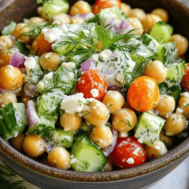 - 1 can (15 oz) chickpeas, drained and rinsed - 1 cup cucumber, diced - 1 cup cherry tomatoes, halved - 1/2 red onion, finely chopped - 1/2 cup plain Greek yogurt - 1 clove garlic, minced - 2 tablespoons fresh dill (or 1 tablespoon dried dill) - 1 tablespoon lemon juice - 1 tablespoon extra virgin olive oil - Salt and pepper to taste - Feta cheese, crumbled - Fresh mint leaves for garnish When I make Tzatziki Chickpea Salad, I start with the main ingredients. The chickpeas give protein and fiber. They fill you up and keep you healthy. Next, I add fresh cucumber for crunch. It adds a nice, cool taste. Cherry tomatoes bring a pop of sweetness. They also make the salad colorful. Lastly, the red onion gives a sharp bite that balances the salad. Now for the tzatziki dressing! I mix Greek yogurt with minced garlic. This adds creaminess and flavor. Fresh dill brings a bright herbal taste. I use lemon juice for acidity. It brightens everything up. Extra virgin olive oil adds richness. This dressing ties the salad together. You can also add optional ingredients. Salt and pepper enhance the flavors. Crumbled feta cheese adds a salty and creamy touch. Fresh mint leaves make for a beautiful garnish. They give a refreshing finish. Make sure to check the [Full Recipe]. It guides you through each step! - Drain and rinse the chickpeas. - Dice the cucumber and halve the cherry tomatoes. - Finely chop the red onion. Start with the chickpeas. Rinsing them removes extra salt and makes them taste fresh. Next, the cucumber adds crunch. Slice it into small pieces to blend well. The cherry tomatoes bring sweetness, and halving them lets their juice mix into the salad. Lastly, chop the red onion finely. This gives a nice bite to the dish. - Whisk together Greek yogurt, garlic, dill, lemon juice, and olive oil. For the tzatziki dressing, use plain Greek yogurt. It’s thick and creamy. Add minced garlic for a tasty punch. Fresh dill adds a nice aroma and flavor. Squeeze in some lemon juice for zing. Lastly, drizzle olive oil to make the dressing smooth. Whisk it all together until it’s well mixed. - Mix the chickpea mixture and tzatziki dressing. - Garnish with feta cheese and mint leaves. - Chill for at least 30 minutes before serving. Now, combine the chickpeas, cucumber, tomatoes, and onion in a large bowl. Pour the tzatziki dressing over the top. Gently toss everything together. Make sure all the ingredients get coated nicely. If you choose to use feta cheese, sprinkle it on top now. Cover the bowl with plastic wrap and chill it in the fridge for at least 30 minutes. This waiting time helps the flavors mix and deepen. Enjoy this fresh dish as a light meal or side. For the full recipe, check out the earlier section! To make your Tzatziki Chickpea Salad shine, adjust seasoning to taste. Add salt and pepper as needed. Taste is key! Fresh herbs also enhance flavor. Use dill or mint for a bright touch. Serve your salad chilled or at room temperature. It’s great on hot days! Pair it with pita bread or grilled meats for a complete meal. This mix of flavors really brings joy to the table. If you need a nut-free option, swap Greek yogurt for a nut-free yogurt alternative. This keeps the salad creamy without nuts. Enjoy the same great taste while catering to dietary needs! For the full recipe, refer to the Tzatziki Chickpea Salad recipe section. {{image_2}} You can make this salad more filling by adding grilled chicken or shrimp. Both options add great taste and protein to the dish. I love using grilled chicken because it adds a nice smoky flavor. Shrimp is also a quick way to boost protein and works well with the tzatziki dressing. Want to pack in more nutrition? Include bell peppers or avocado in your salad. Bell peppers add a crunchy texture and sweet flavor. Avocado brings a creamy richness that pairs well with the chickpeas. I often add both for a colorful and tasty mix. If you want to change things up, try a lemon vinaigrette instead of tzatziki. A lemon vinaigrette gives the salad a bright, zesty taste. It can be lighter and refreshing, especially on a hot day. I enjoy experimenting with different dressings to keep this salad exciting. For the full recipe, check out the section above! Store any leftovers of the Tzatziki Chickpea Salad in an airtight container. This keeps the flavors fresh. You can enjoy it for up to 3 days. Make sure to seal the lid tight. Freezing this salad is not a good idea. The texture will change when thawed. The cucumbers and tomatoes may become mushy. It’s best to enjoy it fresh. To make meal prep easy, chop and store your ingredients ahead of time. Dice the cucumber, halve the tomatoes, and chop the onion in advance. When you are ready to eat, just mix everything together. This quick assembly saves time and keeps your meals fresh. Tzatziki is a creamy sauce made from yogurt, cucumber, and garlic. It has a cool and tangy flavor. This sauce comes from Greece and is often used in Mediterranean dishes. People enjoy tzatziki as a dip or a dressing. It pairs well with grilled meats and pita bread. Tzatziki adds a refreshing touch to many meals, making them more enjoyable. Yes, you can make this salad vegan! For the Greek yogurt, use a plant-based yogurt. Look for a dairy-free option made from coconut or almond milk. If you want to replace feta cheese, try using crumbled tofu or a vegan feta. Both options keep the salad tasty and creamy without dairy. You can easily customize this salad to suit your taste! Here are some fun ideas: - Add bell peppers for crunch. - Toss in avocado for creaminess. - Include olives for a briny flavor. - Swap out the dill for fresh parsley or mint. - Drizzle with a lemon vinaigrette instead of tzatziki for a new twist. These options can make your salad unique and exciting. Explore different flavors to find your perfect mix! For the full recipe, check out the Tzatziki Chickpea Salad section. This blog post covered a simple, tasty chickpea salad. We looked at the main ingredients like chickpeas and fresh veggies. I provided a quick and easy tzatziki dressing recipe, plus tips for serving. You can also customize it with proteins and more veggies. Remember to store leftovers properly for freshness. In conclusion, this salad is not just healthy; it’s fun to make and share. Enjoy your cooking!