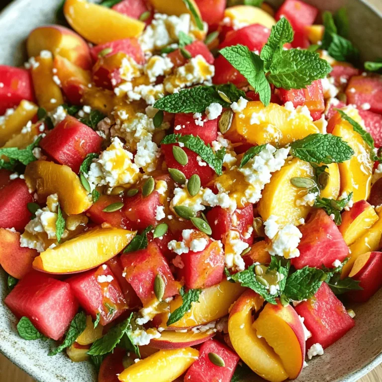 - 2 ripe peaches, sliced - 3 cups watermelon, cubed - ½ cup crumbled feta cheese - ¼ cup fresh mint leaves, chopped - 1 tablespoon honey - 2 tablespoons lime juice - Salt and pepper to taste - Optional: 1 tablespoon toasted pumpkin seeds - Large mixing bowl - Small bowl for dressing - Whisk When I create a Peach Watermelon Salad, I focus on fresh ingredients. The key to this dish is using ripe peaches and juicy watermelon. They pair well together and make a great summer treat. For this salad, you need peaches that are soft but not mushy. Look for vibrant colors and a sweet smell. Watermelon should be firm and heavy for its size. Feta cheese adds a nice salty touch, which balances the sweetness of the fruit. Fresh mint brings a refreshing flavor. Honey and lime juice create a simple dressing that ties all the flavors together. You will also need a large mixing bowl for the fruit and a small bowl to whisk the dressing. Whisking helps blend the honey and lime juice smoothly. This step is easy but crucial for a tasty salad. Once you gather your ingredients and equipment, you're ready to make this delicious Peach Watermelon Salad. For the full recipe, check out the complete guide. - First, take 2 ripe peaches and slice them. - Next, cube 3 cups of watermelon. - Combine the sliced peaches and cubed watermelon in a large mixing bowl. - Gently mix in ½ cup of crumbled feta cheese. Be careful not to mash the fruit. - In a small bowl, whisk together 1 tablespoon of honey and 2 tablespoons of lime juice until smooth. This will create a bright and tangy dressing. - Drizzle the honey-lime dressing over the fruit mixture. Toss gently to coat every piece of fruit. - Now, add ¼ cup of chopped mint leaves for freshness. - If you like, sprinkle 1 tablespoon of toasted pumpkin seeds on top for a nice crunch. Toss everything together one last time. - Chill the salad in the refrigerator for about 15 minutes. This helps the flavors meld. For the complete recipe, check out the Full Recipe. To make your Peach Watermelon Salad pop, think about adding fresh herbs like basil or cilantro. These herbs give a nice twist to the flavor. You can also sprinkle in a pinch of chili powder for heat. If you like it sweeter, use honey to adjust the taste. Just drizzle more honey over the salad and mix well. Serve your salad in a large, shallow bowl or in individual cups. This makes it look fancy and fun. For a colorful touch, garnish with fresh mint leaves. You can also sprinkle a few toasted pumpkin seeds on top for added crunch. This adds both flavor and a nice visual appeal. Prep your salad a little ahead of time for the best taste. You can slice the peaches and cube the watermelon up to a few hours before serving. Just keep them in the fridge to stay fresh. If you mix in the dressing too early, the fruit may get soggy. Instead, add the dressing right before serving. This keeps everything crisp and tasty. {{image_2}} You can switch out feta cheese for other options. Try goat cheese for a creamy taste. For a dairy-free option, use tofu or avocado. Both will add a nice texture too. Feel free to change the fruits in the salad. You can use strawberries, blueberries, or even oranges. Each fruit adds its own flavor. Mixing different fruits can make the salad even more fun and colorful. If you want to change the dressing, try balsamic vinegar instead of honey and lime. It gives a sweet and tangy taste. You might also like a citrus vinaigrette for a zesty kick. For a creamy dressing, mix yogurt with lime juice. This gives a rich flavor while keeping it light. You can also use a ranch or tahini dressing if you want something bolder. To enjoy this salad all year, think about seasonal fruits. In fall, add apples or pears. In winter, try citrus fruits like oranges or grapefruits. Each season brings new flavors. You can also add nuts or seeds for crunch. Toasted almonds or walnuts work well. They add a nice texture and extra nutrients to the salad. To keep your Peach Watermelon Salad fresh, store it in the fridge. Use an airtight container. This will help keep the flavors bright and the texture crisp. If you plan to eat it later, separate the dressing. You can mix it in just before serving. This ensures your salad stays juicy and fresh. In the refrigerator, Peach Watermelon Salad lasts about 2 to 3 days. After that, the fruit may start to break down. Look for signs of spoilage like an off smell or mushy texture. If the salad looks watery, it's best to throw it out. Freezing Peach Watermelon Salad is not the best choice. The texture of the fruit will change when frozen. If you want to freeze it, consider freezing just the watermelon and peaches. Before freezing, cut them into pieces and spread them on a baking sheet. Once frozen, transfer them to a freezer bag. This way, you can add them to smoothies later! Yes, you can make Peach Watermelon Salad ahead of time. This salad tastes great when chilled. To prepare in advance, cut the fruit and store it separately. Mix the honey-lime dressing and keep it in the fridge. Combine the ingredients just before serving. This keeps the salad fresh and avoids sogginess. If you want an alternative to feta cheese, try goat cheese or ricotta. Both add a creamy texture. You can also use vegan cheese if you prefer a dairy-free option. Fresh mozzarella is another tasty choice for a milder flavor. Peach Watermelon Salad is very healthy! Peaches are rich in vitamins A and C. Watermelon is hydrating and has low calories. Feta adds protein and calcium. Mint offers fresh flavor and has health benefits, too. This salad is a great way to enjoy summer fruits. This blog post shared a simple recipe for Peach Watermelon Salad. You learned about the key ingredients and how to put them together. I also covered useful tips for flavor, storage, and variations to keep it exciting. Remember, this salad is fresh, easy, and healthy. You can enjoy it anytime or switch up the ingredients to suit your taste. Now, grab your peaches and watermelon, and create something delicious!