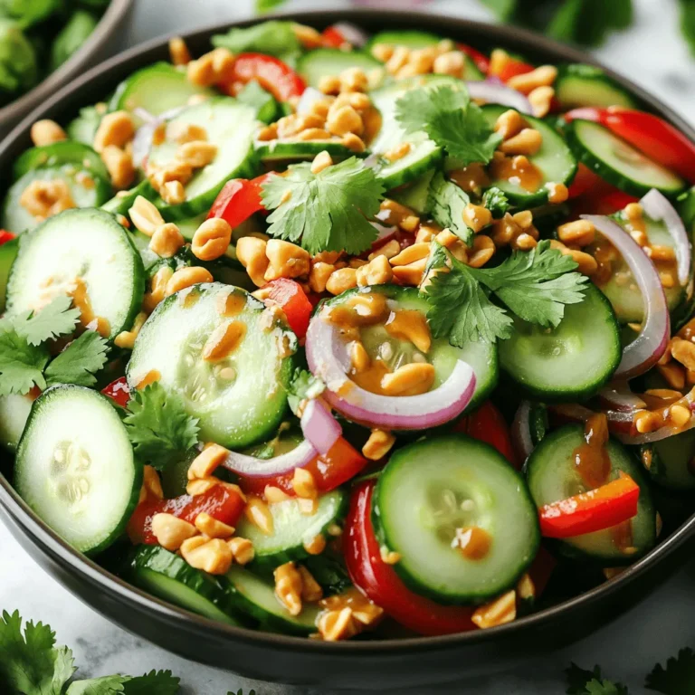 - 2 large cucumbers, thinly sliced - 1 cup roasted peanuts, roughly chopped - 1 red bell pepper, diced - 1 small red onion, thinly sliced - 1/4 cup fresh cilantro, chopped - 1 tablespoon sesame oil - 3 tablespoons soy sauce (low-sodium) - 1 tablespoon rice vinegar - 1 tablespoon honey or agave syrup - 1 teaspoon grated ginger - 1-2 teaspoons sriracha sauce (optional) - Additional vegetables (e.g., carrots or radishes) - Fruits (e.g., oranges or mango) - Spices for extra flavor The key to a great cucumber peanut salad is its fresh and crunchy ingredients. You start with fresh cucumbers, which give a nice crispness. I love using large cucumbers and slicing them thin. The red bell pepper adds a sweet twist, while the red onion brings a bit of sharpness. Roasted peanuts are a must. They add a nutty taste and crunch. Fresh cilantro ties all these flavors together with its bright notes. For the dressing, I mix sesame oil, low-sodium soy sauce, and rice vinegar. Honey or agave syrup balances the salty and tangy flavors. Grated ginger gives it a spicy kick, and sriracha can add more heat if you like. You can also add more veggies or fruits. Carrots add sweetness, while oranges or mango bring a juicy surprise. This salad is flexible. You can make it your own. You can find the full recipe to make this salad easily at home. Enjoy experimenting with different ingredients and flavors! Start by prepping your veggies. Slice the cucumbers thinly. Next, dice the red bell pepper into small pieces. Then, take your red onion and slice it thinly. Now, chop the fresh cilantro and roughly chop the roasted peanuts. This will add a nice crunch to your salad. In a small bowl, whisk together the dressing ingredients. Combine sesame oil, soy sauce, rice vinegar, honey or agave syrup, and grated ginger. If you like some heat, add sriracha sauce to the mix. Take a large bowl and toss in your salad ingredients. Add the sliced cucumbers, diced bell pepper, red onion, chopped cilantro, and roasted peanuts. Pour the dressing over everything and gently toss it all together. Let the salad sit for about 10-15 minutes. This helps the flavors mix and meld together. Before serving, taste the salad. Adjust the seasoning with salt and pepper if needed. Enjoy this crunchy and flavorful delight! For the complete recipe, check out the Full Recipe. To make the best cucumber peanut salad, use fresh cucumbers. They will give you a crunchier texture. Look for ones that feel firm and have shiny skin. Also, wash and dry your herbs before chopping. This step helps them stay fresh and flavorful. For deeper flavor, consider marinating the salad longer. Letting it sit allows all the ingredients to blend well. Adjust the acidity by adding more vinegar if needed. A splash more can brighten the taste and make it pop. Serve the salad chilled for the best taste. It pairs well with grilled meats or barbecue. You can also add a sprinkle of extra peanuts or cilantro on top for a nice finish. This little touch makes your dish look even better. Enjoy this crunchy and flavorful delight! For the complete recipe, check out the Full Recipe. {{image_2}} You can easily make this cucumber peanut salad vegan. Just swap honey for agave syrup. This keeps the sweetness without using animal products. Agave gives a nice touch to the dressing. If you need a nut-free salad, try replacing peanuts with sunflower seeds. Sunflower seeds add a crunchy texture. They also give a nice, nutty flavor without the allergens. For a gluten-free version, use tamari instead of soy sauce. Tamari is a great soy sauce alternative that is gluten-free. It adds the same umami taste to your dressing without the gluten. Feel free to explore these variations to suit your diet while enjoying the full recipe! Store leftovers in an airtight container. This keeps the salad fresh and crunchy. Make sure to seal it tightly. If you leave it open, it can get mushy. Always cool it down before storing. Consume within 2-3 days for the best flavor and freshness. After that, the veggies may lose their crispness. If you notice any off smells or changes, it’s best to throw it out. Enjoy your salad while it’s at its peak! Not recommended to reheat; best enjoyed cold. Heating can make the vegetables soggy. This salad shines when it’s fresh and chilled. Enjoy it straight from the fridge for a crisp, refreshing taste. You can find the full recipe above to whip up a fresh batch anytime! Yes, but it’s best served fresh. If you make it ahead, store the dressing separately. This way, the salad stays crisp and tasty. Mixing everything right before serving keeps the veggies crunchy. You can use almonds, cashews, or seeds for a different flavor and texture. Each option brings its own crunch and taste. Almonds are mild, while cashews add creaminess. Seeds give a nice nutty flavor. Yes, it’s low in calories and packed with nutrients. Fresh veggies provide vitamins, while peanuts add healthy fats. This salad is a great choice for a light meal or side dish. It's filling without being heavy. Enjoy it guilt-free! This cucumber peanut salad is fresh, tasty, and simple to make. You start by prepping your main ingredients, then mix a flavorful dressing. Add optional veggies or fruits to make it your own. Remember, freshness matters for the best crunch. Enjoy this salad chilled, and it pairs well with grilled foods. It’s healthy, low in calories, and full of nutrients. Try different add-ins and enjoy your creative spin on a classic dish!