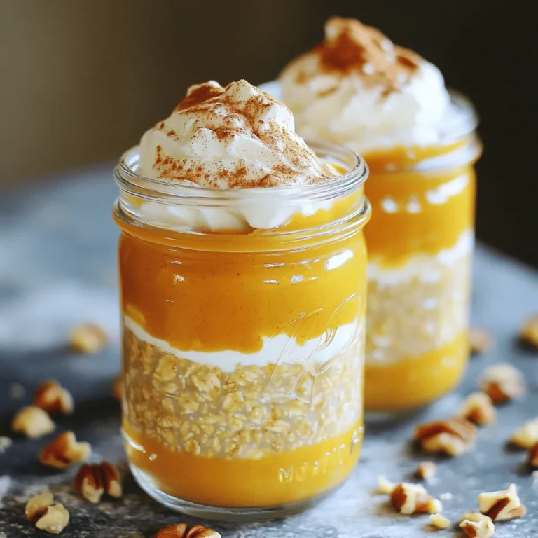 You need some key items for your pumpkin pie overnight oats. Here's what you'll need: - 1 cup rolled oats - 1 cup almond milk (or any milk of your choice) - 1/2 cup canned pumpkin puree - 2 tablespoons chia seeds - 1 tablespoon maple syrup (adjust to taste) - 1 teaspoon pumpkin pie spice - 1/2 teaspoon vanilla extract - Pinch of salt These ingredients come together to create a creamy and flavorful base. The oats soak up the milk and flavors overnight. Canned pumpkin adds warmth and nutrition, while chia seeds give a nice texture. Toppings can take your oats to the next level. Here are some great options to consider: - Chopped nuts - Whipped coconut cream - Cinnamon These toppings add crunch, creaminess, and extra flavor. You can mix and match them based on your mood or what you have at home. You can change up the milk for different tastes. Here are some ideas: - Almond milk - Oat milk - Coconut milk - Soy milk Each type of milk will give your oats a unique flavor. Choose what you like best or what you have on hand. The Full Recipe will guide you through making this delicious breakfast. Start by gathering all your ingredients. You will need: - 1 cup rolled oats - 1 cup almond milk (or any milk of your choice) - 1/2 cup canned pumpkin puree - 2 tablespoons chia seeds - 1 tablespoon maple syrup (adjust to taste) - 1 teaspoon pumpkin pie spice - 1/2 teaspoon vanilla extract - Pinch of salt In a medium bowl, mix the rolled oats, almond milk, and pumpkin puree. Add the chia seeds, maple syrup, pumpkin pie spice, vanilla extract, and salt. Use a whisk to blend everything well. Make sure there are no lumps. This step is key for a smooth texture. Once you have mixed everything, it’s time to store it. Divide the mixture into two mason jars or airtight containers. Seal them tightly. Place the jars in the fridge for at least 4 hours. For the best flavor and texture, let them sit overnight. The oats will absorb the liquid and the chia seeds will expand, creating a creamy base. When you are ready to eat, take the jars out of the fridge. Stir the oats well. If they seem too thick, add a splash of almond milk to get your desired consistency. Now comes the fun part: toppings! You can add chopped nuts, a dollop of whipped coconut cream, or a sprinkle of cinnamon. These toppings not only add flavor but also make your dish look beautiful. Enjoy your pumpkin pie overnight oats as a nourishing breakfast or snack! To get the best creamy texture in your Pumpkin Pie Overnight Oats, use rolled oats. They soak up the liquid well. This helps them become soft and creamy. Mix the oats with enough liquid. You should use one part oats to one part milk. For extra creaminess, add more almond milk in the morning if needed. This way, you can adjust the thickness to your liking. You can make your oats sweeter by adding more maple syrup. Start with one tablespoon, then taste. If you want it sweeter, add a little more. For spice, pumpkin pie spice is key. If you like it spicier, add a bit more than the recipe calls for. You can also mix in a pinch of nutmeg or ginger for a fun twist. If you have extra oats, store them in an airtight container. They last well in the fridge for up to three days. When you are ready to eat, just stir them well. If they seem thick, add a splash of milk. This keeps them creamy and delicious. Enjoy your pumpkin pie oats any time! You can find the full recipe to make this dish perfect. {{image_2}} If you want to make this recipe dairy-free, you have great options. Almond milk works well, but you can also use oat milk or coconut milk. Both choices add a nice flavor. Just avoid sweetened versions. Unsweetened keeps your oats healthy and tasty. You can boost the protein in your oats easily. Try adding a scoop of protein powder. You can also mix in Greek yogurt if you don’t mind some dairy. Both options make your meal more filling and nutritious. Feel free to swap ingredients based on the season. In winter, you might add warm spices like nutmeg or ginger. In summer, fresh fruit like berries can bring a fun twist. Try using sweet potatoes instead of pumpkin for a different taste. Each change keeps the recipe exciting and fresh. To keep your pumpkin pie overnight oats fresh, store them in airtight containers. Mason jars work great for this. Make sure the lids are tight to prevent air from getting in. Always keep the oats in the fridge. This keeps them safe to eat and maintains their flavor. If you want to store your oats for a longer time, freezing is an option. Just make sure you use freezer-safe containers. Fill them only ¾ full. This allows space for the oats to expand as they freeze. To eat, thaw them overnight in the fridge before enjoying. In the fridge, your pumpkin pie overnight oats will stay good for about 3 days. If they start to smell sour or change color, it’s best to toss them out. If frozen, they can last up to 3 months. Always check for freshness before eating. For the full recipe, follow the steps carefully to ensure the best results. Yes, you can use quick oats. Quick oats cook faster and absorb liquid quickly. This means your overnight oats may be softer. If you prefer a chewier texture, stick with rolled oats. They give you that hearty bite, which I love. Overnight oats can last up to five days in the fridge. Store them in airtight containers. Just make sure to check for any signs of spoilage before you eat. To keep them fresh, add toppings just before serving. Of course! You can skip the chia seeds. They add a nice texture and some nutrition, but they are not a must. If you leave them out, just make sure to eat the oats sooner. Enjoy them for breakfast or a snack! For the full recipe, check out the linked recipe above. In this post, we explored pumpkin pie overnight oats, from main ingredients to optional toppings. I shared step-by-step instructions for mixing and serving, along with tips for a creamy texture. You learned how to make dairy-free versions and boost protein. Remember to store leftovers right to keep them fresh. Overnight oats offer great flexibility, making them easy to adapt for your taste. Enjoy your tasty, nutritious breakfast!
