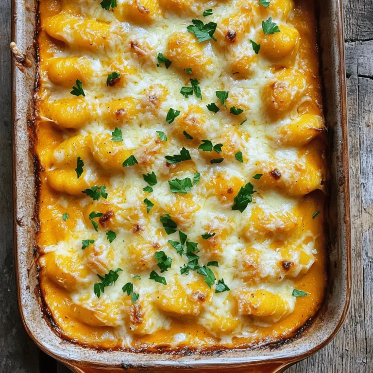- 1 pound store-bought gnocchi - 2 cups pumpkin puree (canned or fresh) - 1 cup heavy cream - 3 tablespoons unsalted butter - 4 cloves garlic, minced - 1 cup grated Parmesan cheese, plus extra for topping - 1 teaspoon dried sage (or 1 tablespoon fresh sage, chopped) - 1/2 teaspoon ground nutmeg - Salt and pepper to taste - Fresh parsley, chopped for garnish Gathering these simple ingredients is the first step to making your buttery garlic parm pumpkin gnocchi bake. You can find gnocchi at most grocery stores, and it cooks quickly, making it perfect for busy nights. Pumpkin puree adds a creamy texture and a slight sweetness that pairs well with garlic and cheese. Heavy cream gives the dish that rich and smooth feel, while butter helps create a lovely sauce. Garlic adds a punch of flavor, and Parmesan cheese brings that salty, nutty taste we all love. Dried sage adds warmth, while nutmeg adds a hint of spice. Do not forget to grab salt and pepper to season your dish just right. Fresh parsley not only brightens the flavors but also makes for a lovely garnish. For the full recipe, check out the details above. Enjoy the process of cooking, and let your kitchen be filled with delightful aromas! - Bring salted water to a boil. - Cook gnocchi until they float and drain. Cooking gnocchi is quick and easy. First, fill a large pot with water and add salt. The salt helps flavor the gnocchi. Once the water boils, add the gnocchi. They will sink at first but watch closely. When they float, they are done. This usually takes only a few minutes. Drain them well and set them aside. - Melt butter in a skillet. - Sauté minced garlic until fragrant. Next, grab a large skillet. Heat it over medium heat and add butter. Let it melt slowly. Once it’s melted, add the minced garlic. Stir it for about a minute. You want the garlic to smell great, but don’t let it burn. If it burns, it will taste bitter. - Add pumpkin puree, heavy cream, and seasonings. - Simmer to meld flavors. Now it’s time to make the sauce creamy and rich. Add pumpkin puree and heavy cream to the skillet. Stir the mixture well. Then, add in the grated Parmesan cheese, sage, nutmeg, salt, and pepper. Mix everything together and let it simmer for a few minutes. This allows the flavors to blend nicely. - Transfer gnocchi mixture to a baking dish. - Bake at 375°F for 20–25 minutes. Preheat your oven to 375°F. Take a greased baking dish and add the gnocchi mixture. Spread it out evenly. Top with more Parmesan cheese for that extra flavor. Place the dish in the oven and bake for 20 to 25 minutes. You want it to bubble and turn golden on top. For the complete recipe, check out the [Full Recipe]. To make the best buttery garlic parm pumpkin gnocchi bake, first, cook the gnocchi properly. This means boiling them until they float. Floating gnocchi is a sign they are ready. If you mix undercooked gnocchi with the sauce, they will be tough. Next, be careful with the garlic. Cook it just until it smells great. If you let it cook too long, it can turn bitter. You want sweet, fragrant garlic to blend with the creamy sauce. If you want to swap out heavy cream, try using coconut milk. It adds a nice flavor and keeps it creamy. You can also use almond milk or cashew cream for a lighter option. For cheese, if you need a dairy-free choice, try nutritional yeast. It gives a cheesy flavor without the dairy. For a fun presentation, serve the bake straight from the dish. Spoon it into bowls for a cozy feel. You can drizzle a bit of extra sauce on top too. Pair it with a simple salad or some warm bread. A crusty baguette goes well with the creamy dish. Enjoy each bite! For more ideas, check out the full recipe to explore additional pairings and tips. {{image_2}} You can make this dish even better by adding spinach or kale. Both greens boost the nutrition. They also add a nice color and texture to the bake. Different cheese options can bring new flavors. Try mozzarella for a gooey melt or feta for a salty kick. Want to spice things up? Experiment with cayenne or paprika for a kick. A little heat can wake up the pumpkin flavor. You can also use fresh herbs like thyme or rosemary. They add a lovely aroma and depth to the dish. If you need gluten-free options, look for gluten-free gnocchi. Many brands offer tasty alternatives. For a vegan twist, swap heavy cream with coconut milk or cashew cream. Both will keep the dish creamy and rich without dairy. Try these variations to make the buttery garlic parm pumpkin gnocchi bake your own. The full recipe is just a starting point, and your creativity can shine. After enjoying your buttery garlic parm pumpkin gnocchi bake, store any leftovers in airtight containers. This keeps the dish fresh and tasty. Be sure to refrigerate it within two hours of cooking. Cream-based dishes, like this one, can spoil quickly. So, always follow food safety guidelines to avoid waste. When it’s time to enjoy your leftovers, you have two main options: the oven or the microwave. I prefer the oven. It warms the dish evenly, making it taste fresh again. Set your oven to 350°F (175°C) and bake for about 15-20 minutes. If you use the microwave, heat it in short bursts. Stir it often to avoid hot spots. If the gnocchi seems dry, add a splash of cream or broth. This helps maintain its rich, creamy texture. Yes, you can freeze this dish, but it’s best if you do it before baking. Transfer the uncooked gnocchi mixture to a freezer-safe container. When you’re ready to eat, thaw it in the fridge overnight. For reheating, bake it straight from the fridge. Adjust the cooking time as needed. This keeps each bite as delicious as the first. Yes, you can use homemade gnocchi! Homemade gnocchi often has a lighter texture. Just be sure to cook it until it floats in boiling water. The cooking time may vary, so check for doneness. If you make your own, use a simple mix of potatoes and flour. This will give your dish a unique touch. If you cannot find pumpkin puree, try butternut squash puree. It has a similar taste and texture. You can also use sweet potato puree for a sweeter flavor. Both options work well in this dish and offer a tasty alternative. This recipe is mostly vegetarian, but check your Parmesan cheese. Some brands use animal rennet. Opt for a vegetarian cheese to ensure it meets dietary needs. You can also add more veggies like spinach or mushrooms for extra flavor and nutrition. Yes, this dish is great for meal prep! To store, place it in airtight containers. Refrigerate leftovers for up to three days. For best results, reheat in the oven to keep it creamy. You can also freeze it for later. Just make sure to thaw it in the fridge overnight before reheating. For the full recipe, check the earlier sections. This creamy pumpkin gnocchi bake combines simple ingredients for delicious flavor. We covered how to prepare the gnocchi and create a rich pumpkin sauce. With helpful tips on ingredient swaps and serving ideas, you can customize your dish to your liking. Remember, you can make this meal vegetarian or adjust it for dietary needs. Enjoy this warm, comforting dish that’s perfect for any meal or occasion. Now, go ahead and whip up this recipe to delight your taste buds.