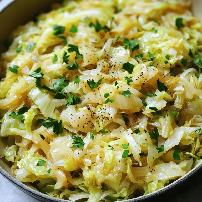 Here is what you need for the easy sautéed cabbage: - 1 small head of green cabbage, shredded - 1 tablespoon olive oil - 1 tablespoon unsalted butter - 1 large onion, thinly sliced - 2 cloves garlic, minced - 1 teaspoon caraway seeds (optional for extra flavor) - Salt and pepper to taste - 1 tablespoon apple cider vinegar This recipe serves 4 people. Using fresh ingredients makes a big difference in taste. The cabbage is crunchy and sweet, while the onion adds a nice depth. Don't skip the garlic; it brings a warm flavor. If you want to try something special, the caraway seeds can add a nice twist. When you combine all these ingredients, you have a quick and tasty meal. You can use this dish as a side or even a main course. For the full recipe, check the earlier section. Start by heating 1 tablespoon of olive oil and 1 tablespoon of butter in a large skillet. Use medium heat to melt the butter. This heat level helps the food cook evenly without burning. You want the butter to bubble but not smoke. This step sets the stage for great flavor. Next, add the thinly sliced onion to the skillet. Cook it for about 5 minutes. You want the onion to turn translucent. This change shows it’s ready for the next step. The sweet smell of cooked onions fills the kitchen, making it hard to resist. After the onions are soft, stir in 2 minced cloves of garlic and optional caraway seeds. Cook this mixture for another minute. Adding garlic now gives the best flavor. Then, toss in the shredded cabbage. Mix it well with the onions and garlic. This blend is where the magic happens. Cover the skillet to trap the heat. Cook the cabbage for about 10-12 minutes. Stir occasionally to prevent sticking. The cabbage will shrink in size as it cooks. You want it soft but not mushy. The cover helps steam the cabbage, making it tender. Once the cabbage is soft, remove the lid. Drizzle in 1 tablespoon of apple cider vinegar. Stir for an additional 2-3 minutes. This step helps remove extra moisture. Taste the dish and adjust the salt and pepper if you need to. This final touch brings all the flavors together. For the full recipe, check out the [Full Recipe]. To make your sautéed cabbage shine, use simple spices and herbs. Salt and pepper are key. You can also add: - Caraway seeds for a warm flavor - Red pepper flakes for a little heat - Thyme or dill for a fresh taste These spices enhance the natural flavors. You can play with the amounts to find what you love. A splash of apple cider vinegar adds brightness. Stirring the cabbage helps it cook evenly. Make sure to stir every few minutes. If you want crispy cabbage, cook it uncovered. For a tender texture, keep it covered. Cooking times will vary: - For crispy, aim for 5-8 minutes. - For tender, let it cook for 10-12 minutes. Adjust the heat if it browns too fast. To serve your sautéed cabbage, use a large bowl or platter. This makes it look inviting. Add fresh herbs like parsley or chives on top. They add color and freshness. You can also serve it with roasted meats or grains. This makes a full meal. For the full recipe, check the details in the main article. {{image_2}} You can add proteins like bacon or sausage to your sautéed cabbage. Just chop them up and cook them first in the skillet. This adds a smoky flavor that pairs nicely with the cabbage. You can also use vegetable or chicken broth instead of water when cooking. This choice gives a richer flavor and helps the cabbage stay moist. Try using different vinegars to change the taste. Balsamic or red wine vinegar can add a sweet or tangy kick. You can also mix in other vegetables. Carrots bring sweetness, and bell peppers add crunch and color. This makes your dish more exciting and nutritious. For an Asian twist, add soy sauce to your sautéed cabbage. It gives a savory depth that works well with the cabbage's natural taste. If you want a Mediterranean touch, mix in olives and feta cheese. These ingredients create a fresh and salty flavor that transforms the dish. You can explore these variations to make your Easy Sautéed Cabbage even more delightful. For the full recipe, check out the Easy Sautéed Cabbage section above. To store leftover sautéed cabbage, place it in an airtight container. This keeps it fresh and prevents odors. Leftover sautéed cabbage lasts about 3 to 5 days in the fridge. If you notice any moisture buildup, be sure to dry it off before sealing. When reheating sautéed cabbage, use the stovetop or microwave. For stovetop, add a splash of water or broth to keep it moist. Stir it often over low heat until warmed through. In the microwave, cover the dish with a lid or wrap to trap steam. Heat in short bursts of 30 seconds, stirring in between, to prevent overcooking. This helps keep the texture and flavor intact. Yes, you can freeze sautéed cabbage. To freeze, let it cool completely. Then, transfer it to a freezer-safe bag or container. Remove as much air as possible to avoid freezer burn. It can be stored for up to 3 months. To thaw, place it in the fridge overnight. You can also reheat it directly from frozen, adding a little water to help it steam. Sautéing cabbage takes about 25 minutes total. You need 10 minutes to prep and 15 minutes to cook. Start by heating your oil and butter, then sauté the onions, add garlic, and finally toss in the cabbage. Yes, you can use different types of cabbage. Green cabbage is the most common, but red and savoy cabbage also work well. Red cabbage adds a beautiful color and a slightly sweet taste. Savoy cabbage has crinkly leaves and a tender texture. Sautéed cabbage pairs nicely with many dishes. You can serve it alongside grilled meats like chicken or pork. It also goes well with rice or quinoa for a hearty meal. Try adding it to a sandwich or wrap for extra crunch. Yes, sautéed cabbage is very healthy. Cabbage is low in calories and high in fiber. It is full of vitamins C and K, which are great for your health. To keep it healthy, use less oil and butter. You can also skip the added sugar or salt. For the full recipe, visit the Easy Sautéed Cabbage section. This post shared a simple recipe for sautéed cabbage, complete with key ingredients and step-by-step instructions. It also offered tips for seasoning, cooking, and storage, along with variations to try. Sautéed cabbage is not just tasty but also versatile. You can change flavors and add proteins or veggies. Whether you make it plain or dress it up, this dish is a hit. Enjoy cooking and experimenting with your own variations!
