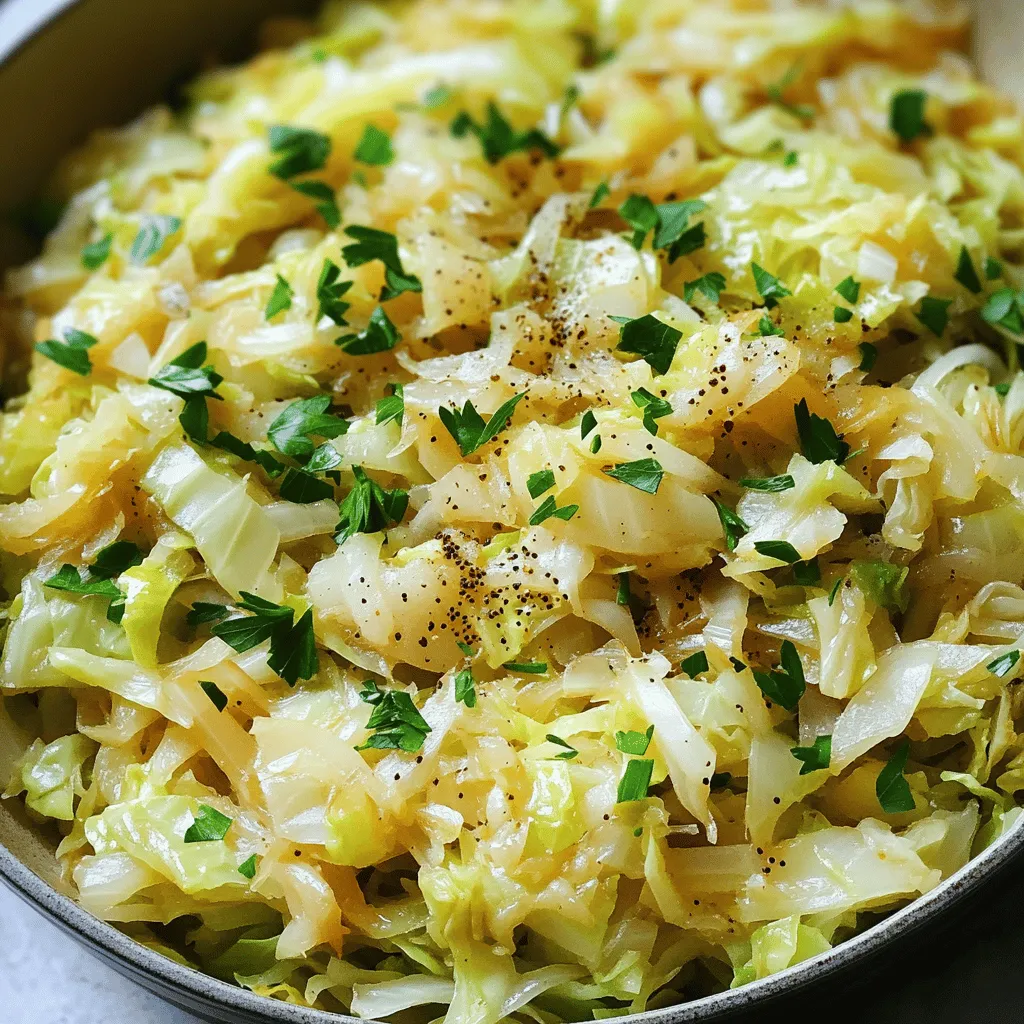 Here is what you need for the easy sautéed cabbage: - 1 small head of green cabbage, shredded - 1 tablespoon olive oil - 1 tablespoon unsalted butter - 1 large onion, thinly sliced - 2 cloves garlic, minced - 1 teaspoon caraway seeds (optional for extra flavor) - Salt and pepper to taste - 1 tablespoon apple cider vinegar This recipe serves 4 people. Using fresh ingredients makes a big difference in taste. The cabbage is crunchy and sweet, while the onion adds a nice depth. Don't skip the garlic; it brings a warm flavor. If you want to try something special, the caraway seeds can add a nice twist. When you combine all these ingredients, you have a quick and tasty meal. You can use this dish as a side or even a main course. For the full recipe, check the earlier section. Start by heating 1 tablespoon of olive oil and 1 tablespoon of butter in a large skillet. Use medium heat to melt the butter. This heat level helps the food cook evenly without burning. You want the butter to bubble but not smoke. This step sets the stage for great flavor. Next, add the thinly sliced onion to the skillet. Cook it for about 5 minutes. You want the onion to turn translucent. This change shows it’s ready for the next step. The sweet smell of cooked onions fills the kitchen, making it hard to resist. After the onions are soft, stir in 2 minced cloves of garlic and optional caraway seeds. Cook this mixture for another minute. Adding garlic now gives the best flavor. Then, toss in the shredded cabbage. Mix it well with the onions and garlic. This blend is where the magic happens. Cover the skillet to trap the heat. Cook the cabbage for about 10-12 minutes. Stir occasionally to prevent sticking. The cabbage will shrink in size as it cooks. You want it soft but not mushy. The cover helps steam the cabbage, making it tender. Once the cabbage is soft, remove the lid. Drizzle in 1 tablespoon of apple cider vinegar. Stir for an additional 2-3 minutes. This step helps remove extra moisture. Taste the dish and adjust the salt and pepper if you need to. This final touch brings all the flavors together. For the full recipe, check out the [Full Recipe]. To make your sautéed cabbage shine, use simple spices and herbs. Salt and pepper are key. You can also add: - Caraway seeds for a warm flavor - Red pepper flakes for a little heat - Thyme or dill for a fresh taste These spices enhance the natural flavors. You can play with the amounts to find what you love. A splash of apple cider vinegar adds brightness. Stirring the cabbage helps it cook evenly. Make sure to stir every few minutes. If you want crispy cabbage, cook it uncovered. For a tender texture, keep it covered. Cooking times will vary: - For crispy, aim for 5-8 minutes. - For tender, let it cook for 10-12 minutes. Adjust the heat if it browns too fast. To serve your sautéed cabbage, use a large bowl or platter. This makes it look inviting. Add fresh herbs like parsley or chives on top. They add color and freshness. You can also serve it with roasted meats or grains. This makes a full meal. For the full recipe, check the details in the main article. {{image_2}} You can add proteins like bacon or sausage to your sautéed cabbage. Just chop them up and cook them first in the skillet. This adds a smoky flavor that pairs nicely with the cabbage. You can also use vegetable or chicken broth instead of water when cooking. This choice gives a richer flavor and helps the cabbage stay moist. Try using different vinegars to change the taste. Balsamic or red wine vinegar can add a sweet or tangy kick. You can also mix in other vegetables. Carrots bring sweetness, and bell peppers add crunch and color. This makes your dish more exciting and nutritious. For an Asian twist, add soy sauce to your sautéed cabbage. It gives a savory depth that works well with the cabbage's natural taste. If you want a Mediterranean touch, mix in olives and feta cheese. These ingredients create a fresh and salty flavor that transforms the dish. You can explore these variations to make your Easy Sautéed Cabbage even more delightful. For the full recipe, check out the Easy Sautéed Cabbage section above. To store leftover sautéed cabbage, place it in an airtight container. This keeps it fresh and prevents odors. Leftover sautéed cabbage lasts about 3 to 5 days in the fridge. If you notice any moisture buildup, be sure to dry it off before sealing. When reheating sautéed cabbage, use the stovetop or microwave. For stovetop, add a splash of water or broth to keep it moist. Stir it often over low heat until warmed through. In the microwave, cover the dish with a lid or wrap to trap steam. Heat in short bursts of 30 seconds, stirring in between, to prevent overcooking. This helps keep the texture and flavor intact. Yes, you can freeze sautéed cabbage. To freeze, let it cool completely. Then, transfer it to a freezer-safe bag or container. Remove as much air as possible to avoid freezer burn. It can be stored for up to 3 months. To thaw, place it in the fridge overnight. You can also reheat it directly from frozen, adding a little water to help it steam. Sautéing cabbage takes about 25 minutes total. You need 10 minutes to prep and 15 minutes to cook. Start by heating your oil and butter, then sauté the onions, add garlic, and finally toss in the cabbage. Yes, you can use different types of cabbage. Green cabbage is the most common, but red and savoy cabbage also work well. Red cabbage adds a beautiful color and a slightly sweet taste. Savoy cabbage has crinkly leaves and a tender texture. Sautéed cabbage pairs nicely with many dishes. You can serve it alongside grilled meats like chicken or pork. It also goes well with rice or quinoa for a hearty meal. Try adding it to a sandwich or wrap for extra crunch. Yes, sautéed cabbage is very healthy. Cabbage is low in calories and high in fiber. It is full of vitamins C and K, which are great for your health. To keep it healthy, use less oil and butter. You can also skip the added sugar or salt. For the full recipe, visit the Easy Sautéed Cabbage section. This post shared a simple recipe for sautéed cabbage, complete with key ingredients and step-by-step instructions. It also offered tips for seasoning, cooking, and storage, along with variations to try. Sautéed cabbage is not just tasty but also versatile. You can change flavors and add proteins or veggies. Whether you make it plain or dress it up, this dish is a hit. Enjoy cooking and experimenting with your own variations!