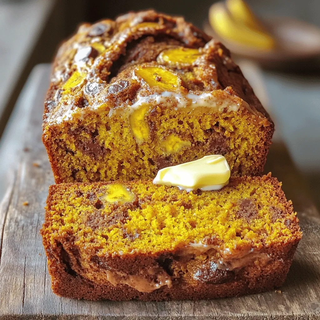 To make the perfect pumpkin banana bread, you will need: - 1 cup ripe bananas (about 2-3 bananas), mashed - 1 cup canned pumpkin puree - 1/2 cup vegetable oil - 1 cup brown sugar - 1/2 cup granulated sugar - 3 large eggs - 1 teaspoon vanilla extract - 2 cups all-purpose flour - 1 teaspoon baking soda - 1/2 teaspoon baking powder - 1/2 teaspoon salt - 1 teaspoon ground cinnamon - 1/2 teaspoon ground nutmeg - 1/4 teaspoon ground ginger You can make your bread even better with these optional add-ins: - 1/2 cup chopped walnuts or pecans - 1/2 cup chocolate chips If you need to swap out some items, try these ideas: - Use coconut oil instead of vegetable oil for a subtle flavor. - Substitute applesauce for half the oil to cut calories. - For a gluten-free option, replace all-purpose flour with a gluten-free blend. - Replace eggs with flaxseed meal mixed with water for a vegan version. These options help you customize your pumpkin banana bread to your taste or needs. You can find the full recipe above to guide you through the process! First, gather all your ingredients. You will need ripe bananas, pumpkin puree, oils, sugars, eggs, and spices. Start by preheating your oven to 350°F (175°C). Next, grease a 9x5-inch loaf pan or line it with parchment paper. This step helps with easy removal later. In a large bowl, combine the mashed bananas and pumpkin puree. Mix until smooth. Then, add the vegetable oil, brown sugar, granulated sugar, eggs, and vanilla extract. Whisk until the mixture is creamy and well combined. In another bowl, sift together the flour, baking soda, baking powder, salt, and spices. This step adds air and helps the bread rise. Gradually mix the dry ingredients into the wet mixture. Stir gently until just combined. Remember, a few lumps are okay! If you want, fold in the chopped walnuts or chocolate chips at this point. Pour the batter into your loaf pan and spread it evenly. Bake the bread in the oven for 60-70 minutes. To check doneness, insert a toothpick into the center. It should come out clean. Once your pumpkin banana bread is baked, remove it from the oven. Let it cool in the pan for 10 minutes. Then, transfer it to a wire rack to cool completely. This step is key to avoiding soggy bread. When ready to serve, slice the bread and enjoy it warm. A pat of butter on top adds a nice touch. For a special presentation, sprinkle a little cinnamon or add banana or pumpkin seeds on top! For the full recipe, be sure to check out the ingredients and steps to make this delightful bread. Mixing is key to great pumpkin banana bread. Begin with ripe bananas. They should be soft and sweet. Mash them well to avoid lumps. Combine them with the pumpkin puree until smooth. This helps create a moist texture. When adding dry ingredients, do it slowly. Stir gently until just combined. Overmixing can lead to dense bread. A few lumps are okay. Your batter should look thick but not overloaded. To check if your bread is done, use a toothpick. Stick it into the center of the loaf. If it comes out clean, your bread is ready. If it has batter on it, bake a bit longer. Keep an eye on the edges. They should look golden brown. The bread will also spring back when lightly pressed. Spices add warmth and depth to your pumpkin banana bread. Ground cinnamon is a must for that cozy taste. Nutmeg adds a nice zing, while ginger gives it a kick. You can also experiment with cloves or allspice. If you want a sweeter touch, add a little vanilla extract. Each spice brings out the flavors of pumpkin and banana. For a twist, try adding a pinch of cardamom. It’s fragrant and delightful. For the full recipe, check out the detailed instructions above. {{image_2}} You can make this bread gluten-free with simple swaps. Use gluten-free all-purpose flour instead of regular flour. Check the label to ensure it has a binding agent, like xanthan gum. This will help give the bread a nice texture. The taste remains just as good! To make this recipe vegan, replace the eggs with flax eggs. Mix one tablespoon of ground flaxseed with three tablespoons of water for each egg. Let it sit for five minutes to thicken. Use a plant-based oil, like coconut oil, instead of vegetable oil. You can also replace the brown sugar with coconut sugar for a great taste. Mix-ins can really enhance the taste. Try adding 1/2 cup of chopped nuts like walnuts or pecans. They add a nice crunch. For a sweeter touch, toss in some chocolate chips. You can even add dried fruits, like raisins or cranberries, for a fruity twist. Choose what you love and enjoy the flavors! For the complete recipe, check out the Full Recipe section. To keep your pumpkin banana bread fresh, wrap it well. Use plastic wrap or foil. Store it at room temperature for up to three days. If you want it to last longer, place it in the fridge. This will keep it good for about a week. Remember to let it cool completely before wrapping. This stops moisture build-up, which can make it soggy. Freezing is a great way to save your bread for later. First, slice the bread. Wrap each slice tightly in plastic wrap. Then place the slices in a freezer bag or airtight container. This helps stop freezer burn. You can freeze it for up to three months. When you’re ready to enjoy it, just take out a slice and let it thaw at room temperature. To enjoy your pumpkin banana bread warm, you have a few options. You can use a toaster or an oven. For the oven, preheat it to 350°F (175°C). Place the slice on a baking sheet and heat for about 10 minutes. If you prefer the toaster, toast it on low until warm. You can also use the microwave. Heat it for about 15-20 seconds. This makes it nice and cozy, perfect for enjoying with a cup of tea or coffee. Yes, you can use fresh pumpkin. First, cook the pumpkin until soft. Then, mash it well. Use about one cup of fresh puree for the recipe. This gives a tasty, natural flavor. It can also add some moisture to your bread. Pumpkin banana bread lasts about 4 to 5 days at room temperature. Store it in an airtight container. It can stay fresh even longer in the fridge, up to a week. If you want to keep it for months, freeze it. Just wrap it well in plastic wrap. If your bread is too dry, try adding a bit of milk or oil. You can also add some mashed bananas or pumpkin puree to the batter. This will help to make it moist. Always check the baking time, as overbaking can also dry it out. For the best results, follow the Full Recipe. You now know the key ingredients, steps, and tips for making pumpkin banana bread. Remember, you can customize it with flavor add-ins or make it gluten-free or vegan. Store leftovers properly to enjoy your bread later. If you have any questions, the FAQs cover common concerns. Baking can be fun and easy. Experiment with spices and variations to find your perfect recipe. Enjoy your delightful treats and share them with loved ones!