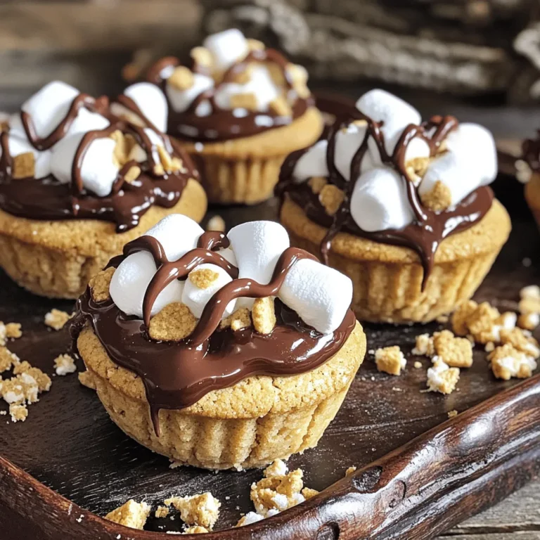 To make S’mores Cookie Cups, you need some key items. Here’s what to gather: - 1 cup unsalted butter, softened - 1 cup granulated sugar - 1 cup brown sugar, packed - 2 large eggs - 2 teaspoons vanilla extract - ½ teaspoon salt - 2 ½ cups all-purpose flour - 1 teaspoon baking soda - 1 cup chocolate chips (milk or dark) - 1 cup mini marshmallows - 1 sleeve graham crackers, crushed These ingredients give the cookie cups their sweet flavor and soft texture. The butter and sugars create a rich base, while the chocolate chips and marshmallows add sweetness. The graham crackers bring that classic s’mores taste. If you want to switch things up, try these alternate ingredients. You can use: - Coconut oil instead of butter - Brown sugar for granulated sugar - Egg substitutes like applesauce or flaxseed meal - Vanilla bean paste instead of extract - Whole wheat flour for a nuttier flavor These swaps can change the taste and texture of your cookie cups. They still keep the essence of s’mores, while offering new flavors. Sometimes, you may not have all the ingredients. Here are some easy substitutions: - Use margarine instead of butter. - Swap out chocolate chips for peanut butter chips. - Choose mini chocolate bars if you don’t have chips. - Crushed cookies can work in place of graham crackers. These simple changes will keep your S’mores Cookie Cups delicious. You can still enjoy that gooey, sweet treat even if you’re missing an item or two. For the full recipe, refer to the earlier sections. Start by gathering your tools. You will need a muffin tin, mixing bowls, and a whisk. Grease the muffin tin or line it with paper liners. This step helps the cookie cups release easily. Next, preheat your oven to 350°F (175°C). This ensures even baking for your treats. In a large mixing bowl, cream together the softened butter, granulated sugar, and brown sugar. Mix until it becomes light and fluffy. This step is key for a soft cookie. Add in the eggs one at a time, mixing well after each addition. Stir in the vanilla extract and salt for extra flavor. In another bowl, whisk together the flour and baking soda. Gradually add this dry mix to the wet ingredients. Stir until just combined to avoid tough cookies. Finally, fold in the chocolate chips and crushed graham crackers evenly throughout the dough. Using a tablespoon, scoop some dough into each muffin cup. Press it down to form a cup shape. Bake in the preheated oven for 10-12 minutes. Look for lightly golden edges as a sign they are ready. Once baked, remove the muffin tin from the oven. While the cookie cups are still hot, add a few mini marshmallows on top of each one. Return the tin to the oven for 2-3 minutes. Watch as the marshmallows puff and turn lightly golden. Let the cookie cups cool in the muffin tin for about 10 minutes. Then, transfer them to a cooling rack. This cooling step helps them firm up. Enjoy the rich flavor in every bite of your S’mores Cookie Cups! For the full recipe, check the earlier section. To get the best texture, use softened butter. This helps create a light and fluffy dough. Cream it well with the sugars until it looks pale. Make sure you mix the flour in slowly. If you overmix, your cookie cups can turn tough. A gentle fold is best when adding chocolate chips and graham crackers. Watch the baking time closely. The cookie cups should be golden at the edges but soft in the middle. If you bake them too long, they can dry out. Always check with a toothpick; it should come out with a few moist crumbs. Also, remember to let them cool a bit before adding marshmallows. Hot cookie cups will melt the marshmallows perfectly without burning them. For a stunning presentation, use a nice platter. Drizzle melted chocolate on top of the cookie cups. Sprinkle some crushed graham crackers for a touch of crunch. You can also add a few whole marshmallows on top for extra flair. Serve them warm for a gooey, delightful treat. If you'd like to see the full process, refer to the Full Recipe. {{image_2}} You can switch up the chocolate in these cookie cups. While I love using chocolate chips, you can use chocolate bars. Simply chop them into small pieces and mix them in. Dark chocolate adds a rich taste. Milk chocolate brings a creamy sweetness. If you're feeling adventurous, try using white chocolate for a different twist. Want to customize your S’mores Cookie Cups? Top them with more than just marshmallows. You can add peanut butter chips or a sprinkle of sea salt for a sweet and salty combo. Try drizzling melted caramel on top for extra sweetness. You can even add a few nuts for crunch. The options are endless! If you need gluten-free cookie cups, swap the all-purpose flour for a gluten-free blend. Be sure to check the blend for baking powder, as some do not include it. For a vegan version, use vegan butter and flax eggs instead of regular eggs. You can find flax eggs by mixing 1 tablespoon of flaxseed meal with 2.5 tablespoons of water. Let it sit until it thickens. These swaps keep the flavor intact while meeting dietary needs. Check out the Full Recipe to see how these variations can make your S’mores Cookie Cups even more exciting! To keep your S’mores Cookie Cups fresh, store them in an airtight container. Place a layer of parchment paper between the layers to prevent sticking. Store at room temperature for up to three days. If you want to keep them longer, refrigeration works too. Just remember, cold cookie cups may lose some of their softness. You can freeze these cookie cups easily. First, let them cool completely. Then, place them in a single layer on a baking sheet. Freeze them for about an hour. Once frozen, transfer them to a freezer-safe bag or container. They can last up to three months in the freezer. When ready to enjoy, just thaw them at room temperature or warm them in the oven for a few minutes. When you serve your S’mores Cookie Cups after storage, warm them up slightly. This brings back their gooey texture. You can microwave them for about 10 to 15 seconds. Alternatively, place them in a preheated oven at 350°F (175°C) for about five minutes. Adding fresh mini marshmallows on top just before serving can elevate the taste. For an even richer experience, drizzle melted chocolate on top. Enjoy each bite of your delicious creation! Yes, you can make S’mores Cookie Cups ahead of time. Prepare the cookie dough and shape it into cups. Then, store them in an airtight container. You can store them in the fridge for up to three days. When you’re ready to enjoy, add the marshmallows and bake them fresh. This method keeps the cookie cups tasty and soft. If you don’t have graham crackers, you can use vanilla wafers or digestive biscuits. Both options add a sweet and crunchy base. You can also try crushed pretzels for a salty twist. Just blend them with a little sugar to mimic the graham flavor. This allows you to enjoy S’mores Cookie Cups even if you lack the classic ingredient. To prevent the marshmallows from burning, watch them closely while baking. Add the marshmallows towards the end of the baking time. Bake them just until they puff up and turn golden. You can also cover them lightly with foil if they start to brown too quickly. This keeps your S’mores Cookie Cups perfect and gooey without any burnt bits. S’mores cookie cups are fun and easy to make. We covered essential ingredients and tasty substitutes. Follow the step-by-step guide to mix, bake, and toast. I shared tips for perfect texture and ways to avoid mistakes. You can explore various chocolate options and even go gluten-free or vegan. Store your cookie cups properly to keep them fresh. With these insights, you can enjoy making and sharing s’mores cookie cups anytime. Now, gather your ingredients and start baking!
