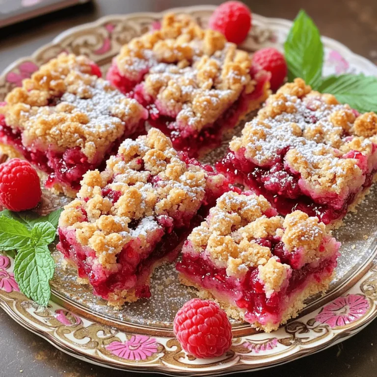 To make delicious raspberry crumble bars, you need simple ingredients. This recipe is easy and quick. You will enjoy the sweet and tart flavors together. Here is what you will need: - 1 cup all-purpose flour - 1 cup rolled oats - 1/2 cup brown sugar - 1/2 teaspoon baking powder - 1/4 teaspoon salt - 1/2 cup unsalted butter, melted - 1 cup fresh raspberries (or frozen, thawed) - 2 tablespoons honey or maple syrup - 1 tablespoon lemon juice - 1 teaspoon vanilla extract - 1/2 teaspoon cinnamon (optional) These ingredients work well together. The flour and oats give a nice base. The butter makes it rich. The raspberries add that sweet-tart taste we love. You can swap some ingredients if needed. Use whole wheat flour for a healthier option. For a nutty flavor, try almond flour. If you want gluten-free bars, use gluten-free oats and flour. You can also use agave syrup instead of honey or maple syrup. These swaps keep the recipe tasty while fitting your needs. Enjoy making your raspberry crumble bars! Start by preheating your oven to 350°F (175°C). This step is key to getting those bars perfectly baked. While the oven heats, take an 8x8 inch baking pan and grease it or line it with parchment paper. This will help you remove the bars later without a mess. In a medium bowl, mix together the dry ingredients. You will need 1 cup of all-purpose flour, 1 cup of rolled oats, 1/2 cup of brown sugar, 1/2 teaspoon of baking powder, and 1/4 teaspoon of salt. Stir them well until combined. Next, pour in 1/2 cup of melted unsalted butter. Stir until it looks like coarse crumbs. Save about 1/2 cup of this mixture for the topping. Then, press the rest evenly into the bottom of your prepared pan. This is your base layer. In another bowl, combine 1 cup of fresh raspberries with 2 tablespoons of honey (or maple syrup), 1 tablespoon of lemon juice, and 1 teaspoon of vanilla extract. If you like, add 1/2 teaspoon of cinnamon for a nice touch. Gently mix these ingredients. Be careful not to crush the raspberries too much. You want some whole pieces in your filling for texture. Spread the raspberry mixture evenly over the crust in the pan. Then, take the reserved crumb mixture and sprinkle it on top of the raspberries. Make sure to distribute it evenly for the best results. Now, place the pan in the oven and bake for 30-35 minutes. You want the top to turn golden brown. After baking, let the bars cool in the pan for at least 10 minutes. Then, use the parchment paper to lift them out. Allow them to cool completely on a wire rack before slicing into squares. Enjoy making your Raspberry Crumble Bars! For the full recipe, check out the detailed ingredients and instructions above. To make the perfect crust, use cold butter. This helps create a flaky texture. Mix the ingredients until you see coarse crumbs. Don’t overmix; you want some chunks for crunch. Press the mixture firmly but gently into the pan. This ensures it holds together well. Keep an eye on the baking time. Ovens vary, so check around 30 minutes. Look for a golden top; that’s your sign! Let the bars cool in the pan. This helps them set up and makes slicing easier. For even slices, use a sharp knife. Serve the Raspberry Crumble Bars warm or at room temperature. They taste great plain, but a scoop of ice cream makes them extra special. Garnish with fresh raspberries or mint leaves for color. A dusting of powdered sugar adds a nice touch, too. You can find the full recipe and more tips to impress your guests. {{image_2}} You can switch raspberries for other fruits. Blueberries, strawberries, or peaches work well. Use ripe fruits to keep the bars moist and tasty. Just remember to adjust the sugar if your fruit is sweeter. For example, fresh peaches may need less honey or syrup. Experiment with your favorite fruits to find the perfect match! Want a gluten-free version? You can easily swap the flour. Use almond flour or a gluten-free flour blend instead. Keep the rest of the recipe the same. This change keeps the bars delicious and safe for those with gluten issues. You might notice a slightly different texture, but the taste will still shine. Add a twist to your Raspberry Crumble Bars with flavors. Try adding lemon zest for a fresh kick. You can also mix in a pinch of nutmeg or ginger for warmth. For a richer taste, add some chopped nuts like almonds or pecans. Feel free to get creative and make these bars your own! To keep your Raspberry Crumble Bars fresh, store them in an airtight container. Line the container with parchment paper for extra protection. Place a layer of bars in the container, then add another piece of parchment before stacking more bars. This method prevents sticking and keeps them intact. You can freeze these bars for later enjoyment. First, let the bars cool completely. Then, slice them into squares. Wrap each square in plastic wrap tightly. Place the wrapped bars in a freezer bag or container. They can last up to three months in the freezer. When you want to eat them, thaw them in the fridge overnight. When stored properly, Raspberry Crumble Bars can last for about one week at room temperature. If you refrigerate them, they can last up to two weeks. Keep an eye on your bars for signs of spoilage, like mold or an off smell. Enjoy them while they are fresh for the best taste! You can tell when your Raspberry Crumble Bars are done by looking at the top. It should be golden brown. You can also check the edges; they should pull away from the pan slightly. A toothpick inserted in the center should come out clean or with just a few crumbs. Yes, you can use frozen raspberries! Just make sure to thaw them first. Drain any excess juice to avoid soggy bars. This way, you still get that great raspberry taste, even when fresh ones are not available. To slice the bars neatly, let them cool completely. Use a sharp knife and cut straight down. You can also warm the knife under hot water. This helps the knife glide through the bars without crumbling. To make Raspberry Crumble Bars vegan, you can swap the butter for coconut oil or a vegan butter substitute. You can also replace honey with maple syrup. This keeps the bars tasty and friendly for those on a vegan diet. To make the bars less sweet, simply reduce the amount of brown sugar. You can cut it by a quarter or even half. You can also add more lemon juice to balance the flavors. This gives you a tasty treat without too much sweetness. For the complete guide on how to make these bars, check out the Full Recipe. We covered everything you need for delicious Raspberry Crumble Bars. You learned about the right ingredients and how to make the crust. The step-by-step instructions make the process clear. Plus, I shared tips for perfecting your bars and storage advice. You can even try different fruits and make gluten-free options. These bars are easy to customize, and they taste amazing. Enjoy making them your way!