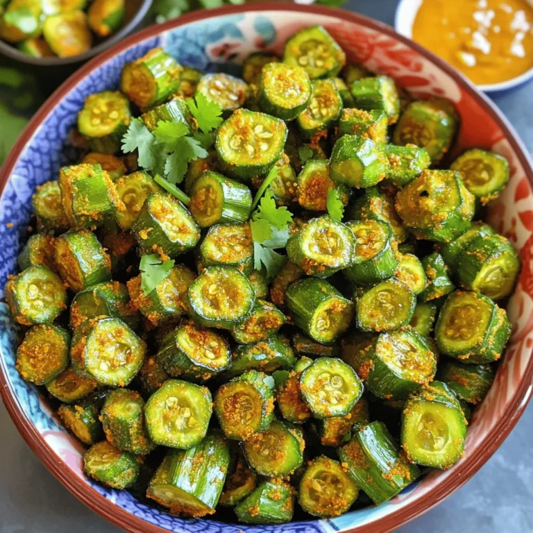 - 250g fresh okra (bhindi), washed and dried - 3 tablespoons chickpea flour (besan) - 1 teaspoon rice flour (for extra crispiness) - 1 teaspoon red chili powder - 1/2 teaspoon turmeric powder - 1 teaspoon cumin powder - Salt, to taste - 2 tablespoons oil (for shallow frying) - Fresh coriander leaves, chopped (for garnish) Choosing fresh okra: Look for firm, bright green pods. Avoid any that are too soft or blemished. Fresh okra ensures the best taste and texture. Alternative flours for crispiness: You can mix other flours like cornmeal or all-purpose flour for a different crunch. Experimenting helps you find your perfect blend. Adjusting spices for flavor balance: You can change the spice levels. Add more chili for heat or reduce it for milder taste. Always taste as you go to find your sweet spot. When you gather these ingredients, you set the stage for a delicious crispy bhindi okra fry. Each ingredient plays a role in making this dish simple yet full of flavor. For the full recipe, check out the details above. Enjoy your cooking! - Wash the okra well. Use cold water to remove any dirt. - Dry the okra completely with a kitchen towel. This step helps keep the fry crispy. - Trim the ends of the okra using a sharp knife. - Cut the okra into 1-inch pieces. Place them in a mixing bowl. - In another bowl, mix chickpea flour, rice flour, red chili powder, turmeric powder, cumin powder, and salt. This spice mix adds flavor. - Sprinkle the spice mix over the chopped okra. Toss gently until each piece is coated. - Heat oil in a frying pan over medium-high heat. Ensure the oil is hot before adding okra. - Carefully add the coated okra in batches. Do not overcrowd the pan. Fry until golden brown, about 3-4 minutes per side. - Use a slotted spoon to remove the fried okra. Drain them on a paper towel to remove excess oil. - Continue to fry the remaining okra until all are crispy and golden brown. For the full recipe, follow each step closely to enjoy this simple and flavorful delight! To get crispy bhindi okra fry, start with moisture-free okra. Wet okra turns soggy, so dry it well. I always pat it with a towel after washing. This makes a big difference. Next, use rice flour. It coats the okra and adds extra crunch. I mix it with chickpea flour for the best result. When serving, use a colorful bowl. It makes the dish pop! I love pairing this fry with tangy tamarind chutney. The dip brings out the flavors nicely. You can also serve it with yogurt or a spicy salsa. Fresh coriander on top adds a nice touch, too. Heat is key! Use medium-high heat for frying. This helps the okra fry quickly and evenly. I like to fry in small batches. This prevents overcrowding and ensures crispiness. If you have leftovers, store them in an airtight container. They stay best in the fridge. To reheat, use an oven or air fryer. This keeps them crispy. For the full recipe, check out the details above. {{image_2}} You can easily change the flavor of crispy bhindi okra fry by adding different spices. Try using garam masala for a warm touch. You can also mix in some chaat masala for a tangy kick. Adding herbs like fresh mint or curry leaves can make the dish even more vibrant. Just remember to adjust the amounts to match your taste. If you want a healthier version, consider oven-baking instead of frying. Preheat your oven to 400°F (200°C). Spread the coated okra on a baking sheet. Bake for about 20-25 minutes, turning halfway through. This method uses less oil, making it a lighter option. You can also use an air fryer for a crispy result with even less oil. Crispy bhindi fry has many global versions. The Indian-style bhindi fry stays true to the spices and flavors of the region. You can also find southern US-style fried okra, which often features cornmeal for a crunchy texture. Each style highlights okra's versatility and unique taste. For more details and a complete recipe, check the [Full Recipe]. To keep your crispy bhindi okra fry fresh, use airtight containers. Glass or plastic containers work well. Place leftovers in the fridge within two hours of cooking. They can last up to three days. Always label your container with the date. This helps you track freshness. When reheating, the oven is your best friend. Preheat it to 350°F (175°C). Spread the okra on a baking sheet. Heat them for about 10 minutes. This keeps them crispy. If using a microwave, place the okra on a plate. Heat in short bursts of 30 seconds. Check often to avoid sogginess. You can freeze uncooked okra for later use. Wash and dry the okra, then cut it. Spread the pieces on a baking sheet. Freeze them for about an hour. Once frozen, store them in a freezer bag. To cook, thaw the okra in the fridge overnight. Then coat and fry as usual. To make crispy bhindi okra fry, start by drying the okra well. Moisture makes it soggy. Cut the okra into 1-inch pieces. Coat them with a mix of chickpea flour and rice flour. Rice flour adds extra crispiness. Heat oil until hot before frying. Fry in small batches to keep them crispy. Yes, you can use frozen okra. However, you should thaw it first. Drain the water and pat it dry. Frozen okra has more moisture, so drying is crucial. Use the same spice mix and frying steps as fresh okra. Crispy bhindi okra fry pairs well with many dishes. Serve it with rice or flatbreads. You can also add a side of yogurt or a tangy chutney. This adds flavor and balance. For a colorful plate, add a salad or pickles. In this post, we shared how to make crispy bhindi fry using fresh okra. You learned about the key ingredients and preparation steps for great flavor and texture. By following tips to achieve crispiness and variations for a unique twist, you can enjoy this dish in many ways. Finally, storing and reheating your leftovers keeps the crunch intact. Enjoy making and sharing this delicious treat with family and friends!