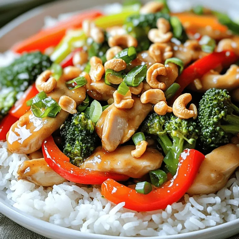 - 1 lb (450g) chicken breast, thinly sliced - 1 cup raw cashews - 1 red bell pepper, sliced - 1 green bell pepper, sliced - 1 small onion, sliced - 3 cloves garlic, minced - 1 tablespoon grated ginger - 1 cup broccoli florets You start with chicken breast, as it cooks fast and stays juicy. Cashews add a great crunch. Use fresh vegetables like bell peppers, onion, and broccoli for color and nutrition. They keep the dish light and vibrant. - 3 tablespoons soy sauce - 1 tablespoon oyster sauce (or mushroom sauce for a vegetarian option) - 1 tablespoon fish sauce (optional for extra depth) These sauces bring umami to the dish. Soy sauce adds saltiness, while oyster sauce gives sweetness. Fish sauce, though optional, deepens the flavor. You can skip it if you want a lighter dish. - 1 tablespoon cornstarch - 2 tablespoons vegetable oil - 2 teaspoons sesame oil Cornstarch is your thickener. It helps the sauce cling to the chicken and veggies. Vegetable oil is perfect for high heat, while sesame oil adds a nutty flavor at the end. For the full recipe, check out the details above. 1. Prepare the cornstarch mixture. In a small bowl, mix 1 tablespoon of cornstarch with 1 tablespoon of water. This thickens the sauce later. 2. Slice the chicken and vegetables. Cut 1 pound of chicken breast into thin strips. Slice 1 red bell pepper, 1 green bell pepper, and 1 small onion. Mince 3 cloves of garlic and grate 1 tablespoon of ginger. This helps in quick cooking and even flavor. 1. Toast the cashews. Heat 1 tablespoon of vegetable oil in a large skillet or wok over medium-high heat. Add 1 cup of raw cashews and toast them for 2-3 minutes until they turn golden. Remove them and set aside. 2. Stir-fry the chicken and vegetables. In the same skillet, add another tablespoon of vegetable oil. Once hot, add the sliced chicken with a pinch of salt and pepper. Cook for 5-7 minutes until the chicken is done. Take it out and set aside. 3. In the skillet, add the sliced onion, minced garlic, and grated ginger. Stir-fry for about 1 minute until fragrant. Then, add 1 cup of broccoli florets and the sliced bell peppers. Stir-fry for another 3-4 minutes until the veggies are crisp-tender. 1. Add the cooked chicken back to the skillet. Pour in 3 tablespoons of soy sauce, 1 tablespoon of oyster sauce, and 1 tablespoon of fish sauce if you want extra depth. Add 2 teaspoons of sesame oil too. Stir everything well for about 2 minutes. 2. Now, slowly pour in the cornstarch mixture while stirring. Cook for another minute until the sauce thickens and coats the chicken and veggies nicely. 3. Finally, sprinkle the toasted cashews over the stir fry. Toss everything together before removing it from heat. When you serve this dish, make sure to enjoy it over fluffy jasmine rice for the best taste! For the complete step-by-step guide, check out the Full Recipe. To make a great stir fry, start by adjusting flavors to suit your taste. Taste the sauce before adding it to the pan. If you want it sweeter, add more soy sauce or a bit of sugar. For more heat, try adding some chili flakes. Cooking times matter for crisp-tender vegetables. Stir-fry broccoli for about three to four minutes. This keeps it bright and crunchy. Always add the softer vegetables, like bell peppers, later. This way, they stay tasty. For the best results, use a non-stick skillet or a wok. These pans heat evenly and let food slide easily. If you want a great sear, use a heavy cast iron skillet. High heat is key for stir frying. It cooks food fast and keeps flavors locked in. Make sure to preheat your pan before adding oil. This helps achieve that perfect crisp. Garnish your dish for a visual treat. Top with extra cashews for crunch. A sprinkle of green onions adds color and freshness. Serve your stir fry over fluffy jasmine rice. The rice soaks up the tasty sauce. This makes each bite better. Enjoy a colorful dish that looks as good as it tastes. For the complete recipe, check out the [Full Recipe]. {{image_2}} You can make Thai Cashew Chicken Stir Fry vegetarian or vegan. To do this, replace the chicken with tofu or tempeh. Use mushroom sauce instead of oyster sauce. This keeps all the flavor without meat. For a gluten-free version, swap soy sauce with tamari. This simple change keeps the dish safe for those with gluten issues. Feel free to play with nuts and proteins. Instead of cashews, try peanuts or almonds. These nuts add a different taste. You can also use shrimp, beef, or pork if you prefer meat. For veggies, add snap peas, carrots, or zucchini. These can change the stir fry’s look and taste. Want more heat? Add chili peppers like Thai bird's eye or serrano. Slice them thin and toss them in while cooking. This gives the dish a nice kick. If you want a milder flavor, skip the chili peppers. Use sweet bell peppers instead. They add color and taste without the heat. To keep your Thai Cashew Chicken Stir Fry fresh, store leftovers in the fridge. Use airtight containers to prevent air from drying out the food. If you have a lot left, divide it into smaller portions. This makes it easy to grab a quick meal later. When it's time to eat, you want to reheat without losing texture. The best method is using a skillet over medium heat. Stir often to warm it evenly. If you're in a hurry, the microwave works too. Heat in short bursts of 30 seconds, stirring in between, until hot throughout. If you want to freeze your stir fry, let it cool first. Use freezer-safe containers or bags. Press out as much air as you can to avoid freezer burn. For best taste, eat within three months. To reheat, thaw in the fridge overnight, then heat in a skillet or microwave. How to make Thai Cashew Chicken Stir Fry spicy? To add spice, include sliced fresh chili peppers. You can also add chili paste or sriracha. Start with a little, then increase to your taste. This will give your dish a nice kick. Can I make this dish ahead of time? Yes, you can prepare this dish ahead. Cook the chicken and veggies, then store them in the fridge. When ready to eat, just reheat and add the sauce. This saves time on busy nights. Caloric content per serving Each serving has about 400 calories. This can vary based on how much oil and sauce you use. It is a hearty meal that fills you up without being too heavy. Health benefits of the ingredients - Chicken breast is lean and a great protein source. - Cashews provide healthy fats and vitamins. - Broccoli is packed with fiber and vitamins C and K. - Bell peppers bring in antioxidants and add color. These ingredients work together to create a balanced dish. What to serve with Thai Cashew Chicken Stir Fry? Serve this dish over cooked jasmine rice. The rice soaks up the sauce well. You can also use quinoa or cauliflower rice for a low-carb option. Pairing options for a complete meal Try pairing this dish with a simple cucumber salad. The freshness of the salad balances the rich flavors. You can also serve spring rolls on the side for a fun twist. For the full recipe, check out the details above. This blog post covered all the essentials for making a delicious Thai Cashew Chicken Stir Fry. We discussed the main ingredients, cooking methods, and tips to perfect your dish. You can adapt the recipe for dietary needs or different tastes. Remember to store leftovers properly for freshness. Enjoy the burst of flavors, and don't hesitate to get creative with ingredients. This meal can be simple, tasty, and healthy. With practice, you’ll impress everyone at the table. Happy cooking!