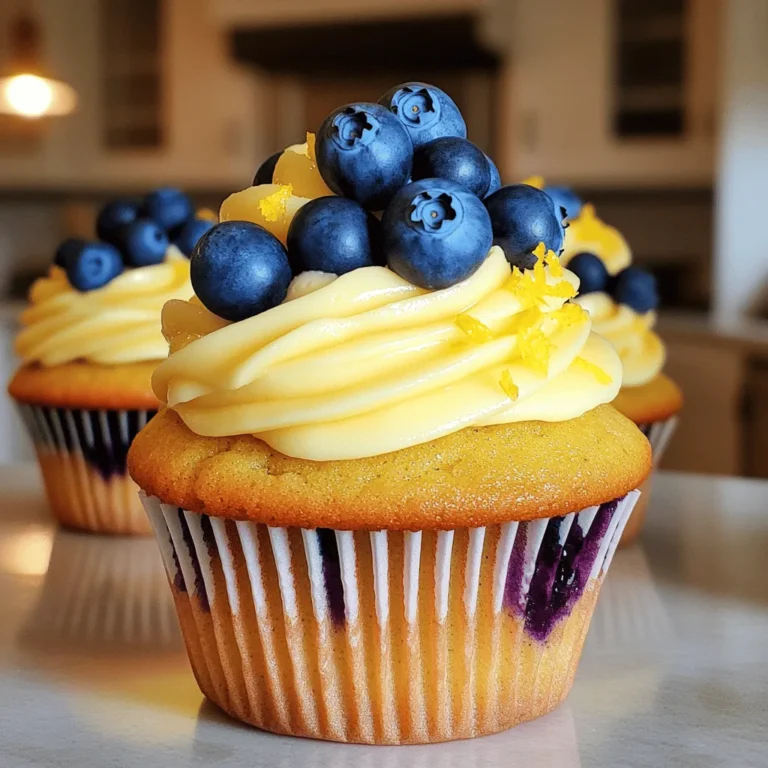 When making lemon blueberry cupcakes, you need a few key ingredients. Each one plays a big role in the taste and texture of the cupcakes. - 1 ½ cups all-purpose flour - 1 teaspoon baking powder - ½ teaspoon baking soda - ¼ teaspoon salt - ½ cup unsalted butter, softened - 1 cup granulated sugar - 2 large eggs - Zest of 1 lemon - 2 tablespoons fresh lemon juice - 1 teaspoon vanilla extract - ½ cup buttermilk - 1 cup fresh blueberries (plus extra for garnish) - 1 tablespoon flour (for dusting blueberries) These ingredients work together to create a light and fluffy cupcake. The flour gives structure, while the butter and sugar add richness. The eggs help bind everything, and the buttermilk ensures moisture. The lemon zest and juice bring a bright flavor, balancing the sweetness of the sugar. Blueberries add a juicy burst in every bite. Dusting the blueberries with flour helps them stay suspended in the batter and not sink to the bottom. For the full recipe, check out the details above! First, preheat your oven to 350°F (175°C). This step is key for even baking. Next, line your cupcake tray with paper liners. This makes it easy to remove the cupcakes later. In a medium bowl, whisk together the dry ingredients. Combine 1 ½ cups of flour, 1 teaspoon of baking powder, ½ teaspoon of baking soda, and ¼ teaspoon of salt. This mix gives the cupcakes their structure. In a large bowl, beat ½ cup of softened butter and 1 cup of granulated sugar. Use an electric mixer on medium speed. Mix until the mixture is light and fluffy, about 3-4 minutes. This step adds air and helps your cupcakes rise. Add 2 large eggs, one at a time. Make sure to beat well after each addition. Then, mix in the zest of 1 lemon, 2 tablespoons of lemon juice, and 1 teaspoon of vanilla extract. Adding flavors in this order helps them blend better. Gradually add the dry mix to the butter mix. Alternate with ½ cup of buttermilk. Start and end with the dry mix. Mix until just combined. Avoid overmixing, or your cupcakes may turn out tough. Take 1 cup of fresh blueberries and toss them with 1 tablespoon of flour. This coating helps keep them suspended in the batter. Gently fold the floured blueberries into the batter without over-mixing. Divide the batter among the cupcake liners, filling them about 2/3 full. Bake in the preheated oven for 18-20 minutes. Check if they are done by inserting a toothpick in the center. If it comes out clean, they are ready. Let the cupcakes cool in the pan for 5 minutes before moving them to a wire rack to cool completely. For the complete recipe, check the [Full Recipe]. - Ensure proper ingredient temperature: Always use room temperature butter and eggs. This helps the batter mix better and rise well. Cold ingredients can lead to dense cupcakes. - Avoid overmixing the batter: Mix just until you see no dry flour. Overmixing can make the cupcakes tough. Gently fold in the blueberries for the best texture. For these lemon blueberry cupcakes, I love using cream cheese frosting. It balances the sweet and tart flavors perfectly. Here are my top picks for frosting: - Classic cream cheese frosting: It’s rich and creamy, with a slight tang. - Lemon cream cheese frosting: Adding lemon zest brightens the flavor even more. - Blueberry cream cheese frosting: Blend in pureed blueberries for a fruity twist. Garnishing adds a lovely touch to your cupcakes. Here are some ideas to make them pop: - Top each cupcake with a fresh blueberry. It adds color and a burst of flavor. - Sprinkle lemon zest on top. It gives a nice visual and boosts the lemon taste. - Use edible flowers for a fancy look. They make your cupcakes feel special and elegant. For the full recipe, check out [Full Recipe]. {{image_2}} You can switch up the flavor of these cupcakes by using different berries. Try raspberries, strawberries, or blackberries. Each berry brings its own sweet taste. You can also add more citrus flavors. Lime or orange zest can brighten the cupcakes. Mix lemon and lime for a fun twist. This keeps your cupcakes fresh and exciting! If you need a gluten-free version, use almond flour or coconut flour. These flours add different tastes. You can also mix gluten-free all-purpose flour with a binder like xanthan gum. This helps the cupcakes hold their shape. Make sure to check the packaging for the right measurements. Gluten-free baking can be tricky, but it's worth the effort! To make these cupcakes vegan, replace eggs and butter. Use flaxseed meal mixed with water for eggs. Just mix one tablespoon of flaxseed with two and a half tablespoons of water. Let it sit for five minutes to thicken. For butter, try coconut oil or vegan butter. This keeps the cupcakes moist while being completely plant-based. Enjoy your vegan lemon blueberry delight! For the full recipe, check out my Zesty Lemon Blueberry Bliss Cupcakes. You can store lemon blueberry cupcakes at room temperature or in the fridge. For room temperature, keep them in an airtight container. This way, they stay soft and fresh. If your kitchen is warm, use the fridge. Just make sure to cover them well. Cold cupcakes can lose some flavor but will stay fresh longer. To keep your cupcakes moist and tasty, avoid exposing them to air. If you have leftover cupcakes, seal them tightly. You can also place a slice of bread in the container. This tip helps keep them soft! For added flavor, enjoy them within three days. If you want to save some for later, freezing is a great option. First, let the cupcakes cool completely. Then, wrap each one in plastic wrap. Place the wrapped cupcakes in a freezer bag. This method keeps them fresh for about three months. When you're ready to eat, thaw them in the fridge overnight. Enjoy them as if they were just baked! For the full recipe, check out the Full Recipe section. Yes, you can! Using frozen blueberries changes the texture and flavor a bit. Frozen blueberries might make your batter a little wetter. This can lead to a denser cupcake. To help with this, toss the frozen blueberries in a bit of flour before adding them to the batter. It will help them stay whole and not sink. If you don't have buttermilk, no problem! You can use regular milk mixed with a bit of lemon juice or vinegar. Just add one tablespoon of lemon juice or vinegar to a cup of milk. Let it sit for about five minutes. This will mimic buttermilk's tangy taste and help your cupcakes rise. You can tell the cupcakes are done by checking a few signs. First, look for a golden-brown color on top. Next, gently press the center with your finger; if it springs back, they are ready. Finally, insert a toothpick in the center. If it comes out clean or with a few crumbs, your cupcakes are baked perfectly. You now know the key ingredients for delicious cupcakes, like flour, blueberries, and zest. I shared step-by-step instructions to help you bake perfectly fluffy treats. You learned important tips and handy storage methods to keep them fresh. Feel free to explore flavor variations or adapt the recipe for different diets. Baking is fun, and these cupcakes are sure to please everyone! Enjoy the process and share your tasty results.