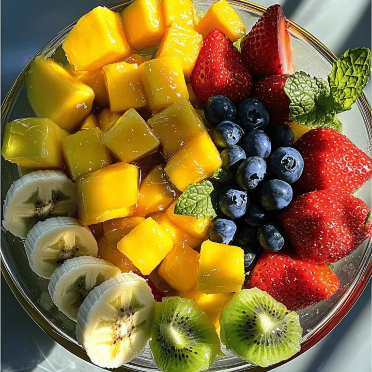 To make a tasty fruit salad, gather these fresh fruits: - 1 cup diced pineapple - 1 cup diced mango - 1 cup hulled and halved strawberries - 1 cup blueberries - 1 kiwifruit, peeled and diced - 1 banana, sliced These fruits add color and flavor. Pineapple brings a sweet and tangy taste. Mango adds a tropical twist. Strawberries are juicy and bright. Blueberries are small and packed with nutrients. Kiwifruit gives a lovely texture. Finally, banana adds creaminess. For a zesty and sweet dressing, use: - 2 tablespoons honey - 2 tablespoons lime juice - Zest of 1 lime - Fresh mint leaves for garnish The honey adds sweetness, while lime juice gives a refreshing kick. Lime zest enhances the flavor with its bright notes. Mint leaves add a lovely aroma and look great on top. This salad is not only tasty but healthy, too. - Calories per serving: about 120 - Macronutrient breakdown: - Carbohydrates: 30g - Protein: 1g - Fat: 0.5g The fruits are rich in vitamins, fiber, and antioxidants. Pineapple and mango boost your immune system. Strawberries help with heart health. Blueberries are good for your brain. Kiwifruit aids digestion, and bananas provide energy. Enjoy this salad for a healthy treat! Check out the Full Recipe for more details. To make the fruit salad, start by washing all the fruits. You want them clean and ready. Here’s how to dice and slice each fruit: - Pineapple: Cut off the top and bottom. Stand it up and slice off the skin. Cut the fruit into long strips, then dice into small pieces. - Mango: Stand the mango upright. Slice along the pit on both sides. Dice the flesh into cubes. - Strawberries: Remove the green tops. Slice the strawberries in half or quarters, depending on size. - Blueberries: These are easy! Just rinse and they’re ready to go. - Kiwifruit: Peel the kiwi with a knife. Cut it in half and then slice it into small pieces. - Banana: Simply peel and slice it into rounds. Make sure to keep each fruit in its own bowl until you mix them together. The dressing adds a nice zing! To make it, grab a small bowl. Here’s how to mix your honey lime dressing: 1. Add 2 tablespoons of honey to the bowl. 2. Squeeze in 2 tablespoons of lime juice. 3. Grate the zest of 1 lime and add it to the mix. Whisk everything together until it’s smooth and well combined. You can taste it to see if you need more honey or lime. Now, it’s time to bring everything together. Here are some tips on how to toss the fruit without mashing: - Gently add all the prepared fruits to a large mixing bowl. - Pour the honey lime dressing over the fruits. - Use a large spoon to carefully toss the fruit and dressing together. Start from the bottom, lifting the fruit up rather than stirring aggressively. Let the salad sit for about 10 minutes. This helps the flavors mix nicely. Transfer it to a serving bowl or cups for a pretty display. Don’t forget to add fresh mint leaves for garnish! For the full recipe, check out the details above. Enjoy your refreshing fruit salad! To make a great fruit salad, pick fresh, ripe fruits. I love using seasonal fruits because they taste the best. In summer, try peaches, berries, or watermelon. In fall, apples, pears, and grapes shine. Always wash your fruits well to remove dirt and pesticides. You can boost the taste of your fruit salad with spices or herbs. Try adding a pinch of cinnamon for warmth. A sprinkle of nutmeg can add depth. Fresh herbs, like basil or mint, can brighten the dish. Just a little can make a big difference. Make your fruit salad look stunning for gatherings. Use a clear bowl to show off the colors. You can also serve in individual cups for a nice touch. Garnish with mint leaves on top for a pop of green. This makes your salad not just tasty, but beautiful too. For more ideas, check out the Full Recipe! {{image_2}} You can make this fruit salad even more fun by adding tropical fruits. Consider using papaya, which adds a sweet touch. Coconut flakes also bring a nice crunch and flavor. Other great options include kiwi, passion fruit, or even dragon fruit. These fruits add vibrant colors and unique tastes to your salad. Mix and match your favorites for a delightful twist. If you want a vegan option, use agave syrup instead of honey. This keeps the sweetness without using any animal products. For a sugar-free dressing, try a sugar substitute like stevia. You can also skip the dressing altogether and use fresh lime juice alone. This makes it refreshing and light. To make your salad exciting, think about adding some crunch. Nuts like chopped almonds or walnuts work well. They add a nice texture and healthy fats. You can also sprinkle in some chia seeds or sunflower seeds. These are nutritious and give a satisfying crunch. Adding these elements can elevate your fruit salad. For the full recipe, see [Full Recipe]. To keep your fruit salad fresh longer, store it in an airtight container. This helps reduce air exposure, which can cause the fruit to brown. Place a piece of plastic wrap directly on the salad before sealing it. This creates another layer of protection. Always keep the salad in the fridge until you are ready to eat. Fresh fruit can last about three days in the fridge. Can you freeze fruit salad? Freezing fruit salad is not the best idea. Many fruits get mushy after thawing. If you want to freeze it, use fruits that hold up well, like pineapple or mango. However, you may lose some texture and flavor. It's best to enjoy your salad fresh! Can this salad be made ahead of time? Yes, you can make this salad a few hours in advance. Just remember to add the honey lime dressing right before serving. This keeps the fruit crisp and flavorful. If you prep it too early, the fruits may release juices and become soggy. Keeping the dressing separate helps maintain the salad's fresh taste. For the full recipe, check out the Tropical Bliss Fruit Salad! Fruit salad lasts about 2 to 3 days in the fridge. To keep it fresh, store it in an airtight container. This helps prevent browning, especially with bananas and apples. If you notice any fruit getting mushy, remove it right away. Yes, you can! Feel free to swap in your favorite fruits. Consider using apples, grapes, or peaches. Adjust the honey lime dressing to match the new fruits you choose. This makes your fruit salad unique and fun! You can serve this fruit salad with yogurt or granola for breakfast. It pairs well with grilled chicken or fish for lunch. For a snack, try it with whole-grain crackers. Enjoy it any time of day! This blog post covered how to create a fresh fruit salad with honey lime dressing. You learned which fruits to use and how to prepare them. I shared tips for enhancing flavor and serving beautifully. You also discovered variations and storage tips to keep your salad fresh. Remember, this salad is not only tasty but healthy. Enjoy making it at home and share it with others. The right mix of fruits can make all the difference. Happy preparing!