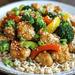 For this dish, gather these simple ingredients: - 1 lb boneless, skinless chicken thighs, cut into bite-sized pieces - 2 tablespoons low-sodium soy sauce - 1 tablespoon honey or maple syrup - 1 tablespoon sesame oil - 1 tablespoon rice vinegar - 2 cloves garlic, minced - 1 teaspoon fresh ginger, grated - 2 teaspoons cornstarch - 1 tablespoon sesame seeds - 1 bell pepper (any color), sliced - 1 cup broccoli florets - 2 green onions, chopped (for garnish) - Cooked brown rice or quinoa, for serving Each serving of this sesame chicken provides: - Calories: 320 - Protein: 25g - Carbohydrates: 30g - Fat: 10g - Fiber: 3g - Sugars: 5g This meal is balanced. You get protein from chicken, fiber from veggies, and healthy fats from sesame oil. You can swap ingredients to fit your taste or diet: - Use chicken breast for a leaner option. - Try agave syrup instead of honey or maple syrup for a vegan choice. - Substitute olive oil for sesame oil if you prefer a different flavor. - Add more veggies like snap peas or carrots for extra nutrients. - Use tamari instead of soy sauce for a gluten-free option. These swaps keep your sesame chicken tasty and healthy while making it fit your needs. Check out the Full Recipe for more details! Start by making a tasty marinade. In a bowl, mix together the low-sodium soy sauce, honey or maple syrup, sesame oil, rice vinegar, minced garlic, and grated ginger. This mix is key for flavor. Next, add the bite-sized chicken pieces. Make sure each piece is well-coated with the marinade. Cover the bowl and let it sit for at least 15 minutes. If you have time, marinating for up to an hour gives even more flavor. Use a large non-stick skillet or wok for cooking. Heat it over medium-high heat. Once hot, add the marinated chicken, but save some marinade for later. Cook the chicken until it turns brown and is fully cooked. This takes about 5 to 7 minutes. Now it’s time to add the veggies. Toss in the sliced bell pepper and broccoli florets. Stir-fry these for about 4 to 5 minutes. You want them to be tender but still crisp. Pour the reserved marinade over the chicken and veggies. Let it simmer for a few minutes. This helps the sauce thicken slightly. Then, mix in the cornstarch mixture you prepared earlier to make the sauce even thicker. Once the sauce is thick, it’s time to finish up. Sprinkle sesame seeds over the chicken and give it a gentle toss. This adds a nice crunch and flavor. Serve your Easy Healthy Sesame Chicken over a bed of cooked brown rice or quinoa. Don’t forget the final touch: chopped green onions on top for a fresh finish. Enjoy your joyful meal prep with this delicious dish! For the complete recipe, check out the [Full Recipe]. To get the best flavor, marinate your chicken well. Use a mix of soy sauce, honey, sesame oil, rice vinegar, garlic, and ginger. Let it sit for at least 15 minutes, but an hour is even better. The longer it marinates, the tastier it gets. Make sure to coat every piece of chicken. This way, every bite bursts with flavor. You can make this dish healthier by using less oil and sugar. Try using a sugar substitute like agave nectar. Choose low-sodium soy sauce to cut back on salt. For a fun twist, add extra veggies. Broccoli and bell peppers are great, but snap peas or carrots work too. They add crunch and color without extra calories. One common mistake is overcooking the chicken. Cook it just until it turns brown and is no longer pink inside. If you cook it too long, it becomes dry. Another mistake is skipping the cornstarch. This helps the sauce thicken and stick to the chicken. Lastly, don’t forget to stir the veggies. This keeps them crisp and colorful. Enjoy the full recipe for more tips on making this meal a hit! {{image_2}} You can easily make this dish vegetarian or vegan. Replace the chicken with tofu or tempeh. Use the same marinade to keep the flavor. For vegan options, swap honey with maple syrup. This keeps the meal sweet without using animal products. Cook the tofu until golden for a nice texture. To make this dish gluten-free, use tamari instead of soy sauce. Tamari has a similar taste and works well in marinades. Also, check the rice vinegar to ensure it's gluten-free. With these swaps, you can enjoy this meal without worry. Feel free to experiment with the veggies. You can use snap peas, carrots, or zucchini. Each will add a unique taste and crunch. If you like spicy food, add some red pepper flakes. For a sweeter touch, toss in some pineapple chunks. These swaps will make your sesame chicken exciting every time! For the full recipe, check out the Easy Healthy Sesame Chicken. After enjoying your Easy Healthy Sesame Chicken, let any leftovers cool completely. Place them in an airtight container. Store them in the fridge for up to three days. Make sure to keep the chicken and veggies together to retain flavor and moisture. When you're ready to eat your leftovers, reheat them on the stove for best results. Use medium heat and add a splash of water or broth to keep the chicken moist. Stir often until heated through, about 5 minutes. You can also use the microwave. Heat in short bursts, stirring in between, until warm. For longer storage, freeze your Easy Healthy Sesame Chicken. Place it in a freezer-safe container or bag. Make sure to remove as much air as possible to prevent freezer burn. It will keep well for up to three months. When ready to eat, thaw in the fridge overnight. Reheat as mentioned above for tasty results. You can pair Easy Healthy Sesame Chicken with several tasty sides. I love serving it with brown rice or quinoa. They soak up the sauce well and add fiber. You can also add steamed vegetables, like broccoli or snap peas. A fresh salad with crunchy veggies is another great choice. Each option adds color and flavor to your meal. Yes, you can use chicken breast instead of thighs. Chicken breast is leaner and cooks faster. Just remember, it may be less juicy than thighs. To keep it moist, avoid overcooking. Adjust the cooking time to about 4-6 minutes. This way, you still get a delicious and healthy dish. Store your leftovers in an airtight container. They will last for up to 3-4 days in the fridge. Make sure to cool the sesame chicken before sealing it. This keeps it fresh and tasty. If you want to enjoy it later, consider freezing it. Absolutely! This recipe is perfect for meal prep. You can easily make a big batch. Just divide it into portions and store them in containers. It reheats well, so you can enjoy it throughout the week. Pair it with whole grains and veggies for a balanced meal. Check out the Full Recipe for more tips on meal prep! You now have all the details needed to make Easy Healthy Sesame Chicken. From choosing the right ingredients to following step-by-step cooking instructions, each part of this guide helps you craft a tasty dish. Remember quick tips for flavor and healthy swaps that keep the taste intact. You can even explore variations and proper storage tips to enjoy this meal longer. Use this knowledge to create meals you love and feel good about. Happy cooking!
