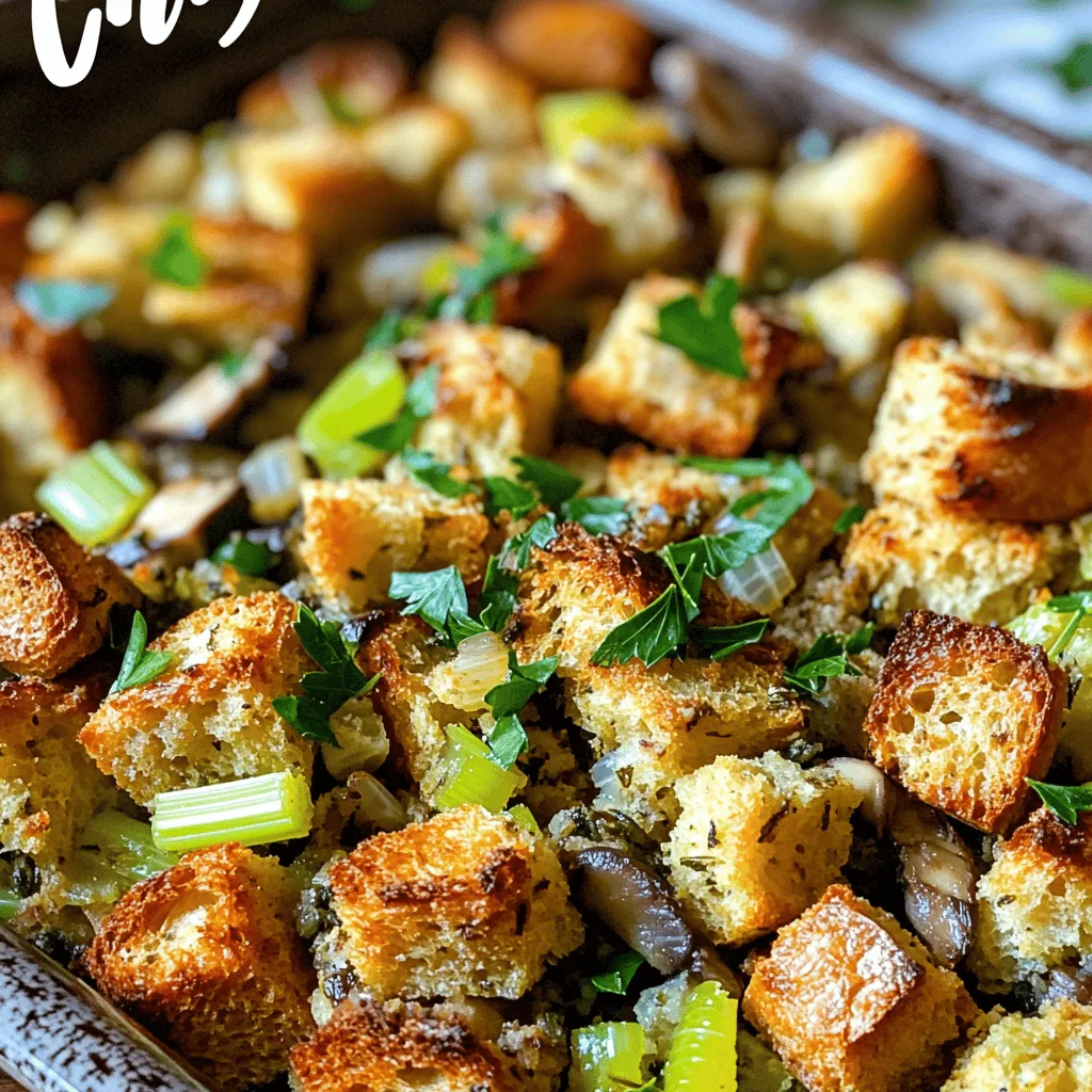 - Rustic bread cubes - Diced vegetables - Herbs and spices - Broth and seasonings You can swap the rustic bread with other types. Use sourdough or whole grain bread for a twist. If you want a gluten-free option, try gluten-free bread. For vegetables, celery and onion are classic, but feel free to use leeks or carrots. You can also add bell peppers for sweetness. If you don't have vegetable broth, chicken broth works well too. Water can be a last resort, but it lacks flavor. Using fresh herbs makes a big difference in flavor. Fresh parsley, for example, adds brightness. Dried herbs can still work, but they lose some potency. Rehydrating dried herbs in hot water first can help. This way, they release their flavor better. Fresh herbs should be added at the end to keep their taste vibrant. To start, you need dry bread cubes. I recommend using rustic bread for the best taste. First, preheat your oven to 350°F (175°C). Spread the cubed bread on a baking sheet. Toast it in the oven for about 15 minutes. You want the bread to be slightly golden. This toasting process helps the bread hold up when you add the broth. Dry cubes soak up the flavors but stay firm. Avoid using soft bread; it can make the stuffing mushy. Next, let’s sauté the vegetables. In a large skillet, melt 1/2 cup of unsalted butter over medium heat. Add 1 cup each of diced celery and onion. Cook them for about 5 minutes until they soften. Then, stir in 1 cup of diced mushrooms and 2-3 minced garlic cloves. Cook these for another 3-4 minutes. This timing helps develop the flavors. Make sure the mushrooms are tender before moving on. The aroma will fill your kitchen! Now it's time to bring everything together. In a large mixing bowl, combine the toasted bread and your sautéed vegetables. Gradually pour in 2-3 cups of vegetable broth. Start with 2 cups and add more if needed. You want the bread to be moist but not soggy. Mix gently to coat all the bread cubes evenly. This step ensures that every bite is full of flavor. Finally, fold in 1/4 cup of chopped fresh parsley for a pop of color and taste. This is crucial for a fresh finish, making your stuffing stand out. For the complete recipe, please refer to the Full Recipe section. To boost the taste of your stuffing, try adding nuts or dried fruits. Walnuts, pecans, or dried cranberries add a nice crunch and sweetness. Just chop them up and mix them in with the bread. Adjusting seasoning can also make a big difference. Always taste your mix and add more salt, pepper, or herbs as needed. You can prepare stuffing early for a stress-free cooking day. Start by following the recipe up to mixing in the broth. Then, cover your bowl and store it in the fridge for up to two days. Make sure to keep it safe by using an airtight container. When you’re ready to bake, just add broth and follow the baking steps. To get a golden and crispy top, bake your stuffing uncovered for the last 10-15 minutes. This lets the heat circulate and creates that perfect crunch. To avoid sogginess, don’t add too much broth. Start with two cups and add more only if needed. The bread should soak up the liquid but not drown in it. For the complete recipe, check out the Full Recipe. {{image_2}} You can use different types of bread for stuffing. Cornbread adds a sweet touch. It gives a nice texture and flavor. Bagels can also work well. They create a chewy, hearty stuffing. Both options change how the stuffing tastes and feels. Using rustic bread is classic, but getting creative is fun. Try using a mix of breads. This can add depth to your dish. Each type brings its own flavor and texture. You can play with what you like best. Regional styles of stuffing are diverse and tasty. Southern-style stuffing often includes sausage and spices. This adds richness and warmth to the dish. In contrast, some people prefer vegetarian or vegan stuffing. You can use mushrooms, nuts, or beans as protein sources. Adding seasonal vegetables boosts flavor and nutrition. This way, you can make stuffing that fits your diet and tastes. Everyone can enjoy a version that suits their needs. Think outside the box when adding unique ingredients. Sausage can add a savory kick. It pairs well with herbs to enhance flavor. Seafood is another option. Shrimp or crab can create a coastal twist. When using unique ingredients, consider your flavor profiles. Balance rich flavors with fresh herbs. This keeps the stuffing light and exciting. Don’t hesitate to experiment. You might find a new favorite recipe. For a full recipe, check out the Full Recipe section. Cooked stuffing lasts for about three to four days in the fridge. To keep it fresh, store it in an airtight container. When ready to eat, reheat it in the oven or microwave. If using the oven, cover it with foil to keep moisture in. Heat until it's warm all the way through. This method helps preserve its flavor and texture. You can freeze stuffing either before or after baking. To freeze before baking, assemble the stuffing and place it in a freezer-safe dish. Cover it tightly, then freeze. To freeze after baking, let it cool completely before wrapping it. Use freezer wrap or a zip-top bag. When ready to use, thaw it in the fridge overnight. Bake it at 350°F (175°C) until heated through. Check for signs of spoilage before eating. Look for mold, bad smells, or a slimy texture. These signs mean it’s time to throw it away. Always practice good food safety. If you are not sure about the stuffing, it is better to be safe than sorry. Enjoy your stuffing while it’s fresh to savor that homemade flavor! You can use water if you need a quick option. Homemade stock adds great flavor too. Just simmer bones, veggies, and herbs in water to create your stock. This option brings extra taste to your stuffing. Yes, you can make stuffing without bread. Try using cooked rice or quinoa as a base. Cauliflower rice also works well for a gluten-free version. These options provide a different texture but still hold the flavors. To keep your stuffing moist, adjust the liquid amounts carefully. Start with two cups of broth. Add more if the mix feels too dry. You want it damp but not soggy. Mixing well helps distribute moisture evenly. Stuffing your turkey can be safe, but you must follow some rules. First, cook your stuffing to at least 165°F (73.9°C). This temperature kills any harmful bacteria. If you stuff the turkey, cook it right after stuffing. Never leave it sitting. Always check the center of the stuffing for doneness. This ensures a safe and tasty meal. Making stuffing is simple and fun. You learned about key ingredients like bread, veggies, and broth. We covered ways to swap ingredients and tips for using fresh versus dried herbs. The step-by-step instructions helped you prepare and bake your stuffing just right. Remember, you can add unique ingredients or try different bread types for variety. Store leftovers properly to enjoy later. With these tips in mind, you’re now ready to make stuffing that will impress everyone. Enjoy your cooking!