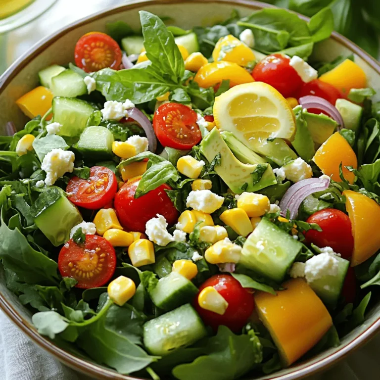 - 4 cups mixed greens (arugula, spinach, and romaine) - 1 cup cherry tomatoes, halved - 1 cucumber, diced - 1 bell pepper (red or yellow), diced - 1 cup corn (fresh or canned) - 1/4 cup fresh herbs (basil and cilantro), chopped I love to start with mixed greens. They add a fresh, crisp base. I use arugula, spinach, and romaine. Each green brings a unique taste. Next, I add cherry tomatoes for a sweet burst. Their bright color makes the salad pop. Diced cucumber adds crunch, while bell pepper adds a mild sweetness. For a fun twist, I toss in corn. Fresh herbs like basil and cilantro bring a lovely aroma. They enhance the salad's flavor and make it vibrant. - 1 avocado, diced - 1/2 cup feta cheese, crumbled For protein, I choose avocado. Its creamy texture balances the crisp greens. Dice it gently so it stays intact. Feta cheese adds a salty bite. Its crumbles sprinkle nicely over the salad. Together, these ingredients make the dish filling and tasty. - 3 tablespoons olive oil - 2 tablespoons lemon juice - Salt and pepper to taste Now, let's talk about dressing. I mix olive oil and lemon juice for a tangy taste. This dressing is simple yet bright. A pinch of salt and pepper adds flavor. I whisk it well until it blends. This dressing is the final touch to our summer salad. It brings all the flavors together. You can find the complete recipe in the [Full Recipe]. Enjoy creating this easy summer dinner salad! 1. Start by washing and drying your mixed greens. I like to use arugula, spinach, and romaine for a tasty base. 2. Place the clean greens in a large salad bowl. This step is key to a fresh salad. 3. Now, add the halved cherry tomatoes and diced cucumber. Mix them gently to blend the flavors. 4. Next, incorporate the diced bell pepper and corn. Stir everything together for a burst of color. 1. Carefully fold in the diced avocado and crumbled feta cheese. Be gentle to keep the avocado intact. 2. Sprinkle the thinly sliced red onion and chopped fresh herbs over the salad. This adds freshness and a nice crunch. 3. In a small bowl, whisk together the olive oil, lemon juice, salt, and pepper. This dressing brings everything together. 4. Drizzle the dressing over the salad just before serving. Toss lightly to coat all the ingredients evenly. 1. For a beautiful presentation, serve the salad in wide, shallow bowls. 2. Garnish with an extra wedge of lemon and a sprig of fresh basil on top. This adds a pop of color and flavor. 3. Enjoy your Easy Summer Dinner Salad, bursting with fresh flavors and vibrant colors! Check the Full Recipe for more details. You can easily make this salad your own. Adding protein is a great choice. Grilled chicken, shrimp, or even beans are tasty options. If you want a vegetarian twist, chickpeas or lentils work well, too. For a heartier meal, toss in some quinoa. You can also swap in seasonal veggies. Try using zucchini, radishes, or snap peas based on what's fresh. You can mix and match these vegetables to keep things fun and exciting. To amp up the flavor, play with your dressings. A balsamic vinaigrette or a creamy ranch can change the whole vibe. You might also try a yogurt-based dressing for a creamy touch without the heaviness. Add spices to boost taste. A sprinkle of chili flakes can add some heat. Fresh herbs like dill or parsley can also brighten the salad. Experiment with these options to find your favorite combo. Meal prep saves time. Chop your veggies ahead of time and store them in the fridge. You can make the dressing and keep it in a jar for easy access. This way, you can whip up your salad in minutes. Think about using pre-cooked proteins. Grilled chicken strips or canned beans are quick and easy. With these shortcuts, you'll enjoy a fresh salad without the fuss. If you want the full recipe, check out Easy Summer Dinner Salad. {{image_2}} You can easily adjust this salad for different diets. For a vegetarian option, skip the feta cheese or use a plant-based cheese. If you want a vegan salad, leave out the cheese and add more avocado or nuts for creaminess. To make it gluten-free, ensure your dressing is gluten-free. Most oils and vinegars are safe, but always check labels. You can change the theme of your salad with different ingredients. For a Mediterranean twist, add olives, artichokes, and roasted red peppers. Use a lemon-oregano dressing for extra zest. If you prefer a Southwest style, mix in black beans, corn, and diced jalapeños. A honey-lime dressing matches well with these flavors. Using fresh, seasonal produce makes your salad even better. In summer, use juicy heirloom tomatoes and sweet corn. In the fall, swap the greens for kale and add roasted squash. Winter salads can include citrus fruits like oranges and grapefruits. Always think about what’s in season for the best taste and nutrition. To keep your mixed greens fresh, store them in the fridge. Use a clean, dry container. Wrap the greens in a damp paper towel to maintain moisture. Place the towel and greens in a sealed bag. For veggies like cucumbers and bell peppers, keep them in the crisper drawer. Store cherry tomatoes at room temperature for the best flavor. Avoid washing them until you’re ready to use them. You can prepare your Easy Summer Dinner Salad in advance. Mix the greens and veggies, but skip the dressing. Store the salad in a sealed container in the fridge for up to two days. When you're ready to eat, add the dressing to keep everything crunchy. If you want to make it even fresher, add avocado just before serving. If you have leftover salad, get creative! Toss it with cooked pasta for a quick meal. You can also use the salad as a filling for wraps or sandwiches. Another option is to blend the salad with some broth to make a refreshing soup. Don't waste those tasty ingredients! You can store the Easy Summer Dinner Salad for up to three days. Freshness depends on several factors. First, how you store it matters. Keep it in an airtight container. This helps prevent wilting. Second, the ingredients you use affect shelf life. For example, tomatoes can spoil faster. If you want to keep it fresh longer, avoid mixing in the dressing until you serve it. To make the salad more filling, consider adding protein-rich toppings. Grilled chicken is a great choice. You can also use chickpeas or black beans. They add texture and flavor. Another option is hard-boiled eggs. They give a nice creamy taste. If you prefer seafood, shrimp or tuna can work well too. Adding these ingredients can turn your salad into a complete meal. Yes, you can use different greens for this salad. If you want a spicier taste, try arugula instead of mixed greens. Kale is another healthy choice. It adds a nice crunch. You can also use spinach for a softer feel. Each type of green brings its own flavor and texture. Experiment to find what you enjoy most! This blog post shared easy steps to create a fresh and tasty salad. We explored the best produce, proteins, and dressings to use. You learned how to prepare, combine, and serve your salad for any occasion. Plus, we covered customization options and storage tips. Salads can be simple yet full of flavor. Try different ingredients and have fun with it. Enjoy experimenting to find your favorite mix!