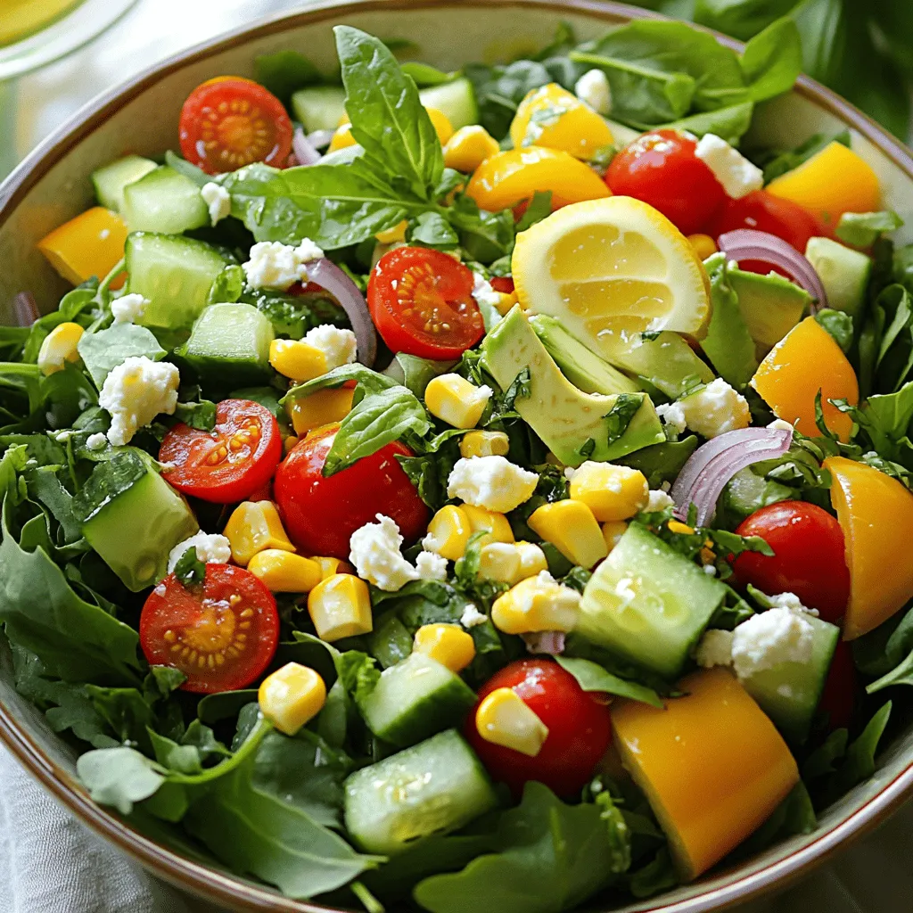 - 4 cups mixed greens (arugula, spinach, and romaine) - 1 cup cherry tomatoes, halved - 1 cucumber, diced - 1 bell pepper (red or yellow), diced - 1 cup corn (fresh or canned) - 1/4 cup fresh herbs (basil and cilantro), chopped I love to start with mixed greens. They add a fresh, crisp base. I use arugula, spinach, and romaine. Each green brings a unique taste. Next, I add cherry tomatoes for a sweet burst. Their bright color makes the salad pop. Diced cucumber adds crunch, while bell pepper adds a mild sweetness. For a fun twist, I toss in corn. Fresh herbs like basil and cilantro bring a lovely aroma. They enhance the salad's flavor and make it vibrant. - 1 avocado, diced - 1/2 cup feta cheese, crumbled For protein, I choose avocado. Its creamy texture balances the crisp greens. Dice it gently so it stays intact. Feta cheese adds a salty bite. Its crumbles sprinkle nicely over the salad. Together, these ingredients make the dish filling and tasty. - 3 tablespoons olive oil - 2 tablespoons lemon juice - Salt and pepper to taste Now, let's talk about dressing. I mix olive oil and lemon juice for a tangy taste. This dressing is simple yet bright. A pinch of salt and pepper adds flavor. I whisk it well until it blends. This dressing is the final touch to our summer salad. It brings all the flavors together. You can find the complete recipe in the [Full Recipe]. Enjoy creating this easy summer dinner salad! 1. Start by washing and drying your mixed greens. I like to use arugula, spinach, and romaine for a tasty base. 2. Place the clean greens in a large salad bowl. This step is key to a fresh salad. 3. Now, add the halved cherry tomatoes and diced cucumber. Mix them gently to blend the flavors. 4. Next, incorporate the diced bell pepper and corn. Stir everything together for a burst of color. 1. Carefully fold in the diced avocado and crumbled feta cheese. Be gentle to keep the avocado intact. 2. Sprinkle the thinly sliced red onion and chopped fresh herbs over the salad. This adds freshness and a nice crunch. 3. In a small bowl, whisk together the olive oil, lemon juice, salt, and pepper. This dressing brings everything together. 4. Drizzle the dressing over the salad just before serving. Toss lightly to coat all the ingredients evenly. 1. For a beautiful presentation, serve the salad in wide, shallow bowls. 2. Garnish with an extra wedge of lemon and a sprig of fresh basil on top. This adds a pop of color and flavor. 3. Enjoy your Easy Summer Dinner Salad, bursting with fresh flavors and vibrant colors! Check the Full Recipe for more details. You can easily make this salad your own. Adding protein is a great choice. Grilled chicken, shrimp, or even beans are tasty options. If you want a vegetarian twist, chickpeas or lentils work well, too. For a heartier meal, toss in some quinoa. You can also swap in seasonal veggies. Try using zucchini, radishes, or snap peas based on what's fresh. You can mix and match these vegetables to keep things fun and exciting. To amp up the flavor, play with your dressings. A balsamic vinaigrette or a creamy ranch can change the whole vibe. You might also try a yogurt-based dressing for a creamy touch without the heaviness. Add spices to boost taste. A sprinkle of chili flakes can add some heat. Fresh herbs like dill or parsley can also brighten the salad. Experiment with these options to find your favorite combo. Meal prep saves time. Chop your veggies ahead of time and store them in the fridge. You can make the dressing and keep it in a jar for easy access. This way, you can whip up your salad in minutes. Think about using pre-cooked proteins. Grilled chicken strips or canned beans are quick and easy. With these shortcuts, you'll enjoy a fresh salad without the fuss. If you want the full recipe, check out Easy Summer Dinner Salad. {{image_2}} You can easily adjust this salad for different diets. For a vegetarian option, skip the feta cheese or use a plant-based cheese. If you want a vegan salad, leave out the cheese and add more avocado or nuts for creaminess. To make it gluten-free, ensure your dressing is gluten-free. Most oils and vinegars are safe, but always check labels. You can change the theme of your salad with different ingredients. For a Mediterranean twist, add olives, artichokes, and roasted red peppers. Use a lemon-oregano dressing for extra zest. If you prefer a Southwest style, mix in black beans, corn, and diced jalapeños. A honey-lime dressing matches well with these flavors. Using fresh, seasonal produce makes your salad even better. In summer, use juicy heirloom tomatoes and sweet corn. In the fall, swap the greens for kale and add roasted squash. Winter salads can include citrus fruits like oranges and grapefruits. Always think about what’s in season for the best taste and nutrition. To keep your mixed greens fresh, store them in the fridge. Use a clean, dry container. Wrap the greens in a damp paper towel to maintain moisture. Place the towel and greens in a sealed bag. For veggies like cucumbers and bell peppers, keep them in the crisper drawer. Store cherry tomatoes at room temperature for the best flavor. Avoid washing them until you’re ready to use them. You can prepare your Easy Summer Dinner Salad in advance. Mix the greens and veggies, but skip the dressing. Store the salad in a sealed container in the fridge for up to two days. When you're ready to eat, add the dressing to keep everything crunchy. If you want to make it even fresher, add avocado just before serving. If you have leftover salad, get creative! Toss it with cooked pasta for a quick meal. You can also use the salad as a filling for wraps or sandwiches. Another option is to blend the salad with some broth to make a refreshing soup. Don't waste those tasty ingredients! You can store the Easy Summer Dinner Salad for up to three days. Freshness depends on several factors. First, how you store it matters. Keep it in an airtight container. This helps prevent wilting. Second, the ingredients you use affect shelf life. For example, tomatoes can spoil faster. If you want to keep it fresh longer, avoid mixing in the dressing until you serve it. To make the salad more filling, consider adding protein-rich toppings. Grilled chicken is a great choice. You can also use chickpeas or black beans. They add texture and flavor. Another option is hard-boiled eggs. They give a nice creamy taste. If you prefer seafood, shrimp or tuna can work well too. Adding these ingredients can turn your salad into a complete meal. Yes, you can use different greens for this salad. If you want a spicier taste, try arugula instead of mixed greens. Kale is another healthy choice. It adds a nice crunch. You can also use spinach for a softer feel. Each type of green brings its own flavor and texture. Experiment to find what you enjoy most! This blog post shared easy steps to create a fresh and tasty salad. We explored the best produce, proteins, and dressings to use. You learned how to prepare, combine, and serve your salad for any occasion. Plus, we covered customization options and storage tips. Salads can be simple yet full of flavor. Try different ingredients and have fun with it. Enjoy experimenting to find your favorite mix!
