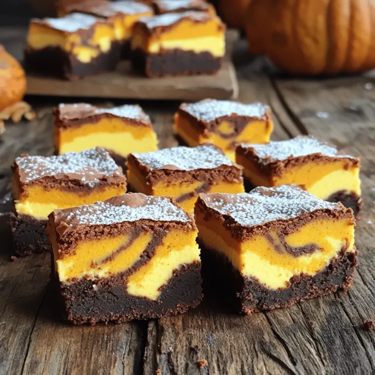 To make pumpkin cheesecake swirl brownies, you need these ingredients: - 1 cup unsweetened cocoa powder - 1 cup all-purpose flour - 1/2 teaspoon baking powder - 1/2 teaspoon salt - 1 cup granulated sugar - 1/2 cup unsalted butter, melted - 3 large eggs - 1 teaspoon pure vanilla extract - 1 cup pumpkin purée - 1 teaspoon pumpkin pie spice - 8 ounces cream cheese, softened - 1/2 cup powdered sugar These ingredients blend together to create rich, creamy brownies. The cocoa gives the brownies a deep flavor. The pumpkin adds moisture and a nice fall taste. The cream cheese swirl makes each bite feel special. You can make swaps if you need to. Here are some ideas: - Cocoa Powder: Use Dutch-processed cocoa for a smoother taste. - All-Purpose Flour: Swap with gluten-free flour if you're avoiding gluten. - Granulated Sugar: Coconut sugar can work if you want a healthier option. - Unsalted Butter: You can replace it with coconut oil or vegetable oil. - Cream Cheese: A dairy-free cream cheese works great for a vegan option. These swaps help you customize your brownies without losing flavor. For gluten-free brownies, use a gluten-free flour blend. This keeps the texture while removing gluten. If you're vegan, use flax eggs instead of eggs. Mix 1 tablespoon ground flaxseed with 2.5 tablespoons water per egg, then let it sit. For the cream cheese, use a dairy-free alternative. These changes let everyone enjoy the brownies. Creating this treat offers something for everyone, whether they follow a specific diet or just want a delicious dessert. For the full recipe, check out the instructions above to create your own delightful pumpkin cheesecake swirl brownies. Start by preheating your oven to 350°F (175°C). Grease a 9x13-inch baking pan with butter. You can also line it with parchment paper. This helps in easy removal later. In a medium bowl, whisk together the dry ingredients. Combine 1 cup of cocoa powder, 1 cup of flour, 1/2 teaspoon of baking powder, and 1/2 teaspoon of salt. Set this mixture aside. In a large bowl, mix 1 cup of granulated sugar with 1/2 cup of melted butter. Whisk until smooth. Add 3 large eggs, one at a time. Mix well after each egg. Finally, stir in 1 teaspoon of vanilla extract. Slowly add the dry mix to the wet mix. Fold gently until just combined. In another bowl, beat 8 ounces of softened cream cheese with 1/2 cup of powdered sugar. Mix until smooth. Then, add 1 cup of pumpkin purée and 1 teaspoon of pumpkin pie spice. Mix until fully blended and creamy. Pour about two-thirds of the brownie batter into your baking pan. Spread it evenly. Next, spoon the pumpkin cheesecake mixture over the top. Finish by dolloping the remaining brownie batter on top. To create the swirl, use a knife or skewer. Gently drag it through the batter. This creates a lovely marbled look. Place the pan in your preheated oven. Bake for 25-30 minutes. Check for doneness by inserting a toothpick into the center. It should come out with a few moist crumbs, not wet batter. Once baked, let the brownies cool completely in the pan on a wire rack. This helps them set nicely before you cut them into squares. For the full recipe, refer to the earlier section. To get that stunning swirl, dollop the pumpkin cheesecake mixture onto the brownie batter. Use a knife or skewer to swirl gently. Don’t mix too much! You want to see both layers. A little twist creates that marbled look we all love. For fudgy brownies, do not overmix the batter. This keeps them dense and rich. Bake just until a toothpick shows a few moist crumbs. Overbaking can make them dry. Let them cool completely to set the perfect texture. Use a 9x13-inch baking pan for even cooking. A whisk helps blend the ingredients smoothly. A rubber spatula works well for folding the batter. I also recommend a sharp knife for swirling. These tools make the process easier and more fun. For detailed steps, check out the Full Recipe. {{image_2}} You can easily take your pumpkin cheesecake swirl brownies to the next level. Just add nuts or chocolate chips. Walnuts or pecans give a nice crunch. They also add flavor that contrasts with the creamy cheesecake. If you love chocolate, try adding chocolate chips. They melt and create pockets of gooey goodness. Mix in about half a cup before you swirl in the cheesecake layer. Sometimes, it’s fun to switch things up. You can replace pumpkin with other flavors in the cheesecake swirl. Try using sweet potato for a twist. Cream cheese mixed with maple syrup can also work well. For a fruity option, mix in mashed bananas or pureed strawberries. Just make sure to adjust the sweetness. This keeps the balance right and makes each bite exciting. Seasonal flavors make these brownies even more special. For fall or winter, add gingerbread spice to the cheesecake mix. This brings warmth and a cozy feel to every bite. In December, you might like to add peppermint extract. This gives a fresh kick and pairs well with chocolate. Just a few drops will do. Adjust the amount to your taste. These twists let you enjoy a new treat each season! For full details, check the Full Recipe. To keep your pumpkin cheesecake swirl brownies fresh, store them in an airtight container. This prevents them from drying out. Place a piece of parchment paper between layers to avoid sticking. If you plan to eat them within a few days, keep them at room temperature. For longer storage, the fridge works well too. When you're ready to enjoy your brownies, reheating can bring back their warmth. Preheat your oven to 350°F (175°C). Place the brownies on a baking sheet. Heat for about 10 minutes or until warm. You can also microwave them for 15-20 seconds. Just be careful not to overheat, as that can make them tough. If you want to save some brownies for later, freezing works great. Cut them into squares and wrap each piece in plastic wrap. Then, place all the wrapped brownies in a freezer bag. They can last up to three months in the freezer. When you're ready to eat, let them thaw in the fridge overnight or at room temperature for a few hours. Enjoy your tasty treat fresh from the freezer! For the full recipe, see the section above. Yes, you can make these brownies ahead of time. They store well for a few days. Just let them cool completely before wrapping them. Use plastic wrap or an airtight container to keep them fresh. Brownies taste even better after a day, as their flavors meld. If you need to replace cream cheese, try using mascarpone cheese. It has a similar texture and taste. You can also use Greek yogurt for a lighter option. For a vegan choice, cashew cream works well. Blend soaked cashews with a bit of lemon juice for a creamy texture. Check your brownies around 25 minutes of baking time. Insert a toothpick in the center. If it comes out with a few moist crumbs, they are done. If wet batter sticks to the toothpick, bake for a few more minutes. Remember, they will continue to cook slightly as they cool. Serve these brownies warm with a scoop of vanilla ice cream. They pair well with whipped cream, too. You can also dust them with powdered sugar for a pretty touch. For a fun twist, drizzle caramel or chocolate sauce on top. Yes, fresh pumpkin works great in this recipe! Roast a small pumpkin until tender, then scoop out the flesh. Blend it until smooth to match the consistency of canned pumpkin. This adds a fresh flavor to your brownies. Just ensure you measure the same amount as the canned version. For the full recipe, check out the details above. You learned how to make delicious pumpkin cheesecake swirl brownies. We covered key ingredients, easy steps, and helpful tips. You can get creative with flavors or dietary swaps. Store your brownies the right way to keep them fresh. Remember, the best brownies come from your kitchen. Enjoy baking, experimenting, and sharing this tasty treat with others!