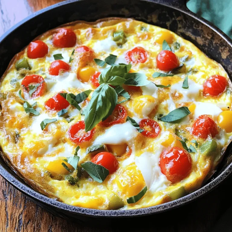 To make a tasty cheesy veggie frittata, you need some key ingredients. Start with: - 6 large eggs - 1 cup spinach, chopped - 1 cup bell peppers (mixed colors), diced - 1/2 cup onion, finely chopped - 1/2 cup cherry tomatoes, halved - 1 cup shredded cheese (cheddar and mozzarella blend) - 1/4 cup milk - 2 tablespoons olive oil These ingredients bring great flavor and color to your dish. The eggs and milk create a rich base. The fresh veggies add texture and nutrients. The cheese gives it that delicious gooeyness. Don’t forget to add some seasoning. Here’s what you need: - Salt and pepper to taste - Olive oil for cooking - Fresh herbs (like basil or parsley) for garnish Salt and pepper enhance the taste of your frittata. Olive oil helps cook the veggies nicely. Fresh herbs not only look pretty but also add a burst of flavor. For the full recipe, check out the recipe card! To start, you need to prep your oven and skillet. Preheat your oven to 375°F (190°C). This helps the frittata cook evenly. Use an oven-safe skillet for the best results. A cast-iron skillet works great for this recipe. Next, whisk the egg mixture. In a big mixing bowl, crack six large eggs. Add 1/4 cup of milk. Whisk until the mixture is smooth. Season it with salt and pepper to taste. This is where the flavor starts! Now, it’s time to sauté the vegetables. Heat 2 tablespoons of olive oil in your skillet over medium heat. Add 1/2 cup of finely chopped onion and 1 cup of diced bell peppers. Sauté them for about 3-4 minutes, until they soften. Next, combine the veggies with the egg mixture. Add 1 cup of chopped spinach and 1/2 cup of halved cherry tomatoes to the skillet. Cook for another 2-3 minutes. The spinach should wilt, and the tomatoes should soften a bit. Spread the veggies evenly across the skillet. Pour the egg mixture over the veggies. Make sure it covers everything well. Now, we bake the frittata. Sprinkle 1 cup of shredded cheese on top of the egg-vegetable mix. Cook it on the stovetop for about 3-4 minutes. You want the edges to start setting. Then, transfer the skillet to the preheated oven. Bake for 15-20 minutes. The frittata should puff up, and a toothpick should come out clean when inserted in the center. Once it's done, remove it from the oven and let it cool for a few minutes. Cut it into wedges and garnish with fresh herbs like basil or parsley. This adds a nice touch! Enjoy your cheesy veggie frittata as a tasty meal or snack. For the detailed recipe, check the Full Recipe section. To make your frittata fluffy, use fresh eggs. They help create a light texture. Whisk the eggs well with milk. This adds air and makes it rise. Avoid overcooking the frittata. If you cook it too long, it gets rubbery. Cook on medium heat and watch closely. Remove it from the oven when a toothpick comes out clean. Use fresh herbs like basil or parsley for bright flavor. They add a nice touch to your frittata. You can also try spices like paprika or garlic powder. These spices add depth and warmth. For cheese, mix it up! Use a blend of cheddar and mozzarella for creaminess. You can also try feta for a tangy twist. Adjust the cheese to match your taste. Use a good oven-safe skillet. Cast iron or non-stick works well. These skillets help cook evenly and make serving easy. Make sure your baking dish is oven-safe. This is key for a well-cooked frittata. If you don’t have an oven-safe skillet, transfer the mixture to a baking dish before baking. {{image_2}} You can easily swap ingredients in your frittata. If you want a twist, try using zucchini or mushrooms instead of bell peppers. Both add great texture and taste. You can also mix in other veggies, like broccoli or kale, depending on what you have at home. For cheese, consider using feta or goat cheese if you want something different. These cheeses offer a tangy taste that pairs well with the veggies. Feel free to mix different cheeses to find your favorite blend. Making your frittata vegan is simple! Replace the eggs with a mixture of silken tofu and a bit of turmeric for color. You can still add your favorite veggies and seasonings. For a vegetarian option, stick to the original recipe, but skip the cheese or use a dairy-free version. If you're watching carbs, you can skip the milk and use fewer starchy veggies. Focus on spinach, bell peppers, and tomatoes. This keeps your frittata light and healthy. Pair your frittata with fresh fruit or a light salad for a complete meal. A side of mixed greens adds nice crunch and flavor. You can also enjoy it with whole-grain toast for some extra fiber. If you’re busy during the week, this frittata is a great meal prep option. Cut it into wedges and store them in the fridge. You can quickly reheat a slice for breakfast or lunch. For more ideas, check the Full Recipe. To store leftovers, place the frittata in an airtight container. This keeps it fresh longer. You can keep it in the fridge for up to four days. Make sure to let it cool down first before sealing it. For reheating, you can use the microwave or the oven. If using a microwave, heat it in short bursts. Start with 30 seconds, then check if it's warm. For the oven, preheat it to 350°F (175°C). Place the frittata in an oven-safe dish for about 10-15 minutes. This gives it a nice texture. For meal prep, slice the frittata into portions. Store each piece separately for easy access. This way, you can enjoy it throughout the week. You can freeze portions of the frittata, too. Wrap each slice tightly in plastic wrap, then place them in a freezer bag. It can last up to three months in the freezer. When you’re ready to eat, thaw it in the fridge overnight. For cooking, reheat it in the oven at 350°F (175°C) until it’s hot all the way through. Enjoy your cheesy veggie frittata anytime! For the full recipe, check out the [Full Recipe]. A frittata can last about 3 to 4 days in the fridge. To store it, place it in an airtight container. This keeps it fresh and safe to eat. Check for signs of spoilage, like a sour smell or mold. If you see these, toss it out. Yes, you can make a frittata ahead of time. It’s great for meal prep! Cool it down fully before storing. You can slice it into wedges for easy serving. Keep it in an airtight container in the fridge. Reheat it quickly in the oven or microwave. A frittata and an omelet differ mainly in how you make them. A frittata cooks slowly in the oven and has a thicker texture. You mix in the veggies and cheese before cooking. An omelet cooks faster in a pan and is usually folded. Its texture is softer and thinner. Both are tasty, but they have unique styles! Making a cheesy veggie frittata is simple and fun. You need basic ingredients like eggs, fresh veggies, and cheese. Follow the steps to whip it up and achieve the perfect texture using my tips. You can even swap ingredients for variety or adapt it to fit your diet. Store leftovers correctly, and enjoy them later! With these ideas, you can impress anyone with your cooking skills. Your next meal can be both delicious and satisfying!